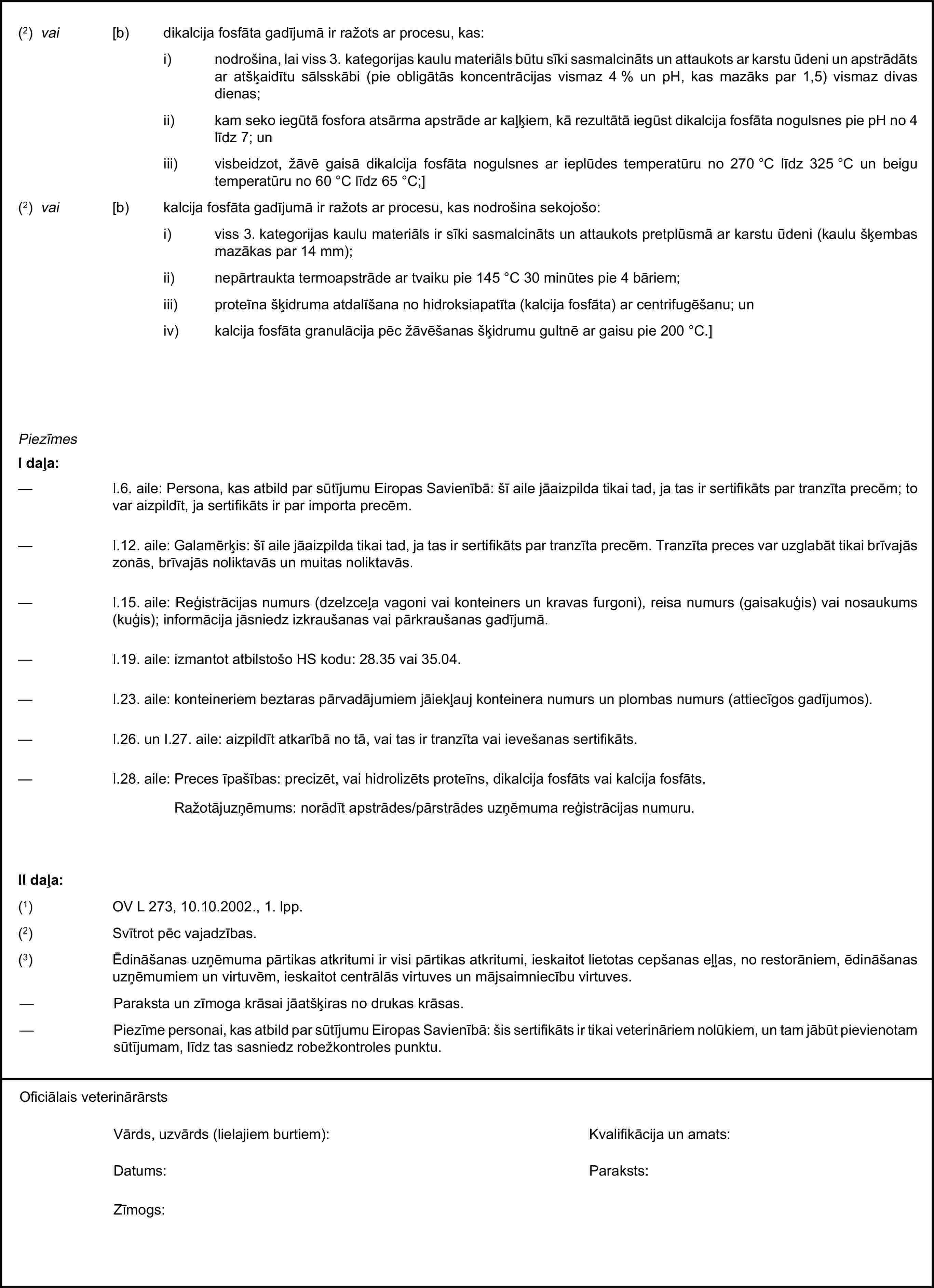 (2) vai [b) dikalcija fosfāta gadījumā ir ražots ar procesu, kas:i) nodrošina, lai viss 3. kategorijas kaulu materiāls būtu sīki sasmalcināts un attaukots ar karstu ūdeni un apstrādāts ar atšķaidītu sālsskābi (pie obligātās koncentrācijas vismaz 4 % un pH, kas mazāks par 1,5) vismaz divas dienas;ii) kam seko iegūtā fosfora atsārma apstrāde ar kaļķiem, kā rezultātā iegūst dikalcija fosfāta nogulsnes pie pH no 4 līdz 7; uniii) visbeidzot, žāvē gaisā dikalcija fosfāta nogulsnes ar ieplūdes temperatūru no 270 °C līdz 325 °C un beigu temperatūru no 60 °C līdz 65 °C;](2) vai [b) kalcija fosfāta gadījumā ir ražots ar procesu, kas nodrošina sekojošo:i) viss 3. kategorijas kaulu materiāls ir sīki sasmalcināts un attaukots pretplūsmā ar karstu ūdeni (kaulu šķembas mazākas par 14 mm);ii) nepārtraukta termoapstrāde ar tvaiku pie 145 °C 30 minūtes pie 4 bāriem;iii) proteīna šķidruma atdalīšana no hidroksiapatīta (kalcija fosfāta) ar centrifugēšanu; univ) kalcija fosfāta granulācija pēc žāvēšanas šķidrumu gultnē ar gaisu pie 200 °C.]PiezīmesI daļa:— I.6. aile: Persona, kas atbild par sūtījumu Eiropas Savienībā: šī aile jāaizpilda tikai tad, ja tas ir sertifikāts par tranzīta precēm; to var aizpildīt, ja sertifikāts ir par importa precēm.— I.12. aile: Galamērķis: šī aile jāaizpilda tikai tad, ja tas ir sertifikāts par tranzīta precēm. Tranzīta preces var uzglabāt tikai brīvajās zonās, brīvajās noliktavās un muitas noliktavās.— I.15. aile: Reģistrācijas numurs (dzelzceļa vagoni vai konteiners un kravas furgoni), reisa numurs (gaisakuģis) vai nosaukums (kuģis); informācija jāsniedz izkraušanas vai pārkraušanas gadījumā.— I.19. aile: izmantot atbilstošo HS kodu: 28.35 vai 35.04.— I.23. aile: konteineriem beztaras pārvadājumiem jāiekļauj konteinera numurs un plombas numurs (attiecīgos gadījumos).— I.26. un I.27. aile: aizpildīt atkarībā no tā, vai tas ir tranzīta vai ievešanas sertifikāts.— I.28. aile: Preces īpašības: precizēt, vai hidrolizēts proteīns, dikalcija fosfāts vai kalcija fosfāts.Ražotājuzņēmums: norādīt apstrādes/pārstrādes uzņēmuma reģistrācijas numuru.II daļa:(1) OV L 273, 10.10.2002., 1. lpp.(2) Svītrot pēc vajadzības.(3) Ēdināšanas uzņēmuma pārtikas atkritumi ir visi pārtikas atkritumi, ieskaitot lietotas cepšanas eļļas, no restorāniem, ēdināšanas uzņēmumiem un virtuvēm, ieskaitot centrālās virtuves un mājsaimniecību virtuves.— Paraksta un zīmoga krāsai jāatšķiras no drukas krāsas.— Piezīme personai, kas atbild par sūtījumu Eiropas Savienībā: šis sertifikāts ir tikai veterināriem nolūkiem, un tam jābūt pievienotam sūtījumam, līdz tas sasniedz robežkontroles punktu.Oficiālais veterinārārstsVārds, uzvārds (lielajiem burtiem):Kvalifikācija un amats:Datums:Paraksts:Zīmogs: