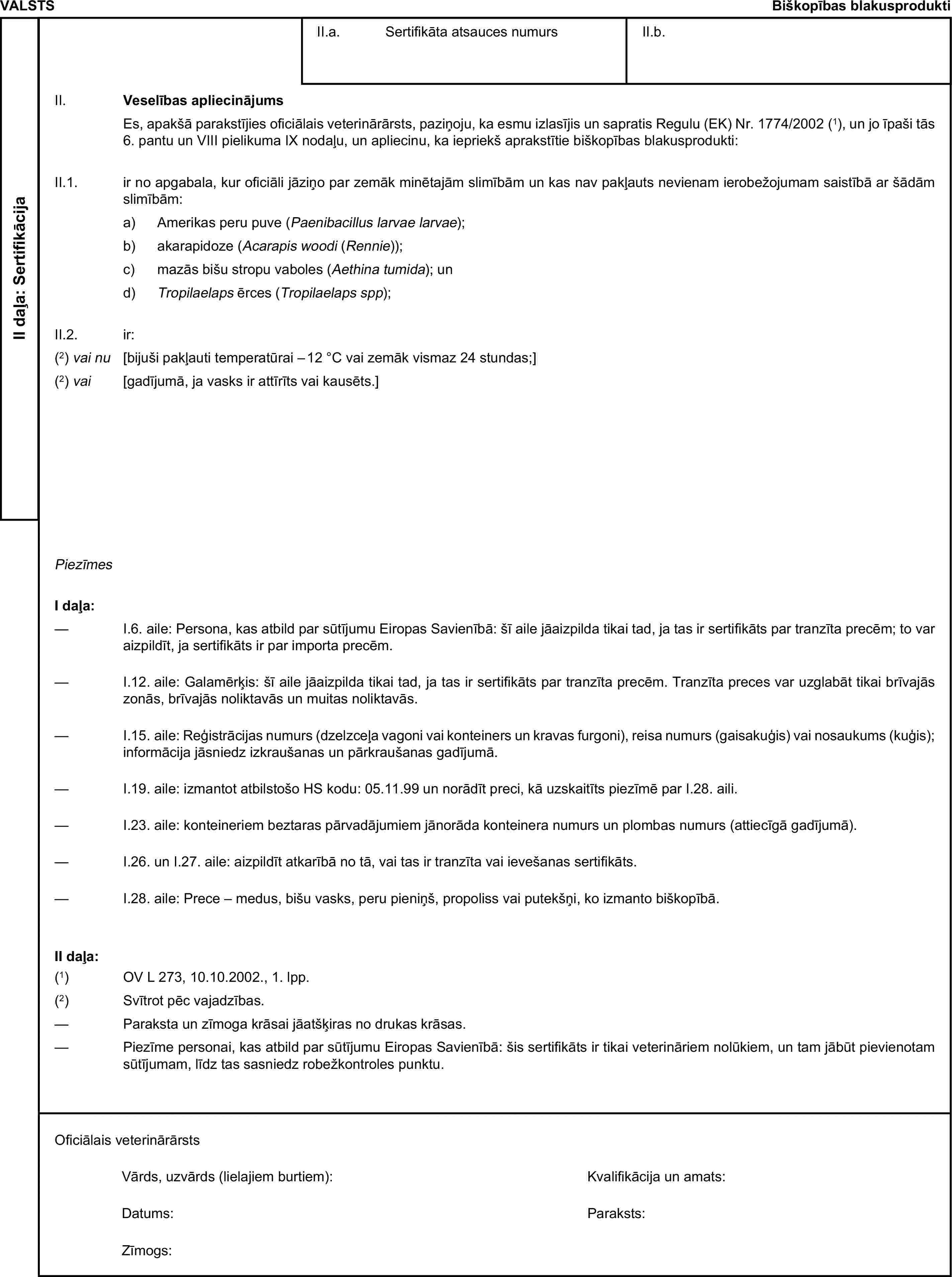 VALSTSBiškopības blakusproduktiII daļa: SertifikācijaII.a. Sertifikāta atsauces numursII.b.II. Veselības apliecinājumsEs, apakšā parakstījies oficiālais veterinārārsts, paziņoju, ka esmu izlasījis un sapratis Regulu (EK) Nr. 1774/2002 (1), un jo īpaši tās 6. pantu un VIII pielikuma IX nodaļu, un apliecinu, ka iepriekš aprakstītie biškopības blakusprodukti:II.1. ir no apgabala, kur oficiāli jāziņo par zemāk minētajām slimībām un kas nav pakļauts nevienam ierobežojumam saistībā ar šādām slimībām:a) Amerikas peru puve (Paenibacillus larvae larvae);b) akarapidoze (Acarapis woodi (Rennie));c) mazās bišu stropu vaboles (Aethina tumida); und) Tropilaelaps ērces (Tropilaelaps spp);II.2. ir:(2) vai nu [bijuši pakļauti temperatūrai – 12 °C vai zemāk vismaz 24 stundas;](2) vai [gadījumā, ja vasks ir attīrīts vai kausēts.]PiezīmesI daļa:— I.6. aile: Persona, kas atbild par sūtījumu Eiropas Savienībā: šī aile jāaizpilda tikai tad, ja tas ir sertifikāts par tranzīta precēm; to var aizpildīt, ja sertifikāts ir par importa precēm.— I.12. aile: Galamērķis: šī aile jāaizpilda tikai tad, ja tas ir sertifikāts par tranzīta precēm. Tranzīta preces var uzglabāt tikai brīvajās zonās, brīvajās noliktavās un muitas noliktavās.— I.15. aile: Reģistrācijas numurs (dzelzceļa vagoni vai konteiners un kravas furgoni), reisa numurs (gaisakuģis) vai nosaukums (kuģis); informācija jāsniedz izkraušanas un pārkraušanas gadījumā.— I.19. aile: izmantot atbilstošo HS kodu: 05.11.99 un norādīt preci, kā uzskaitīts piezīmē par I.28. aili.— I.23. aile: konteineriem beztaras pārvadājumiem jānorāda konteinera numurs un plombas numurs (attiecīgā gadījumā).— I.26. un I.27. aile: aizpildīt atkarībā no tā, vai tas ir tranzīta vai ievešanas sertifikāts.— I.28. aile: Prece – medus, bišu vasks, peru pieniņš, propoliss vai putekšņi, ko izmanto biškopībā.II daļa:(1) OV L 273, 10.10.2002., 1. lpp.(2) Svītrot pēc vajadzības.— Paraksta un zīmoga krāsai jāatšķiras no drukas krāsas.— Piezīme personai, kas atbild par sūtījumu Eiropas Savienībā: šis sertifikāts ir tikai veterināriem nolūkiem, un tam jābūt pievienotam sūtījumam, līdz tas sasniedz robežkontroles punktu.Oficiālais veterinārārstsVārds, uzvārds (lielajiem burtiem):Kvalifikācija un amats:Datums:Paraksts:Zīmogs: