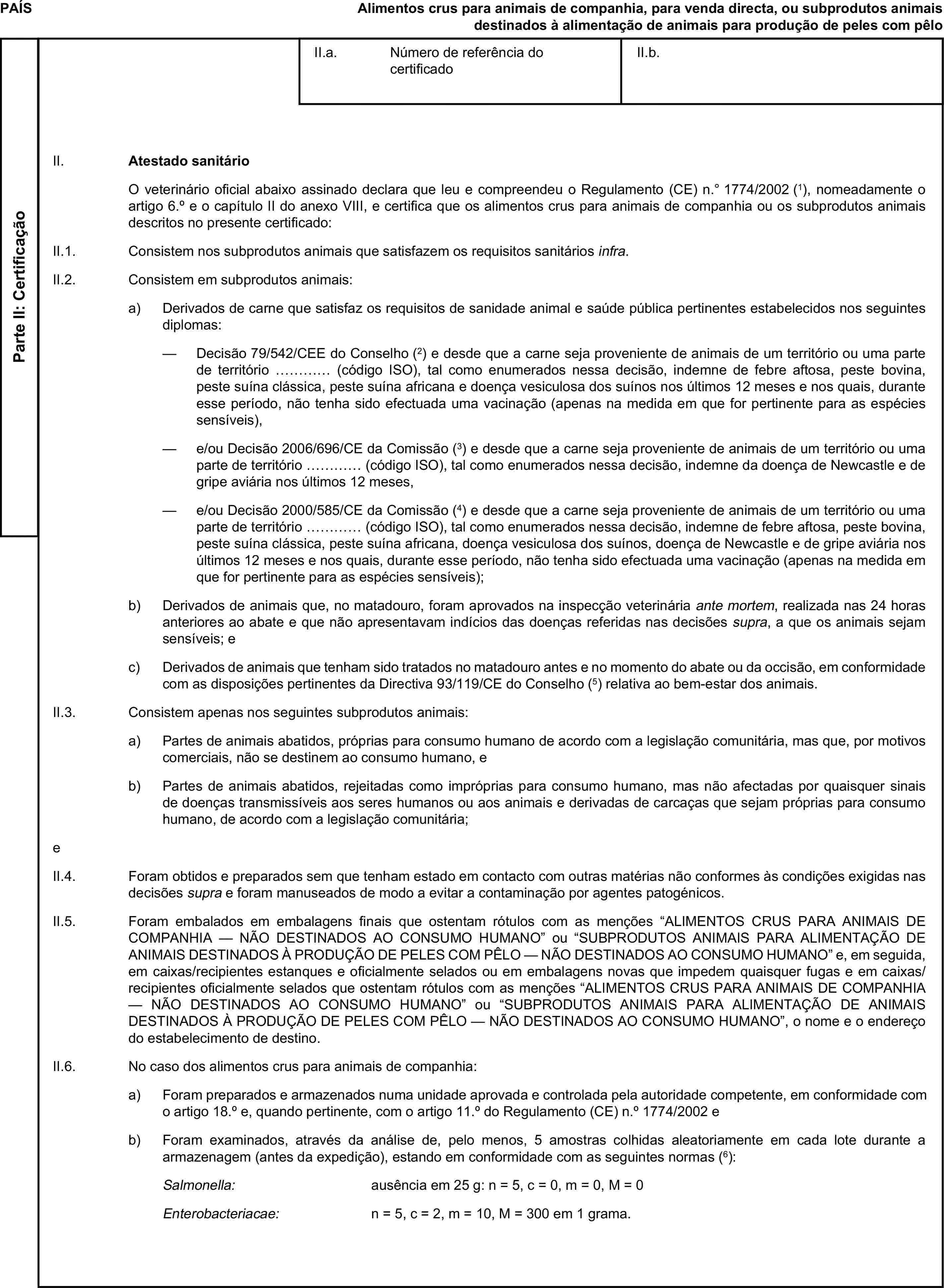 PAÍSAlimentos crus para animais de companhia, para venda directa, ou subprodutos animais destinados à alimentação de animais para produção de peles com pêloParte II: CertificaçãoII.a. Número de referência do certificadoII.b.II. Atestado sanitárioO veterinário oficial abaixo assinado declara que leu e compreendeu o Regulamento (CE) n.° 1774/2002 (1), nomeadamente o artigo 6.° e o capítulo II do anexo VIII, e certifica que os alimentos crus para animais de companhia ou os subprodutos animais descritos no presente certificado:II.1. Consistem nos subprodutos animais que satisfazem os requisitos sanitários infra.II.2. Consistem em subprodutos animais:a) Derivados de carne que satisfaz os requisitos de sanidade animal e saúde pública pertinentes estabelecidos nos seguintes diplomas:— Decisão 79/542/CEE do Conselho (2) e desde que a carne seja proveniente de animais de um território ou uma parte de território … (código ISO), tal como enumerados nessa decisão, indemne de febre aftosa, peste bovina, peste suína clássica, peste suína africana e doença vesiculosa dos suínos nos últimos 12 meses e nos quais, durante esse período, não tenha sido efectuada uma vacinação (apenas na medida em que for pertinente para as espécies sensíveis),— e/ou Decisão 2006/696/CE da Comissão (3) e desde que a carne seja proveniente de animais de um território ou uma parte de território … (código ISO), tal como enumerados nessa decisão, indemne da doença de Newcastle e de gripe aviária nos últimos 12 meses,— e/ou Decisão 2000/585/CE da Comissão (4) e desde que a carne seja proveniente de animais de um território ou uma parte de território … (código ISO), tal como enumerados nessa decisão, indemne de febre aftosa, peste bovina, peste suína clássica, peste suína africana, doença vesiculosa dos suínos, doença de Newcastle e de gripe aviária nos últimos 12 meses e nos quais, durante esse período, não tenha sido efectuada uma vacinação (apenas na medida em que for pertinente para as espécies sensíveis);b) Derivados de animais que, no matadouro, foram aprovados na inspecção veterinária ante mortem, realizada nas 24 horas anteriores ao abate e que não apresentavam indícios das doenças referidas nas decisões supra, a que os animais sejam sensíveis; ec) Derivados de animais que tenham sido tratados no matadouro antes e no momento do abate ou da occisão, em conformidade com as disposições pertinentes da Directiva 93/119/CE do Conselho (5) relativa ao bem-estar dos animais.II.3. Consistem apenas nos seguintes subprodutos animais:a) Partes de animais abatidos, próprias para consumo humano de acordo com a legislação comunitária, mas que, por motivos comerciais, não se destinem ao consumo humano, eb) Partes de animais abatidos, rejeitadas como impróprias para consumo humano, mas não afectadas por quaisquer sinais de doenças transmissíveis aos seres humanos ou aos animais e derivadas de carcaças que sejam próprias para consumo humano, de acordo com a legislação comunitária;eII.4. Foram obtidos e preparados sem que tenham estado em contacto com outras matérias não conformes às condições exigidas nas decisões supra e foram manuseados de modo a evitar a contaminação por agentes patogénicos.II.5. Foram embalados em embalagens finais que ostentam rótulos com as menções “ALIMENTOS CRUS PARA ANIMAIS DE COMPANHIA — NÃO DESTINADOS AO CONSUMO HUMANO” ou “SUBPRODUTOS ANIMAIS PARA ALIMENTAÇÃO DE ANIMAIS DESTINADOS À PRODUÇÃO DE PELES COM PÊLO — NÃO DESTINADOS AO CONSUMO HUMANO” e, em seguida, em caixas/recipientes estanques e oficialmente selados ou em embalagens novas que impedem quaisquer fugas e em caixas/recipientes oficialmente selados que ostentam rótulos com as menções “ALIMENTOS CRUS PARA ANIMAIS DE COMPANHIA — NÃO DESTINADOS AO CONSUMO HUMANO” ou “SUBPRODUTOS ANIMAIS PARA ALIMENTAÇÃO DE ANIMAIS DESTINADOS À PRODUÇÃO DE PELES COM PÊLO — NÃO DESTINADOS AO CONSUMO HUMANO”, o nome e o endereço do estabelecimento de destino.II.6. No caso dos alimentos crus para animais de companhia:a) Foram preparados e armazenados numa unidade aprovada e controlada pela autoridade competente, em conformidade com o artigo 18.° e, quando pertinente, com o artigo 11.° do Regulamento (CE) n.° 1774/2002 eb) Foram examinados, através da análise de, pelo menos, 5 amostras colhidas aleatoriamente em cada lote durante a armazenagem (antes da expedição), estando em conformidade com as seguintes normas (6):Salmonella: ausência em 25 g: n = 5, c = 0, m = 0, M = 0Enterobacteriacae: n = 5, c = 2, m = 10, M = 300 em 1 grama.