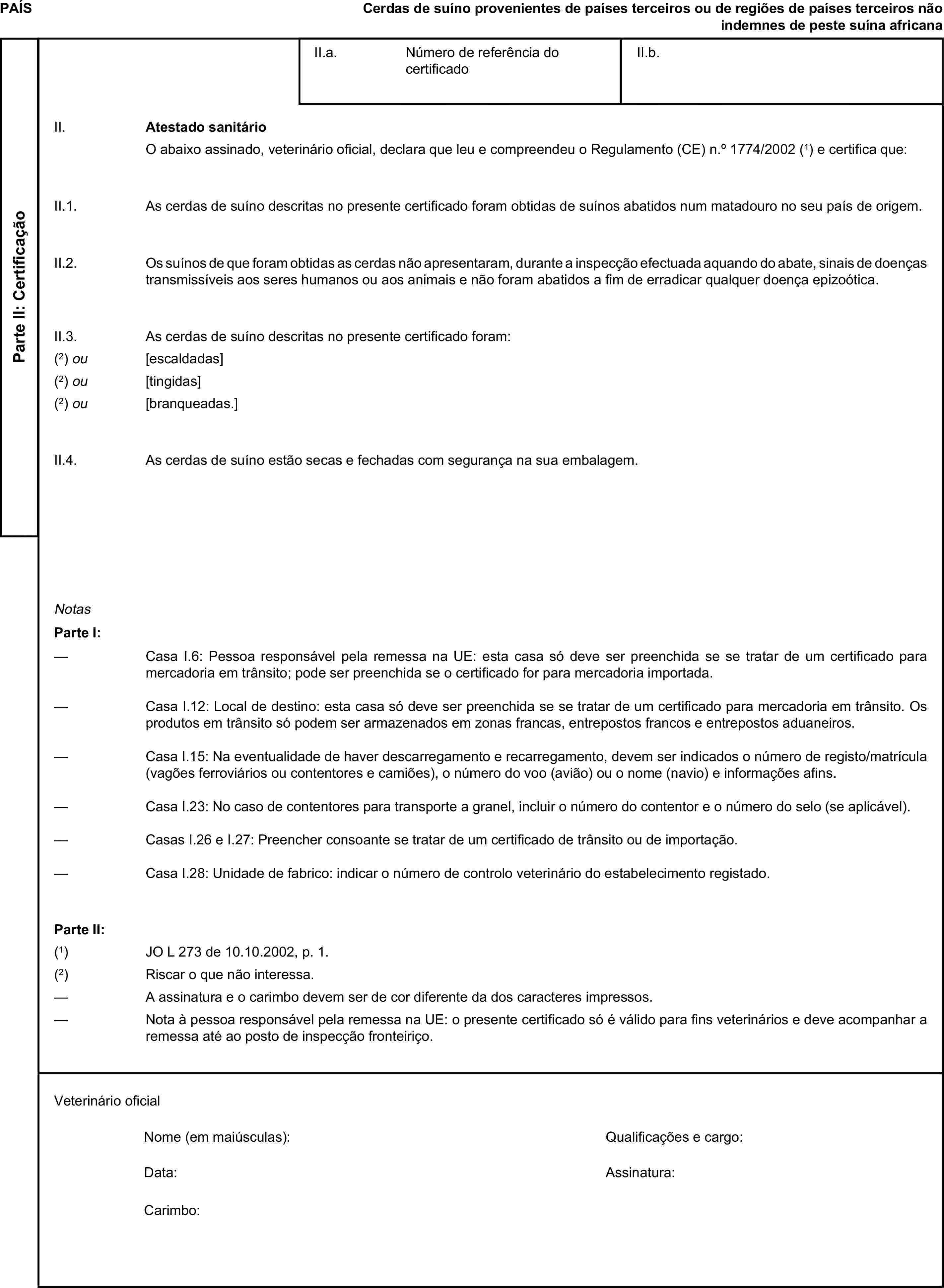 PAÍSCerdas de suíno provenientes de países terceiros ou de regiões de países terceiros não indemnes de peste suína africanaParte II: CertificaçãoII.a. Número de referência do certificadoII.b.II. Atestado sanitárioO abaixo assinado, veterinário oficial, declara que leu e compreendeu o Regulamento (CE) n.° 1774/2002 (1) e certifica que:II.1. As cerdas de suíno descritas no presente certificado foram obtidas de suínos abatidos num matadouro no seu país de origem.II.2. Os suínos de que foram obtidas as cerdas não apresentaram, durante a inspecção efectuada aquando do abate, sinais de doenças transmissíveis aos seres humanos ou aos animais e não foram abatidos a fim de erradicar qualquer doença epizoótica.II.3. As cerdas de suíno descritas no presente certificado foram:(2) ou [escaldadas](2) ou [tingidas](2) ou [branqueadas.]II.4. As cerdas de suíno estão secas e fechadas com segurança na sua embalagem.NotasParte I:— Casa I.6: Pessoa responsável pela remessa na UE: esta casa só deve ser preenchida se se tratar de um certificado para mercadoria em trânsito; pode ser preenchida se o certificado for para mercadoria importada.— Casa I.12: Local de destino: esta casa só deve ser preenchida se se tratar de um certificado para mercadoria em trânsito. Os produtos em trânsito só podem ser armazenados em zonas francas, entrepostos francos e entrepostos aduaneiros.— Casa I.15: Na eventualidade de haver descarregamento e recarregamento, devem ser indicados o número de registo/matrícula (vagões ferroviários ou contentores e camiões), o número do voo (avião) ou o nome (navio) e informações afins.— Casa I.23: No caso de contentores para transporte a granel, incluir o número do contentor e o número do selo (se aplicável).— Casas I.26 e I.27: Preencher consoante se tratar de um certificado de trânsito ou de importação.— Casa I.28: Unidade de fabrico: indicar o número de controlo veterinário do estabelecimento registado.Parte II:(1) JO L 273 de 10.10.2002, p. 1.(2) Riscar o que não interessa.— A assinatura e o carimbo devem ser de cor diferente da dos caracteres impressos.— Nota à pessoa responsável pela remessa na UE: o presente certificado só é válido para fins veterinários e deve acompanhar a remessa até ao posto de inspecção fronteiriço.Veterinário oficialNome (em maiúsculas):Qualificações e cargo:Data:Assinatura:Carimbo: