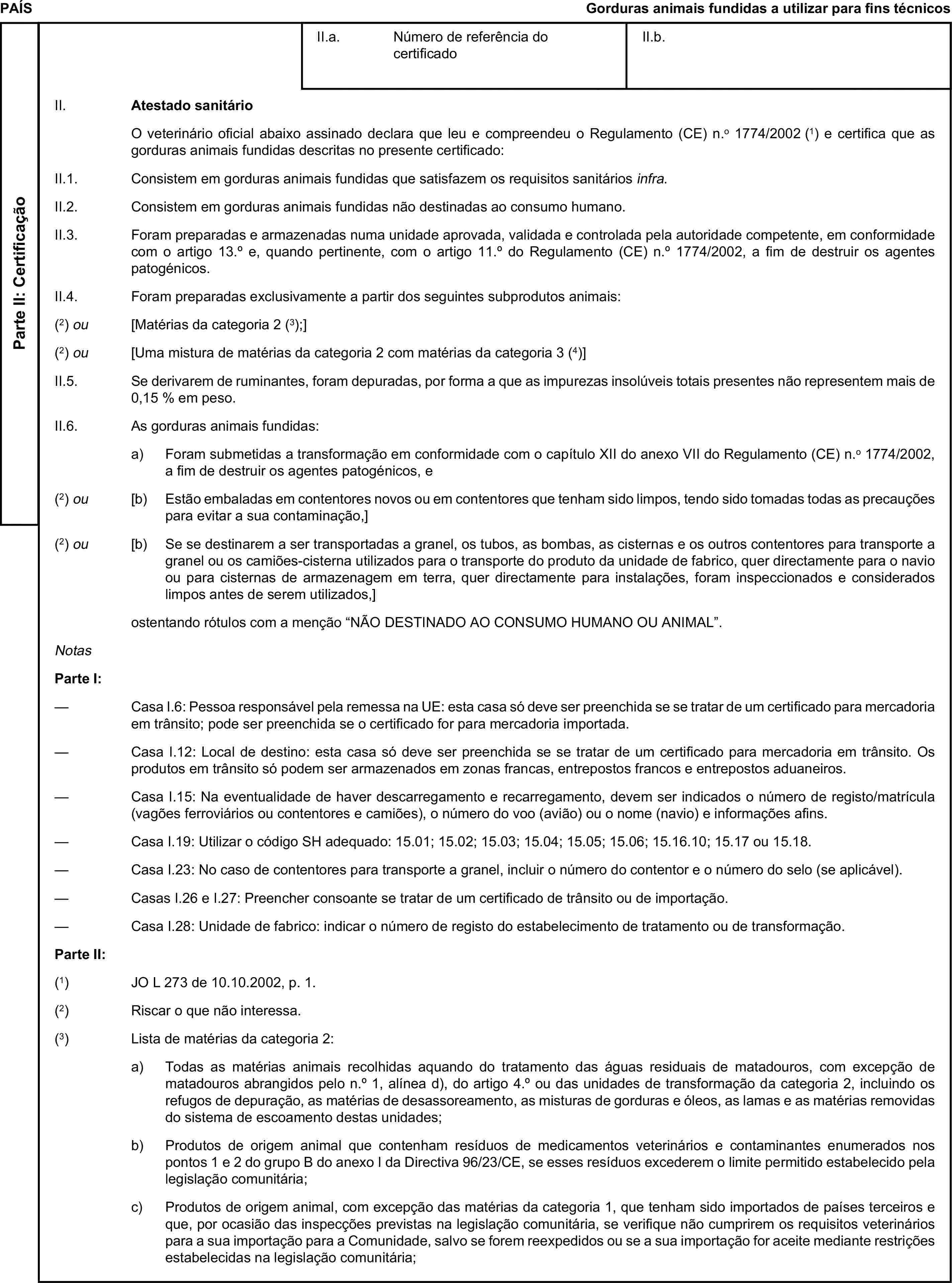 PAÍSGorduras animais fundidas a utilizar para fins técnicosParte II: CertificaçãoII.a. Número de referência do certificadoII.b.II. Atestado sanitárioO veterinário oficial abaixo assinado declara que leu e compreendeu o Regulamento (CE) n.o 1774/2002 (1) e certifica que as gorduras animais fundidas descritas no presente certificado:II.1. Consistem em gorduras animais fundidas que satisfazem os requisitos sanitários infra.II.2. Consistem em gorduras animais fundidas não destinadas ao consumo humano.II.3. Foram preparadas e armazenadas numa unidade aprovada, validada e controlada pela autoridade competente, em conformidade com o artigo 13.° e, quando pertinente, com o artigo 11.° do Regulamento (CE) n.° 1774/2002, a fim de destruir os agentes patogénicos.II.4. Foram preparadas exclusivamente a partir dos seguintes subprodutos animais:(2) ou [Matérias da categoria 2 (3);](2) ou [Uma mistura de matérias da categoria 2 com matérias da categoria 3 (4)]II.5. Se derivarem de ruminantes, foram depuradas, por forma a que as impurezas insolúveis totais presentes não representem mais de 0,15 % em peso.II.6. As gorduras animais fundidas:a) Foram submetidas a transformação em conformidade com o capítulo XII do anexo VII do Regulamento (CE) n.o 1774/2002, a fim de destruir os agentes patogénicos, e(2) ou [b) Estão embaladas em contentores novos ou em contentores que tenham sido limpos, tendo sido tomadas todas as precauções para evitar a sua contaminação,](2) ou [b) Se se destinarem a ser transportadas a granel, os tubos, as bombas, as cisternas e os outros contentores para transporte a granel ou os camiões-cisterna utilizados para o transporte do produto da unidade de fabrico, quer directamente para o navio ou para cisternas de armazenagem em terra, quer directamente para instalações, foram inspeccionados e considerados limpos antes de serem utilizados,]ostentando rótulos com a menção “NÃO DESTINADO AO CONSUMO HUMANO OU ANIMAL”.NotasParte I:— Casa I.6: Pessoa responsável pela remessa na UE: esta casa só deve ser preenchida se se tratar de um certificado para mercadoria em trânsito; pode ser preenchida se o certificado for para mercadoria importada.— Casa I.12: Local de destino: esta casa só deve ser preenchida se se tratar de um certificado para mercadoria em trânsito. Os produtos em trânsito só podem ser armazenados em zonas francas, entrepostos francos e entrepostos aduaneiros.— Casa I.15: Na eventualidade de haver descarregamento e recarregamento, devem ser indicados o número de registo/matrícula (vagões ferroviários ou contentores e camiões), o número do voo (avião) ou o nome (navio) e informações afins.— Casa I.19: Utilizar o código SH adequado: 15.01; 15.02; 15.03; 15.04; 15.05; 15.06; 15.16.10; 15.17 ou 15.18.— Casa I.23: No caso de contentores para transporte a granel, incluir o número do contentor e o número do selo (se aplicável).— Casas I.26 e I.27: Preencher consoante se tratar de um certificado de trânsito ou de importação.— Casa I.28: Unidade de fabrico: indicar o número de registo do estabelecimento de tratamento ou de transformação.Parte II:(1) JO L 273 de 10.10.2002, p. 1.(2) Riscar o que não interessa.(3) Lista de matérias da categoria 2:a) Todas as matérias animais recolhidas aquando do tratamento das águas residuais de matadouros, com excepção de matadouros abrangidos pelo n.° 1, alínea d), do artigo 4.° ou das unidades de transformação da categoria 2, incluindo os refugos de depuração, as matérias de desassoreamento, as misturas de gorduras e óleos, as lamas e as matérias removidas do sistema de escoamento destas unidades;b) Produtos de origem animal que contenham resíduos de medicamentos veterinários e contaminantes enumerados nos pontos 1 e 2 do grupo B do anexo I da Directiva 96/23/CE, se esses resíduos excederem o limite permitido estabelecido pela legislação comunitária;c) Produtos de origem animal, com excepção das matérias da categoria 1, que tenham sido importados de países terceiros e que, por ocasião das inspecções previstas na legislação comunitária, se verifique não cumprirem os requisitos veterinários para a sua importação para a Comunidade, salvo se forem reexpedidos ou se a sua importação for aceite mediante restrições estabelecidas na legislação comunitária;