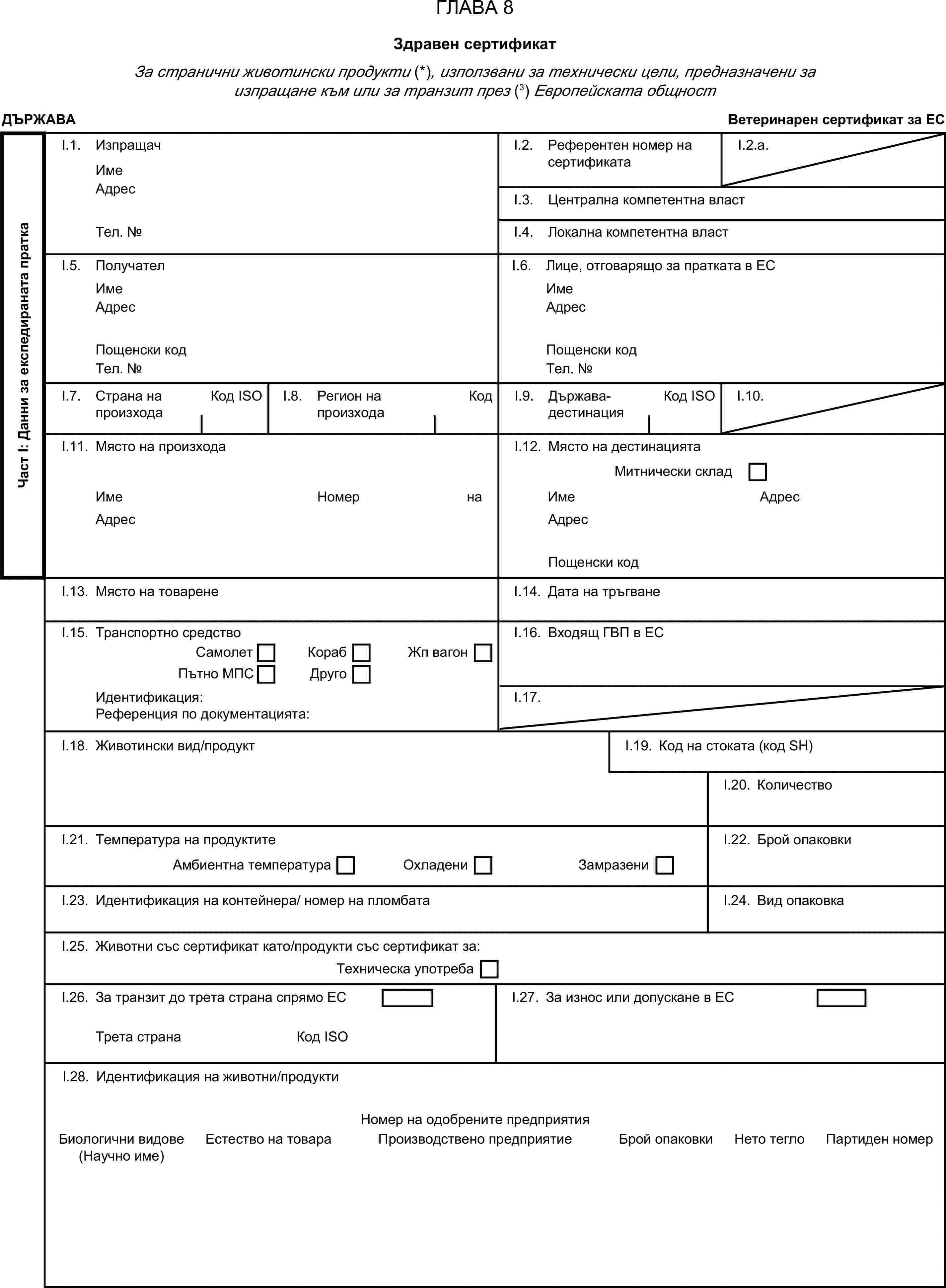 ГЛАВА 8Здравен сертификатЗа странични животински продукти (*), използвани за технически цели, предназначени за изпращане към или за транзит през (3) Европейската общностДЪРЖАВАВетеринарен сертификат за ЕСЧаст I: Данни за експедираната праткаI.1. ИзпращачИмеI.2. Референтен номер на сертификатаI.2.a.АдресI.3. Централна компетентна властТел. №I.4. Локална компетентна властI.5. ПолучателI.6. Лице, отговарящо за пратката в ЕСИмеИмеАдресАдресПощенски кодПощенски кодТел. №Тел. №I.7. Страна на произходаКод ISOI.8. Регион на произходаКодI.9. Държава-дестинацияКод ISOI.10.I.11. Място на произходаI.12. Място на дестинациятаМитнически складИмеНомер на разрешителнотоИмеАдресАдресАдресПощенски кодI.13. Място на товаренеI.14. Дата на тръгванеI.15. Транспортно средствоI.16. Входящ ГВП в ЕССамолетКорабЖп вагонПътно МПСДругоИдентификация:I.17.Референция по документацията:I.18. Животински вид/продуктI.19. Код на стоката (код SH)I.20. КоличествоI.21. Температура на продуктитеI.22. Брой опаковкиАмбиентна температураОхладениЗамразениI.23. Идентификация на контейнера/ номер на пломбатаI.24. Вид опаковкаI.25. Животни със сертификат като/продукти със сертификат за:Техническа употребаI.26. За транзит до трета страна спрямо ЕСI.27. За износ или допускане в ЕСТрета странаКод ISOI.28. Идентификация на животни/продуктиНомер на одобрените предприятияБиологични видовеЕстество на товараПроизводствено предприятиеБрой опаковкиНето теглоПартиден номер(Научно име)
