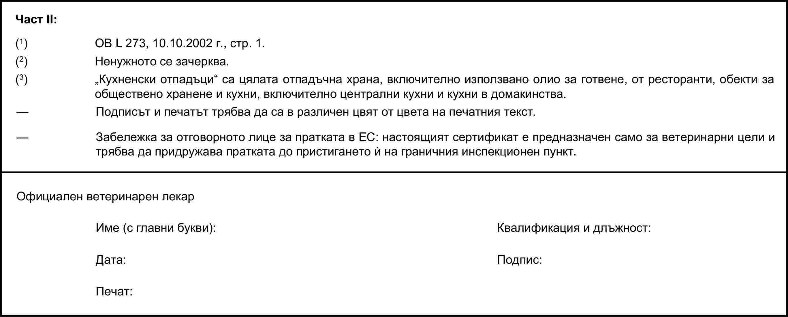 Част II:(1) ОВ L 273, 10.10.2002 г., стр. 1.(2) Ненужното се зачерква.(3) „Кухненски отпадъци“ са цялата отпадъчна храна, включително използвано олио за готвене, от ресторанти, обекти за обществено хранене и кухни, включително централни кухни и кухни в домакинства.— Подписът и печатът трябва да са в различен цвят от цвета на печатния текст.— Забележка за отговорното лице за пратката в ЕС: настоящият сертификат е предназначен само за ветеринарни цели и трябва да придружава пратката до пристигането ѝ на граничния инспекционен пункт.Официален ветеринарен лекарИме (с главни букви):Квалификация и длъжност:Дата:Подпис:Печат: