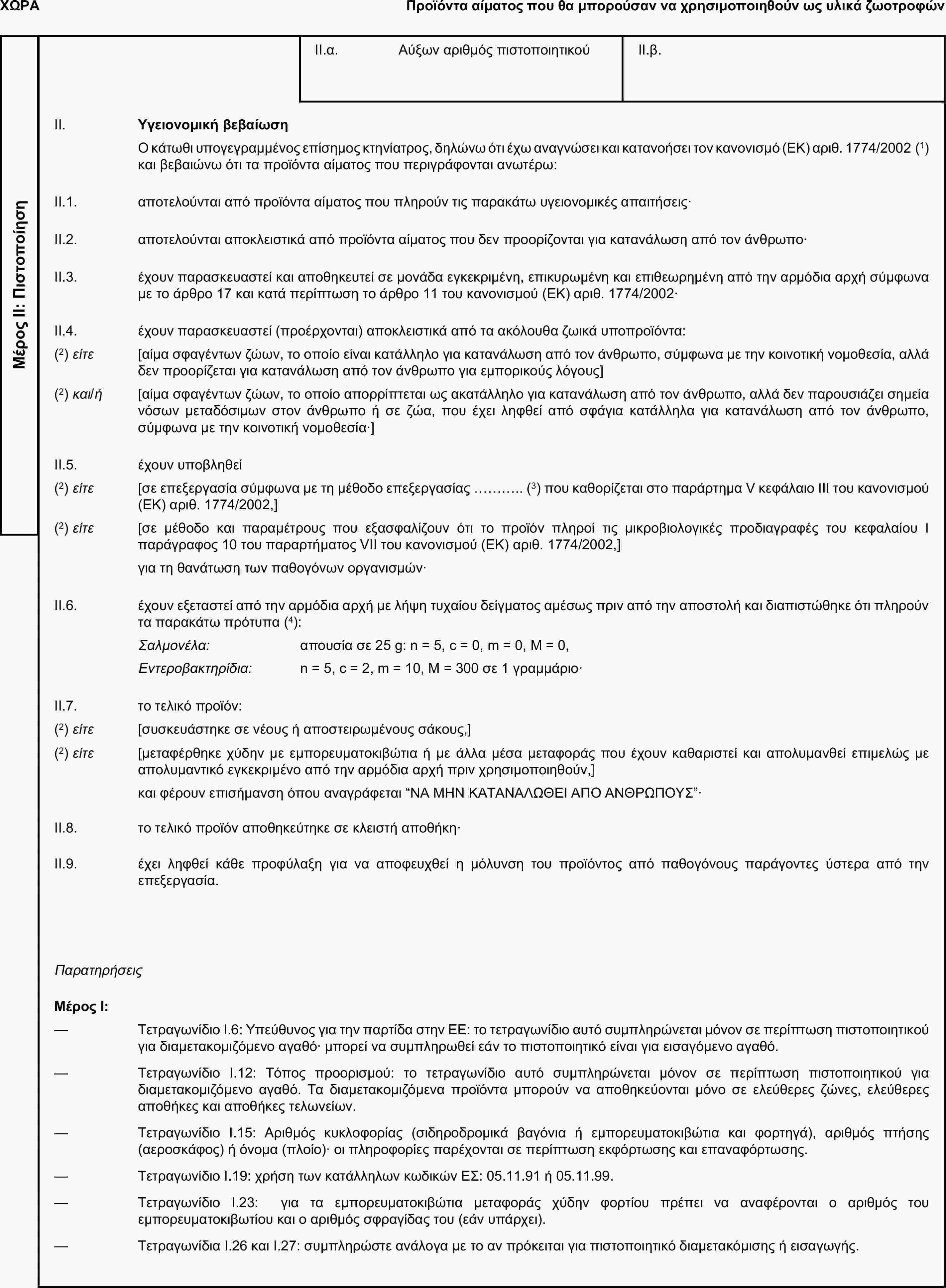 ΧΩΡΑΠροϊόντα αίματος που θα μπορούσαν να χρησιμοποιηθούν ως υλικά ζωοτροφώνΜέρος ΙΙ: ΠιστοποίησηII.α. Αύξων αριθμός πιστοποιητικούII.β.II. Υγειονομική βεβαίωσηΟ κάτωθι υπογεγραμμένος επίσημος κτηνίατρος, δηλώνω ότι έχω αναγνώσει και κατανοήσει τον κανονισμό (ΕΚ) αριθ. 1774/2002 (1) και βεβαιώνω ότι τα προϊόντα αίματος που περιγράφονται ανωτέρω:II.1. αποτελούνται από προϊόντα αίματος που πληρούν τις παρακάτω υγειονομικές απαιτήσεις·II.2. αποτελούνται αποκλειστικά από προϊόντα αίματος που δεν προορίζονται για κατανάλωση από τον άνθρωπο·II.3. έχουν παρασκευαστεί και αποθηκευτεί σε μονάδα εγκεκριμένη, επικυρωμένη και επιθεωρημένη από την αρμόδια αρχή σύμφωνα με το άρθρο 17 και κατά περίπτωση το άρθρο 11 του κανονισμού (ΕΚ) αριθ. 1774/2002·II.4. έχουν παρασκευαστεί (προέρχονται) αποκλειστικά από τα ακόλουθα ζωικά υποπροϊόντα:(2) είτε [αίμα σφαγέντων ζώων, το οποίο είναι κατάλληλο για κατανάλωση από τον άνθρωπο, σύμφωνα με την κοινοτική νομοθεσία, αλλά δεν προορίζεται για κατανάλωση από τον άνθρωπο για εμπορικούς λόγους](2) και/ή [αίμα σφαγέντων ζώων, το οποίο απορρίπτεται ως ακατάλληλο για κατανάλωση από τον άνθρωπο, αλλά δεν παρουσιάζει σημεία νόσων μεταδόσιμων στον άνθρωπο ή σε ζώα, που έχει ληφθεί από σφάγια κατάλληλα για κατανάλωση από τον άνθρωπο, σύμφωνα με την κοινοτική νομοθεσία·]II.5. έχουν υποβληθεί(2) είτε [σε επεξεργασία σύμφωνα με τη μέθοδο επεξεργασίας … (3) που καθορίζεται στο παράρτημα V κεφάλαιο III του κανονισμού (ΕΚ) αριθ. 1774/2002,](2) είτε [σε μέθοδο και παραμέτρους που εξασφαλίζουν ότι το προϊόν πληροί τις μικροβιολογικές προδιαγραφές του κεφαλαίου I παράγραφος 10 του παραρτήματος VII του κανονισμού (ΕΚ) αριθ. 1774/2002,]για τη θανάτωση των παθογόνων οργανισμών·II.6. έχουν εξεταστεί από την αρμόδια αρχή με λήψη τυχαίου δείγματος αμέσως πριν από την αποστολή και διαπιστώθηκε ότι πληρούν τα παρακάτω πρότυπα (4):Σαλμονέλα: απουσία σε 25 g: n = 5, c = 0, m = 0, M = 0,Εντεροβακτηρίδια: n = 5, c = 2, m = 10, M = 300 σε 1 γραμμάριο·II.7. το τελικό προϊόν:(2) είτε [συσκευάστηκε σε νέους ή αποστειρωμένους σάκους,](2) είτε [μεταφέρθηκε χύδην με εμπορευματοκιβώτια ή με άλλα μέσα μεταφοράς που έχουν καθαριστεί και απολυμανθεί επιμελώς με απολυμαντικό εγκεκριμένο από την αρμόδια αρχή πριν χρησιμοποιηθούν,]και φέρουν επισήμανση όπου αναγράφεται “ΝΑ ΜΗΝ ΚΑΤΑΝΑΛΩΘΕΙ ΑΠΟ ΑΝΘΡΩΠΟΥΣ”·II.8. το τελικό προϊόν αποθηκεύτηκε σε κλειστή αποθήκη·II.9. έχει ληφθεί κάθε προφύλαξη για να αποφευχθεί η μόλυνση του προϊόντος από παθογόνους παράγοντες ύστερα από την επεξεργασία.ΠαρατηρήσειςΜέρος Ι:— Τετραγωνίδιο I.6: Υπεύθυνος για την παρτίδα στην ΕΕ: το τετραγωνίδιο αυτό συμπληρώνεται μόνον σε περίπτωση πιστοποιητικού για διαμετακομιζόμενο αγαθό· μπορεί να συμπληρωθεί εάν το πιστοποιητικό είναι για εισαγόμενο αγαθό.— Τετραγωνίδιο I.12: Τόπος προορισμού: το τετραγωνίδιο αυτό συμπληρώνεται μόνον σε περίπτωση πιστοποιητικού για διαμετακομιζόμενο αγαθό. Τα διαμετακομιζόμενα προϊόντα μπορούν να αποθηκεύονται μόνο σε ελεύθερες ζώνες, ελεύθερες αποθήκες και αποθήκες τελωνείων.— Τετραγωνίδιο I.15: Αριθμός κυκλοφορίας (σιδηροδρομικά βαγόνια ή εμπορευματοκιβώτια και φορτηγά), αριθμός πτήσης (αεροσκάφος) ή όνομα (πλοίο)· οι πληροφορίες παρέχονται σε περίπτωση εκφόρτωσης και επαναφόρτωσης.— Τετραγωνίδιο I.19: χρήση των κατάλληλων κωδικών ΕΣ: 05.11.91 ή 05.11.99.— Τετραγωνίδιο I.23: για τα εμπορευματοκιβώτια μεταφοράς χύδην φορτίου πρέπει να αναφέρονται ο αριθμός του εμπορευματοκιβωτίου και ο αριθμός σφραγίδας του (εάν υπάρχει).— Τετραγωνίδια I.26 και I.27: συμπληρώστε ανάλογα με το αν πρόκειται για πιστοποιητικό διαμετακόμισης ή εισαγωγής.