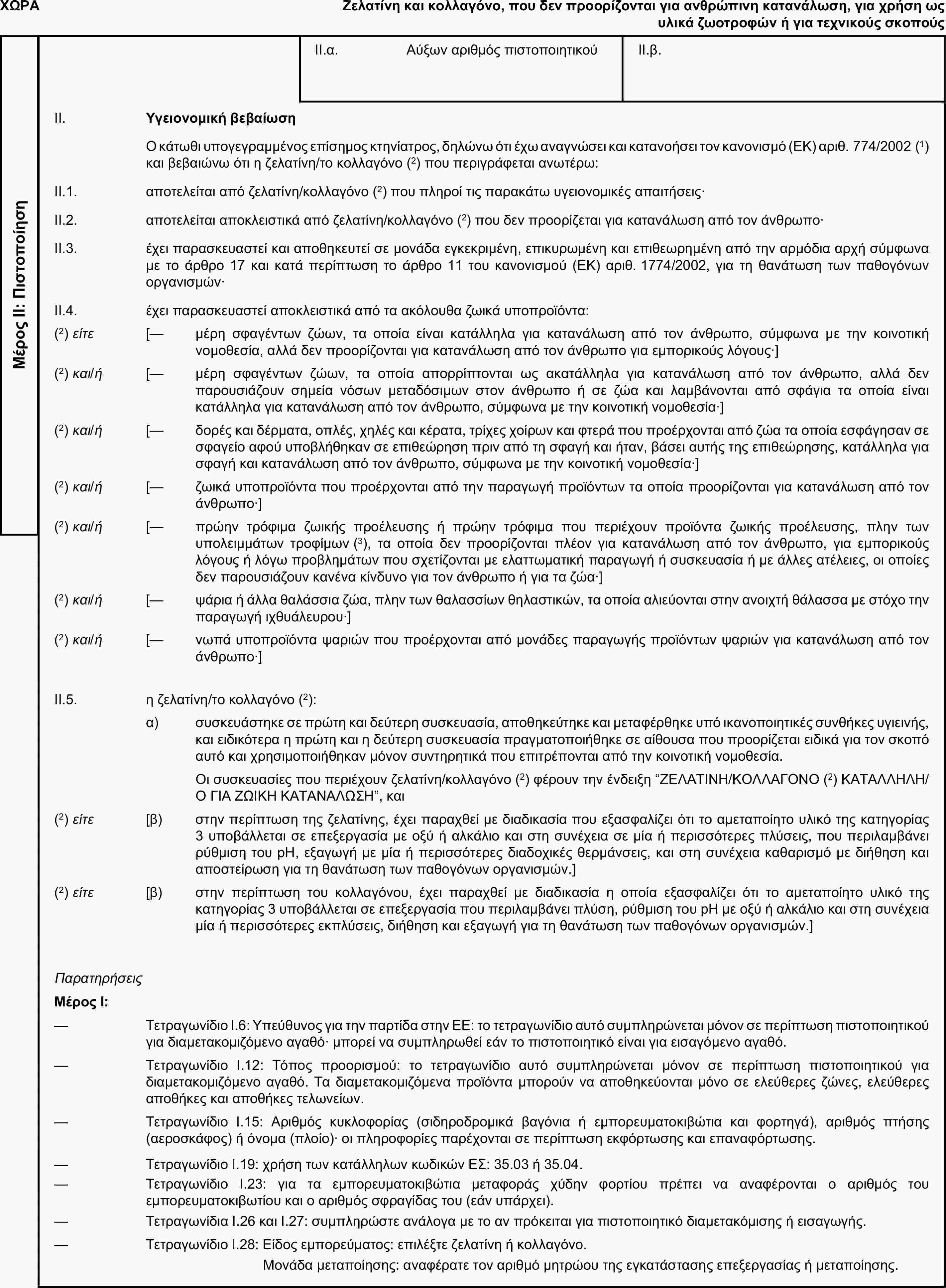 ΧΩΡΑΖελατίνη και κολλαγόνο, που δεν προορίζονται για ανθρώπινη κατανάλωση, για χρήση ως υλικά ζωοτροφών ή για τεχνικούς σκοπούςΜέρος ΙΙ: ΠιστοποίησηII.α. Αύξων αριθμός πιστοποιητικούII.β.II. Υγειονομική βεβαίωσηΟ κάτωθι υπογεγραμμένος επίσημος κτηνίατρος, δηλώνω ότι έχω αναγνώσει και κατανοήσει τον κανονισμό (ΕΚ) αριθ. 774/2002 (1) και βεβαιώνω ότι η ζελατίνη/το κολλαγόνο (2) που περιγράφεται ανωτέρω:II.1. αποτελείται από ζελατίνη/κολλαγόνο (2) που πληροί τις παρακάτω υγειονομικές απαιτήσεις·II.2. αποτελείται αποκλειστικά από ζελατίνη/κολλαγόνο (2) που δεν προορίζεται για κατανάλωση από τον άνθρωπο·II.3. έχει παρασκευαστεί και αποθηκευτεί σε μονάδα εγκεκριμένη, επικυρωμένη και επιθεωρημένη από την αρμόδια αρχή σύμφωνα με το άρθρο 17 και κατά περίπτωση το άρθρο 11 του κανονισμού (ΕΚ) αριθ. 1774/2002, για τη θανάτωση των παθογόνων οργανισμών·II.4. έχει παρασκευαστεί αποκλειστικά από τα ακόλουθα ζωικά υποπροϊόντα:(2) είτε [— μέρη σφαγέντων ζώων, τα οποία είναι κατάλληλα για κατανάλωση από τον άνθρωπο, σύμφωνα με την κοινοτική νομοθεσία, αλλά δεν προορίζονται για κατανάλωση από τον άνθρωπο για εμπορικούς λόγους·](2) και/ή [— μέρη σφαγέντων ζώων, τα οποία απορρίπτονται ως ακατάλληλα για κατανάλωση από τον άνθρωπο, αλλά δεν παρουσιάζουν σημεία νόσων μεταδόσιμων στον άνθρωπο ή σε ζώα και λαμβάνονται από σφάγια τα οποία είναι κατάλληλα για κατανάλωση από τον άνθρωπο, σύμφωνα με την κοινοτική νομοθεσία·](2) και/ή [— δορές και δέρματα, οπλές, χηλές και κέρατα, τρίχες χοίρων και φτερά που προέρχονται από ζώα τα οποία εσφάγησαν σε σφαγείο αφού υποβλήθηκαν σε επιθεώρηση πριν από τη σφαγή και ήταν, βάσει αυτής της επιθεώρησης, κατάλληλα για σφαγή και κατανάλωση από τον άνθρωπο, σύμφωνα με την κοινοτική νομοθεσία·](2) και/ή [— ζωικά υποπροϊόντα που προέρχονται από την παραγωγή προϊόντων τα οποία προορίζονται για κατανάλωση από τον άνθρωπο·](2) και/ή [— πρώην τρόφιμα ζωικής προέλευσης ή πρώην τρόφιμα που περιέχουν προϊόντα ζωικής προέλευσης, πλην των υπολειμμάτων τροφίμων (3), τα οποία δεν προορίζονται πλέον για κατανάλωση από τον άνθρωπο, για εμπορικούς λόγους ή λόγω προβλημάτων που σχετίζονται με ελαττωματική παραγωγή ή συσκευασία ή με άλλες ατέλειες, οι οποίες δεν παρουσιάζουν κανένα κίνδυνο για τον άνθρωπο ή για τα ζώα·](2) και/ή [— ψάρια ή άλλα θαλάσσια ζώα, πλην των θαλασσίων θηλαστικών, τα οποία αλιεύονται στην ανοιχτή θάλασσα με στόχο την παραγωγή ιχθυάλευρου·](2) και/ή [— νωπά υποπροϊόντα ψαριών που προέρχονται από μονάδες παραγωγής προϊόντων ψαριών για κατανάλωση από τον άνθρωπο·]II.5. η ζελατίνη/το κολλαγόνο (2):α) συσκευάστηκε σε πρώτη και δεύτερη συσκευασία, αποθηκεύτηκε και μεταφέρθηκε υπό ικανοποιητικές συνθήκες υγιεινής, και ειδικότερα η πρώτη και η δεύτερη συσκευασία πραγματοποιήθηκε σε αίθουσα που προορίζεται ειδικά για τον σκοπό αυτό και χρησιμοποιήθηκαν μόνον συντηρητικά που επιτρέπονται από την κοινοτική νομοθεσία.Οι συσκευασίες που περιέχουν ζελατίνη/κολλαγόνο (2) φέρουν την ένδειξη “ΖΕΛΑΤΙΝΗ/ΚΟΛΛΑΓΟΝΟ (2) ΚΑΤΑΛΛΗΛΗ/Ο ΓΙΑ ΖΩΙΚΗ ΚΑΤΑΝΑΛΩΣΗ”, και(2) είτε [β) στην περίπτωση της ζελατίνης, έχει παραχθεί με διαδικασία που εξασφαλίζει ότι το αμεταποίητο υλικό της κατηγορίας 3 υποβάλλεται σε επεξεργασία με οξύ ή αλκάλιο και στη συνέχεια σε μία ή περισσότερες πλύσεις, που περιλαμβάνει ρύθμιση του pH, εξαγωγή με μία ή περισσότερες διαδοχικές θερμάνσεις, και στη συνέχεια καθαρισμό με διήθηση και αποστείρωση για τη θανάτωση των παθογόνων οργανισμών.](2) είτε [β) στην περίπτωση του κολλαγόνου, έχει παραχθεί με διαδικασία η οποία εξασφαλίζει ότι το αμεταποίητο υλικό της κατηγορίας 3 υποβάλλεται σε επεξεργασία που περιλαμβάνει πλύση, ρύθμιση του pH με οξύ ή αλκάλιο και στη συνέχεια μία ή περισσότερες εκπλύσεις, διήθηση και εξαγωγή για τη θανάτωση των παθογόνων οργανισμών.]ΠαρατηρήσειςΜέρος Ι:— Τετραγωνίδιο I.6: Υπεύθυνος για την παρτίδα στην ΕΕ: το τετραγωνίδιο αυτό συμπληρώνεται μόνον σε περίπτωση πιστοποιητικού για διαμετακομιζόμενο αγαθό· μπορεί να συμπληρωθεί εάν το πιστοποιητικό είναι για εισαγόμενο αγαθό.— Τετραγωνίδιο I.12: Τόπος προορισμού: το τετραγωνίδιο αυτό συμπληρώνεται μόνον σε περίπτωση πιστοποιητικού για διαμετακομιζόμενο αγαθό. Τα διαμετακομιζόμενα προϊόντα μπορούν να αποθηκεύονται μόνο σε ελεύθερες ζώνες, ελεύθερες αποθήκες και αποθήκες τελωνείων.— Τετραγωνίδιο I.15: Αριθμός κυκλοφορίας (σιδηροδρομικά βαγόνια ή εμπορευματοκιβώτια και φορτηγά), αριθμός πτήσης (αεροσκάφος) ή όνομα (πλοίο)· οι πληροφορίες παρέχονται σε περίπτωση εκφόρτωσης και επαναφόρτωσης.— Τετραγωνίδιο I.19: χρήση των κατάλληλων κωδικών ΕΣ: 35.03 ή 35.04.— Τετραγωνίδιο I.23: για τα εμπορευματοκιβώτια μεταφοράς χύδην φορτίου πρέπει να αναφέρονται ο αριθμός του εμπορευματοκιβωτίου και ο αριθμός σφραγίδας του (εάν υπάρχει).— Τετραγωνίδια I.26 και I.27: συμπληρώστε ανάλογα με το αν πρόκειται για πιστοποιητικό διαμετακόμισης ή εισαγωγής.— Τετραγωνίδιο I.28: Είδος εμπορεύματος: επιλέξτε ζελατίνη ή κολλαγόνο.Μονάδα μεταποίησης: αναφέρατε τον αριθμό μητρώου της εγκατάστασης επεξεργασίας ή μεταποίησης.