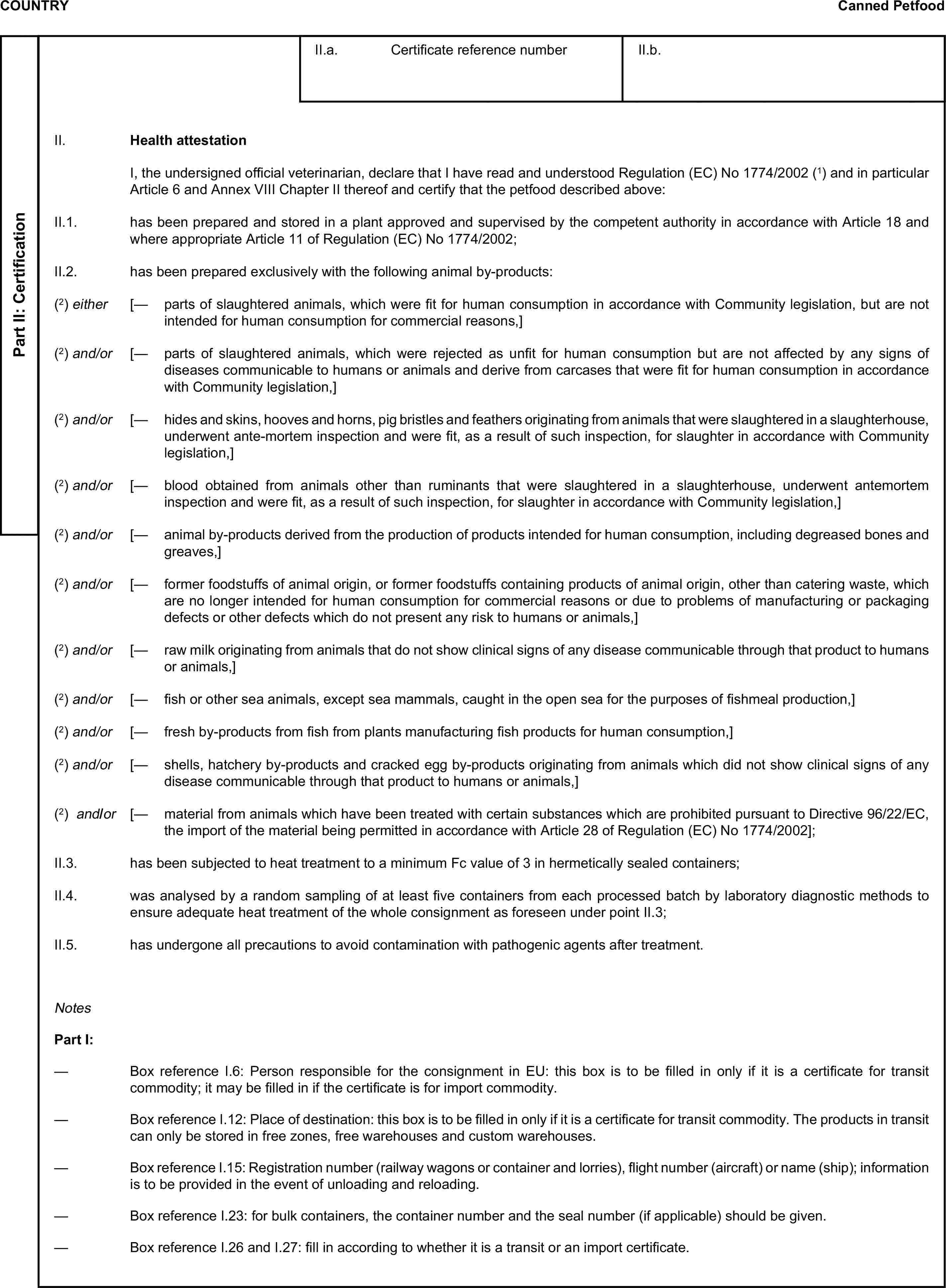 COUNTRYCanned PetfoodPart II: CertificationII.a. Certificate reference numberII.b.II. Health attestationI, the undersigned official veterinarian, declare that I have read and understood Regulation (EC) No 1774/2002 (1) and in particular Article 6 and Annex VIII Chapter II thereof and certify that the petfood described above:II.1. has been prepared and stored in a plant approved and supervised by the competent authority in accordance with Article 18 and where appropriate Article 11 of Regulation (EC) No 1774/2002;II.2. has been prepared exclusively with the following animal by-products:(2) either [— parts of slaughtered animals, which were fit for human consumption in accordance with Community legislation, but are not intended for human consumption for commercial reasons,](2) and/or [— parts of slaughtered animals, which were rejected as unfit for human consumption but are not affected by any signs of diseases communicable to humans or animals and derive from carcases that were fit for human consumption in accordance with Community legislation,](2) and/or [— hides and skins, hooves and horns, pig bristles and feathers originating from animals that were slaughtered in a slaughterhouse, underwent ante-mortem inspection and were fit, as a result of such inspection, for slaughter in accordance with Community legislation,](2) and/or [— blood obtained from animals other than ruminants that were slaughtered in a slaughterhouse, underwent antemortem inspection and were fit, as a result of such inspection, for slaughter in accordance with Community legislation,](2) and/or [— animal by-products derived from the production of products intended for human consumption, including degreased bones and greaves,](2) and/or [— former foodstuffs of animal origin, or former foodstuffs containing products of animal origin, other than catering waste, which are no longer intended for human consumption for commercial reasons or due to problems of manufacturing or packaging defects or other defects which do not present any risk to humans or animals,](2) and/or [— raw milk originating from animals that do not show clinical signs of any disease communicable through that product to humans or animals,](2) and/or [— fish or other sea animals, except sea mammals, caught in the open sea for the purposes of fishmeal production,](2) and/or [— fresh by-products from fish from plants manufacturing fish products for human consumption,](2) and/or [— shells, hatchery by-products and cracked egg by-products originating from animals which did not show clinical signs of any disease communicable through that product to humans or animals,](2) and/or [— material from animals which have been treated with certain substances which are prohibited pursuant to Directive 96/22/EC, the import of the material being permitted in accordance with Article 28 of Regulation (EC) No 1774/2002];II.3. has been subjected to heat treatment to a minimum Fc value of 3 in hermetically sealed containers;II.4. was analysed by a random sampling of at least five containers from each processed batch by laboratory diagnostic methods to ensure adequate heat treatment of the whole consignment as foreseen under point II.3;II.5. has undergone all precautions to avoid contamination with pathogenic agents after treatment.NotesPart I:— Box reference I.6: Person responsible for the consignment in EU: this box is to be filled in only if it is a certificate for transit commodity; it may be filled in if the certificate is for import commodity.— Box reference I.12: Place of destination: this box is to be filled in only if it is a certificate for transit commodity. The products in transit can only be stored in free zones, free warehouses and custom warehouses.— Box reference I.15: Registration number (railway wagons or container and lorries), flight number (aircraft) or name (ship); information is to be provided in the event of unloading and reloading.— Box reference I.23: for bulk containers, the container number and the seal number (if applicable) should be given.— Box reference I.26 and I.27: fill in according to whether it is a transit or an import certificate.