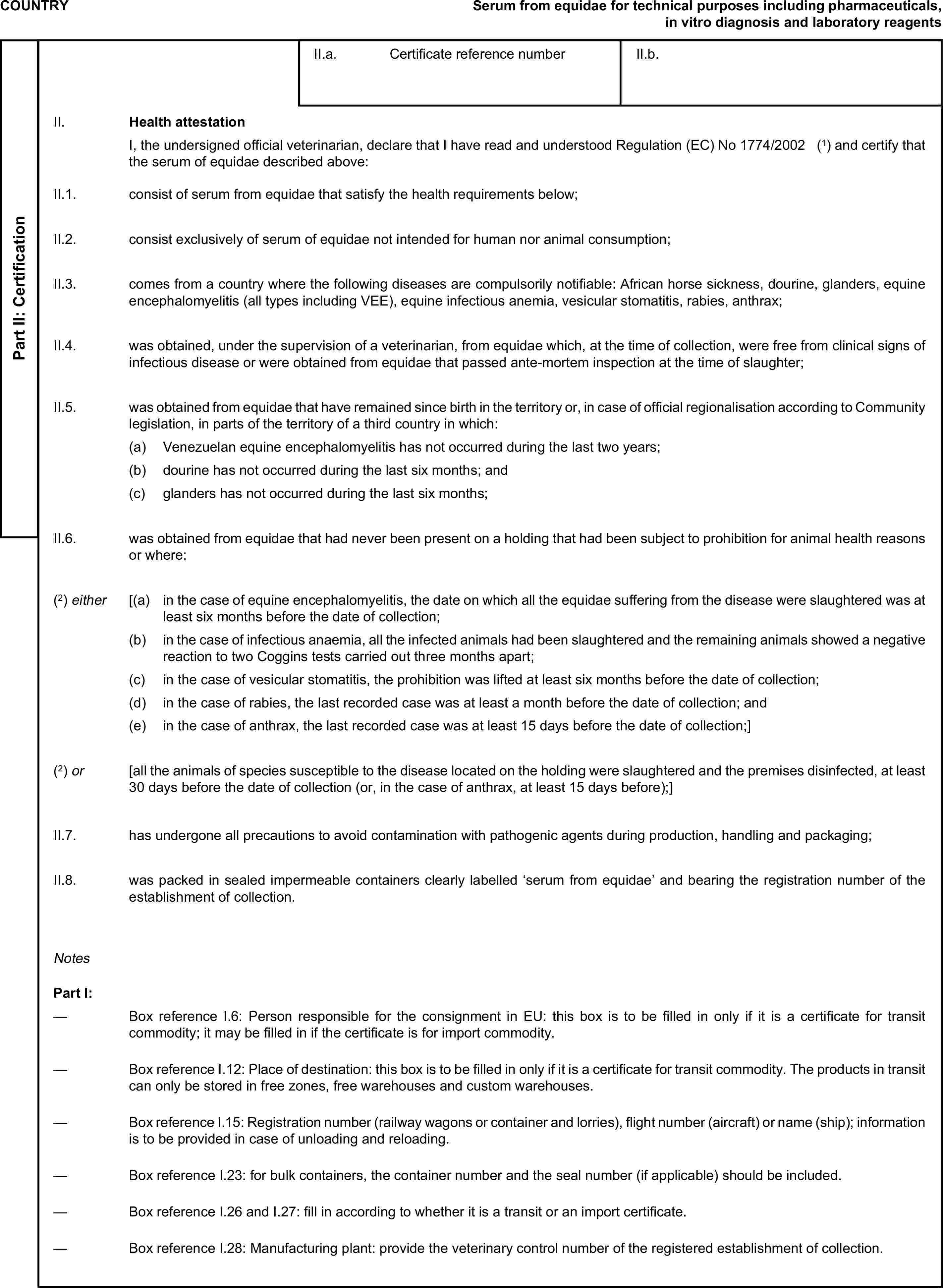 COUNTRYSerum from equidae for technical purposes including pharmaceuticals, in vitro diagnosis and laboratory reagentsPart II: CertificationII.a. Certificate reference numberII.b.II. Health attestationI, the undersigned official veterinarian, declare that I have read and understood Regulation (EC) No 1774/2002 (1) and certify that the serum of equidae described above:II.1. consist of serum from equidae that satisfy the health requirements below;II.2. consist exclusively of serum of equidae not intended for human nor animal consumption;II.3. comes from a country where the following diseases are compulsorily notifiable: African horse sickness, dourine, glanders, equine encephalomyelitis (all types including VEE), equine infectious anemia, vesicular stomatitis, rabies, anthrax;II.4. was obtained, under the supervision of a veterinarian, from equidae which, at the time of collection, were free from clinical signs of infectious disease or were obtained from equidae that passed ante-mortem inspection at the time of slaughter;II.5. was obtained from equidae that have remained since birth in the territory or, in case of official regionalisation according to Community legislation, in parts of the territory of a third country in which:(a) Venezuelan equine encephalomyelitis has not occurred during the last two years;(b) dourine has not occurred during the last six months; and(c) glanders has not occurred during the last six months;II.6. was obtained from equidae that had never been present on a holding that had been subject to prohibition for animal health reasons or where:(2) either [(a) in the case of equine encephalomyelitis, the date on which all the equidae suffering from the disease were slaughtered was at least six months before the date of collection;(b) in the case of infectious anaemia, all the infected animals had been slaughtered and the remaining animals showed a negative reaction to two Coggins tests carried out three months apart;(c) in the case of vesicular stomatitis, the prohibition was lifted at least six months before the date of collection;(d) in the case of rabies, the last recorded case was at least a month before the date of collection; and(e) in the case of anthrax, the last recorded case was at least 15 days before the date of collection;](2) or [all the animals of species susceptible to the disease located on the holding were slaughtered and the premises disinfected, at least 30 days before the date of collection (or, in the case of anthrax, at least 15 days before);]II.7. has undergone all precautions to avoid contamination with pathogenic agents during production, handling and packaging;II.8. was packed in sealed impermeable containers clearly labelled ‘serum from equidae’ and bearing the registration number of the establishment of collection.NotesPart I:— Box reference I.6: Person responsible for the consignment in EU: this box is to be filled in only if it is a certificate for transit commodity; it may be filled in if the certificate is for import commodity.— Box reference I.12: Place of destination: this box is to be filled in only if it is a certificate for transit commodity. The products in transit can only be stored in free zones, free warehouses and custom warehouses.— Box reference I.15: Registration number (railway wagons or container and lorries), flight number (aircraft) or name (ship); information is to be provided in case of unloading and reloading.— Box reference I.23: for bulk containers, the container number and the seal number (if applicable) should be included.— Box reference I.26 and I.27: fill in according to whether it is a transit or an import certificate.— Box reference I.28: Manufacturing plant: provide the veterinary control number of the registered establishment of collection.