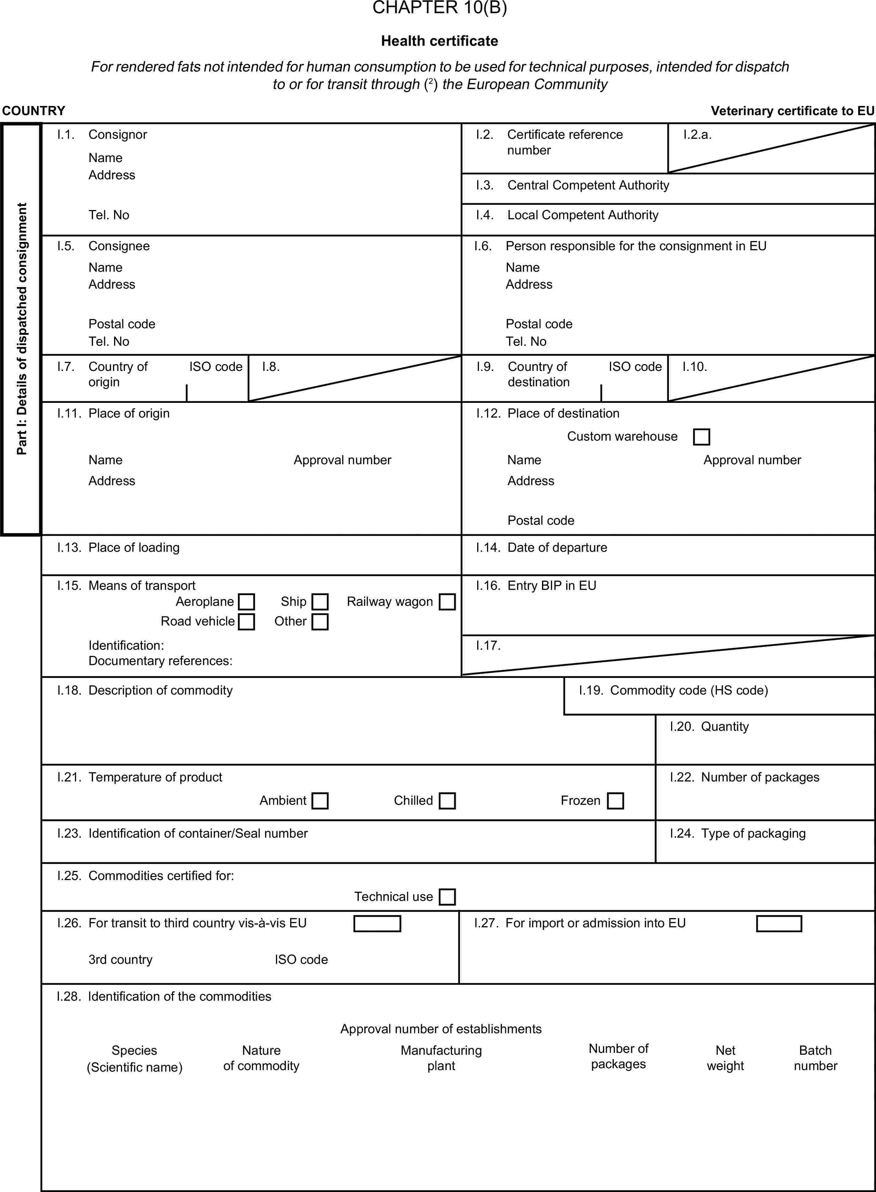 CHAPTER 10(B)Health certificateFor rendered fats not intended for human consumption to be used for technical purposes, intended for dispatch to or for transit through (2) the European CommunityCOUNTRYVeterinary certificate to EUPart I: Details of dispatched consignmentI.1. ConsignorNameI.2. Certificate reference numberI.2.a.AddressI.3. Central Competent AuthorityTel. NoI.4. Local Competent AuthorityI.5. ConsigneeI.6. Person responsible for the consignment in EUNameNameAddressAddressPostal codePostal codeTel. NoTel. NoI.7. Country of originISO codeI.8.I.9. Country of destinationISO codeI.10.I.11. Place of originI.12. Place of destinationCustom warehouseNameApproval numberNameApproval numberAddressAddressPostal codeI.13. Place of loadingI.14. Date of departureI.15. Means of transportI.16. Entry BIP in EUAeroplaneShipRoad vehicleRailway wagonOtherIdentification:I.17.Documentary references:I.18. Description of commodityI.19. Commodity code (HS code)I.20. QuantityI.21. Temperature of productI.22. Number of packagesAmbientChilledFrozenI.23. Identification of container/Seal numberI.24. Type of packagingI.25. Commodities certified for:Technical useI.26. For transit to third country vis-à-vis EUI.27. For import or admission into EU3rd countryISO codeI.28. Identification of the commoditiesApproval number of establishmentsSpecies(Scientific name)Nature of commodityManufacturing plantNumber of packagesNet weightBatch number