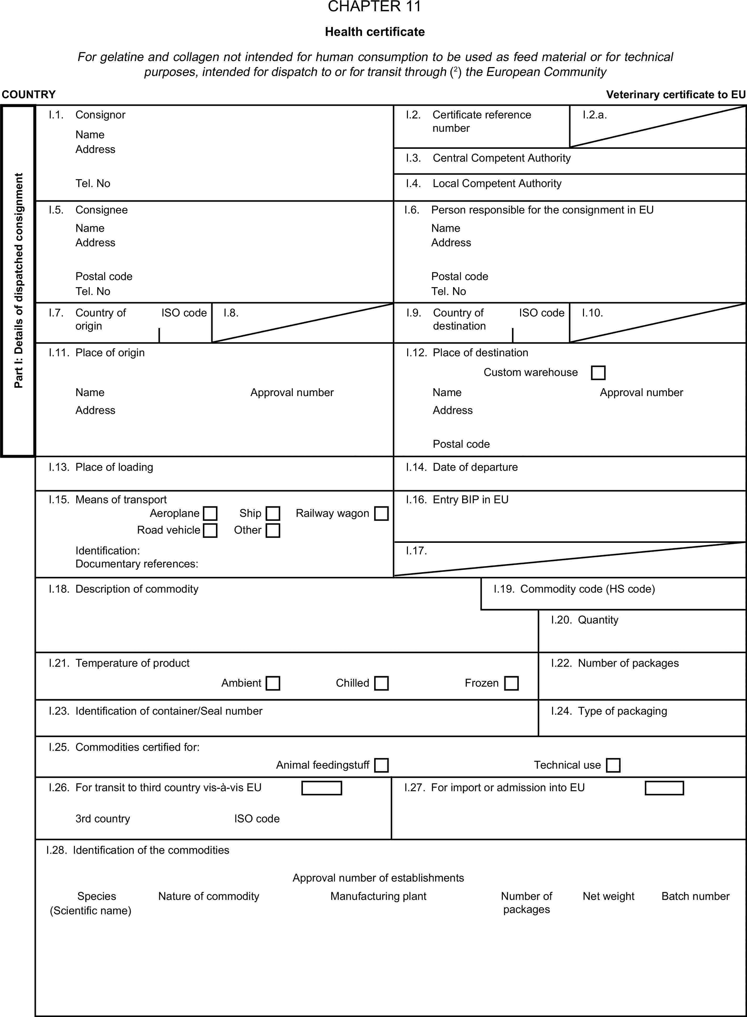 CHAPTER 11Health certificateFor gelatine and collagen not intended for human consumption to be used as feed material or for technical purposes, intended for dispatch to or for transit through (2) the European CommunityCOUNTRYVeterinary certificate to EUPart I: Details of dispatched consignmentI.1. ConsignorNameI.2. Certificate reference numberI.2.a.AddressI.3. Central Competent AuthorityTel. NoI.4. Local Competent AuthorityI.5. ConsigneeI.6. Person responsible for the consignment in EUNameNameAddressAddressPostal codePostal codeTel. NoTel. NoI.7. Country of originISO codeI.8.I.9. Country of destinationISO codeI.10.I.11. Place of originI.12. Place of destinationCustom warehouseNameApproval numberNameApproval numberAddressAddressPostal codeI.13. Place of loadingI.14. Date of departureI.15. Means of transportI.16. Entry BIP in EUAeroplaneShipRoad vehicleOtherRailway wagonIdentification:I.17.Documentary references:I.18. Description of commodityI.19. Commodity code (HS code)I.20. QuantityI.21. Temperature of productI.22. Number of packagesAmbientChilledFrozenI.23. Identification of container/Seal numberI.24. Type of packagingI.25. Commodities certified for:Animal feedingstuffTechnical useI.26. For transit to third country vis-à-vis EUI.27. For import or admission into EU3rd countryNature of commodityISO codeI.28. Identification of the commoditiesApproval number of establishmentsSpeciesManufacturing plantNet weightBatch number(Scientific name)Number of packages