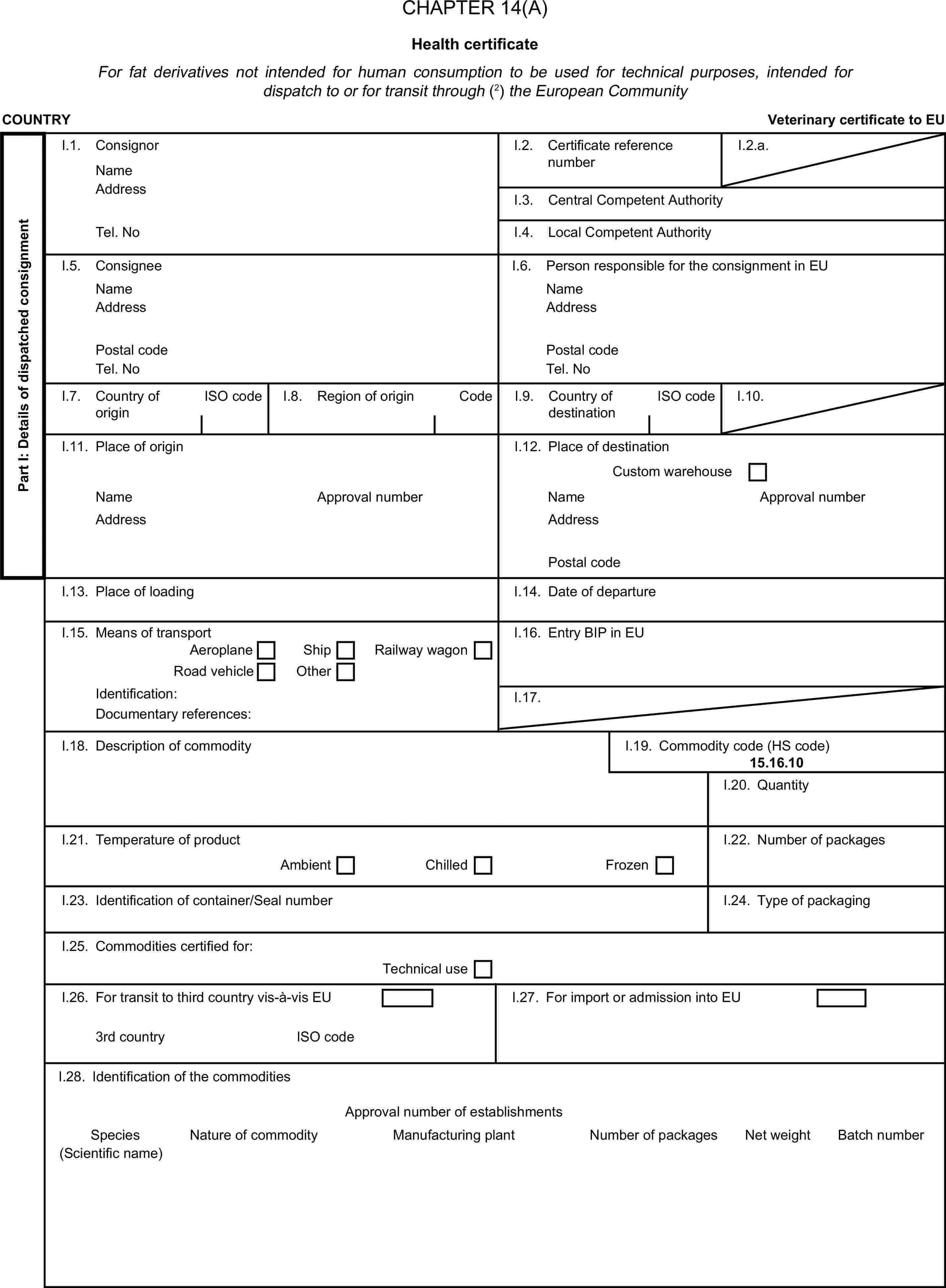 CHAPTER 14(A)Health certificateFor fat derivatives not intended for human consumption to be used for technical purposes, intended for dispatch to or for transit through (2) the European CommunityCOUNTRYVeterinary certificate to EUPart I: Details of dispatched consignmentI.1. ConsignorNameI.2. Certificate reference numberI.2.a.AddressI.3. Central Competent AuthorityTel. NoI.4. Local Competent AuthorityI.5. ConsigneeI.6. Person responsible for the consignment in EUNameNameAddressAddressPostal codePostal codeTel. NoTel. NoI.7. Country of originISO codeI.8. Region of originCodeI.9. Country of destinationISO codeI.10.I.11. Place of originI.12. Place of destinationCustom warehouseNameApproval numberNameApproval numberAddressAddressPostal codeI.13. Place of loadingI.14. Date of departureI.15. Means of transportI.16. Entry BIP in EUAeroplaneShipRoad vehicleOtherRailway wagonIdentification:I.17.Documentary references:I.18. Description of commodityI.19. Commodity code (HS code)15.16.10I.20. QuantityI.21. Temperature of productI.22. Number of packagesAmbientChilledFrozenI.23. Identification of container/Seal numberI.24. Type of packagingI.25. Commodities certified for:Technical useI.26. For transit to third country vis-à-vis EUI.27. For import or admission into EU3rd countryISO codeI.28. Identification of the commoditiesApproval number of establishmentsSpeciesNature of commodityManufacturing plantNumber of packagesNet weightBatch number(Scientific name)