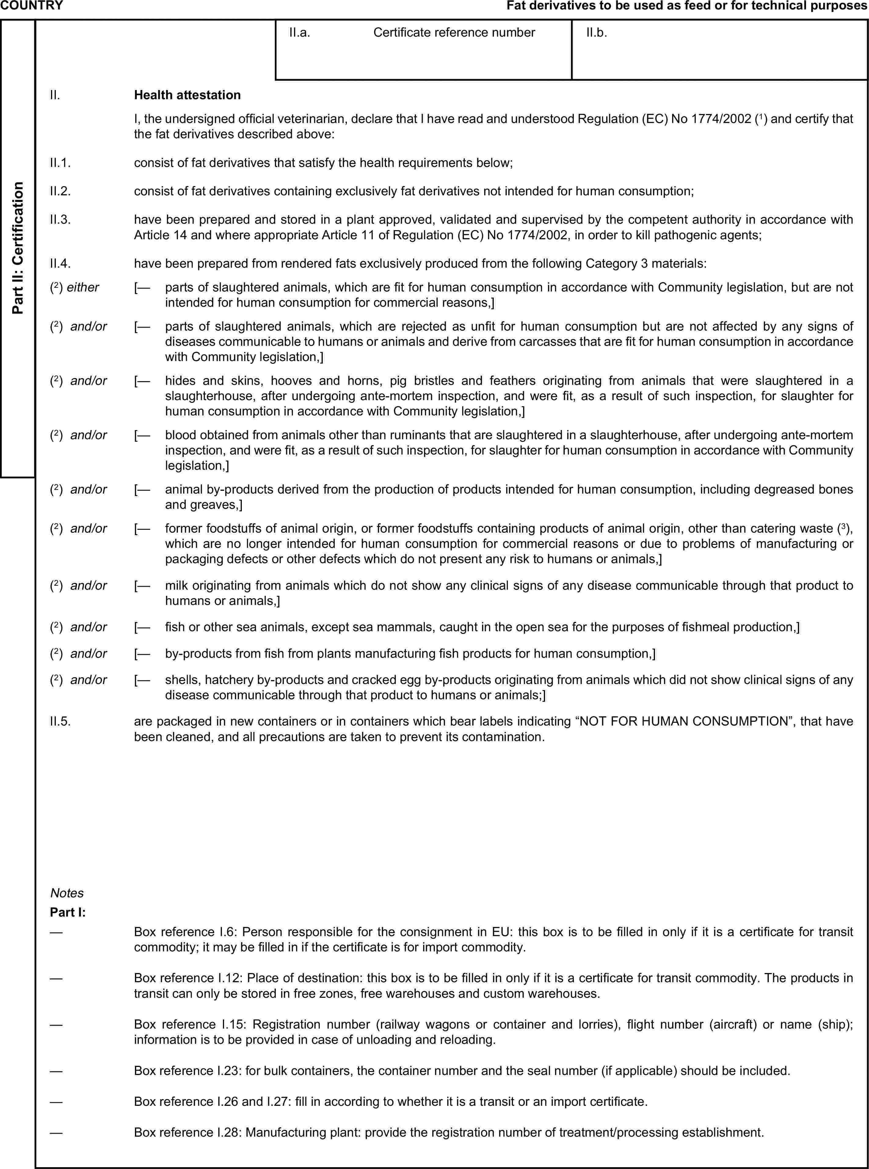 COUNTRYFat derivatives to be used as feed or for technical purposesPart II: CertificationII.a. Certificate reference numberII.b.II. Health attestationI, the undersigned official veterinarian, declare that I have read and understood Regulation (EC) No 1774/2002 (1) and certify that the fat derivatives described above:II.1. consist of fat derivatives that satisfy the health requirements below;II.2. consist of fat derivatives containing exclusively fat derivatives not intended for human consumption;II.3. have been prepared and stored in a plant approved, validated and supervised by the competent authority in accordance with Article 14 and where appropriate Article 11 of Regulation (EC) No 1774/2002, in order to kill pathogenic agents;II.4. have been prepared from rendered fats exclusively produced from the following Category 3 materials:(2) either [— parts of slaughtered animals, which are fit for human consumption in accordance with Community legislation, but are not intended for human consumption for commercial reasons,](2) and/or [— parts of slaughtered animals, which are rejected as unfit for human consumption but are not affected by any signs of diseases communicable to humans or animals and derive from carcasses that are fit for human consumption in accordance with Community legislation,](2) and/or [— hides and skins, hooves and horns, pig bristles and feathers originating from animals that were slaughtered in a slaughterhouse, after undergoing ante-mortem inspection, and were fit, as a result of such inspection, for slaughter for human consumption in accordance with Community legislation,](2) and/or [— blood obtained from animals other than ruminants that are slaughtered in a slaughterhouse, after undergoing ante-mortem inspection, and were fit, as a result of such inspection, for slaughter for human consumption in accordance with Community legislation,](2) and/or [— animal by-products derived from the production of products intended for human consumption, including degreased bones and greaves,](2) and/or [— former foodstuffs of animal origin, or former foodstuffs containing products of animal origin, other than catering waste (3), which are no longer intended for human consumption for commercial reasons or due to problems of manufacturing or packaging defects or other defects which do not present any risk to humans or animals,](2) and/or [— milk originating from animals which do not show any clinical signs of any disease communicable through that product to humans or animals,](2) and/or [— fish or other sea animals, except sea mammals, caught in the open sea for the purposes of fishmeal production,](2) and/or [— by-products from fish from plants manufacturing fish products for human consumption,](2) and/or [— shells, hatchery by-products and cracked egg by-products originating from animals which did not show clinical signs of any disease communicable through that product to humans or animals;]II.5. are packaged in new containers or in containers which bear labels indicating “NOT FOR HUMAN CONSUMPTION”, that have been cleaned, and all precautions are taken to prevent its contamination.NotesPart I:— Box reference I.6: Person responsible for the consignment in EU: this box is to be filled in only if it is a certificate for transit commodity; it may be filled in if the certificate is for import commodity.— Box reference I.12: Place of destination: this box is to be filled in only if it is a certificate for transit commodity. The products in transit can only be stored in free zones, free warehouses and custom warehouses.— Box reference I.15: Registration number (railway wagons or container and lorries), flight number (aircraft) or name (ship); information is to be provided in case of unloading and reloading.— Box reference I.23: for bulk containers, the container number and the seal number (if applicable) should be included.— Box reference I.26 and I.27: fill in according to whether it is a transit or an import certificate.— Box reference I.28: Manufacturing plant: provide the registration number of treatment/processing establishment.