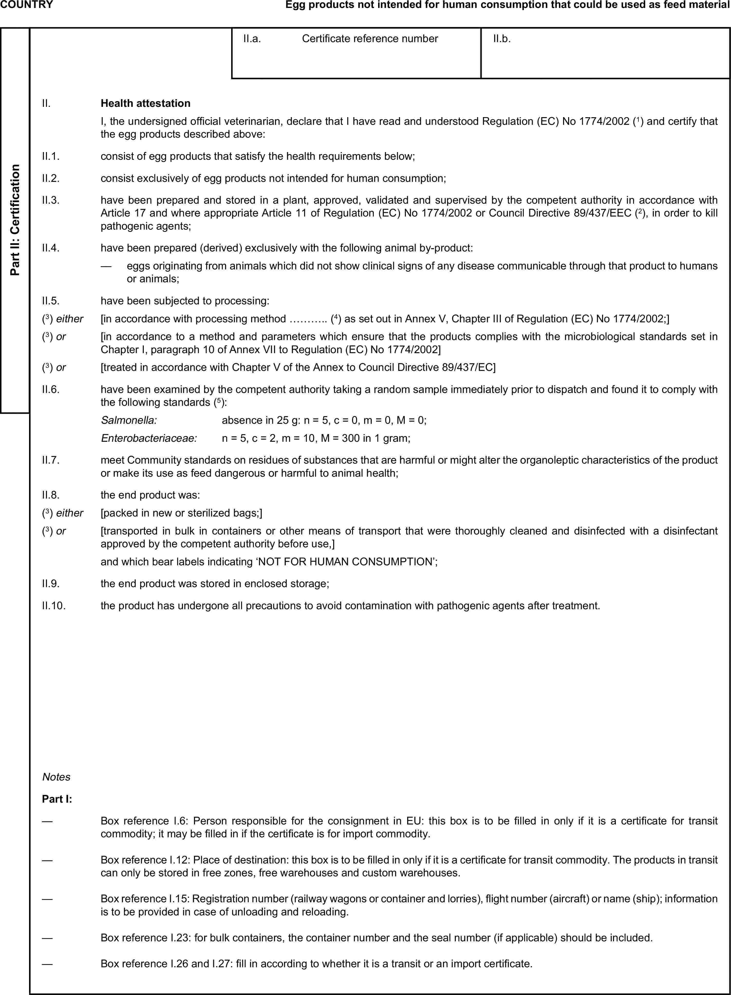 COUNTRYEgg products not intended for human consumption that could be used as feed materialPart II: CertificationII.a. Certificate reference numberII.b.II. Health attestationI, the undersigned official veterinarian, declare that I have read and understood Regulation (EC) No 1774/2002 (1) and certify that the egg products described above:II.1. consist of egg products that satisfy the health requirements below;II.2. consist exclusively of egg products not intended for human consumption;II.3. have been prepared and stored in a plant, approved, validated and supervised by the competent authority in accordance with Article 17 and where appropriate Article 11 of Regulation (EC) No 1774/2002 or Council Directive 89/437/EEC (2), in order to kill pathogenic agents;II.4. have been prepared (derived) exclusively with the following animal by-product:— eggs originating from animals which did not show clinical signs of any disease communicable through that product to humans or animals;II.5. have been subjected to processing:(3) either [in accordance with processing method ……….. (4) as set out in Annex V, Chapter III of Regulation (EC) No 1774/2002;](3) or [in accordance to a method and parameters which ensure that the products complies with the microbiological standards set in Chapter I, paragraph 10 of Annex VII to Regulation (EC) No 1774/2002](3) or [treated in accordance with Chapter V of the Annex to Council Directive 89/437/EC]II.6. have been examined by the competent authority taking a random sample immediately prior to dispatch and found it to comply with the following standards (5):Salmonella: absence in 25 g: n = 5, c = 0, m = 0, M = 0;Enterobacteriaceae: n = 5, c = 2, m = 10, M = 300 in 1 gram;II.7. meet Community standards on residues of substances that are harmful or might alter the organoleptic characteristics of the product or make its use as feed dangerous or harmful to animal health;II.8. the end product was:(3) either [packed in new or sterilized bags;](3) or [transported in bulk in containers or other means of transport that were thoroughly cleaned and disinfected with a disinfectant approved by the competent authority before use,]and which bear labels indicating ‘NOT FOR HUMAN CONSUMPTION’;II.9. the end product was stored in enclosed storage;II.10. the product has undergone all precautions to avoid contamination with pathogenic agents after treatment.NotesPart I:— Box reference I.6: Person responsible for the consignment in EU: this box is to be filled in only if it is a certificate for transit commodity; it may be filled in if the certificate is for import commodity.— Box reference I.12: Place of destination: this box is to be filled in only if it is a certificate for transit commodity. The products in transit can only be stored in free zones, free warehouses and custom warehouses.— Box reference I.15: Registration number (railway wagons or container and lorries), flight number (aircraft) or name (ship); information is to be provided in case of unloading and reloading.— Box reference I.23: for bulk containers, the container number and the seal number (if applicable) should be included.— Box reference I.26 and I.27: fill in according to whether it is a transit or an import certificate.