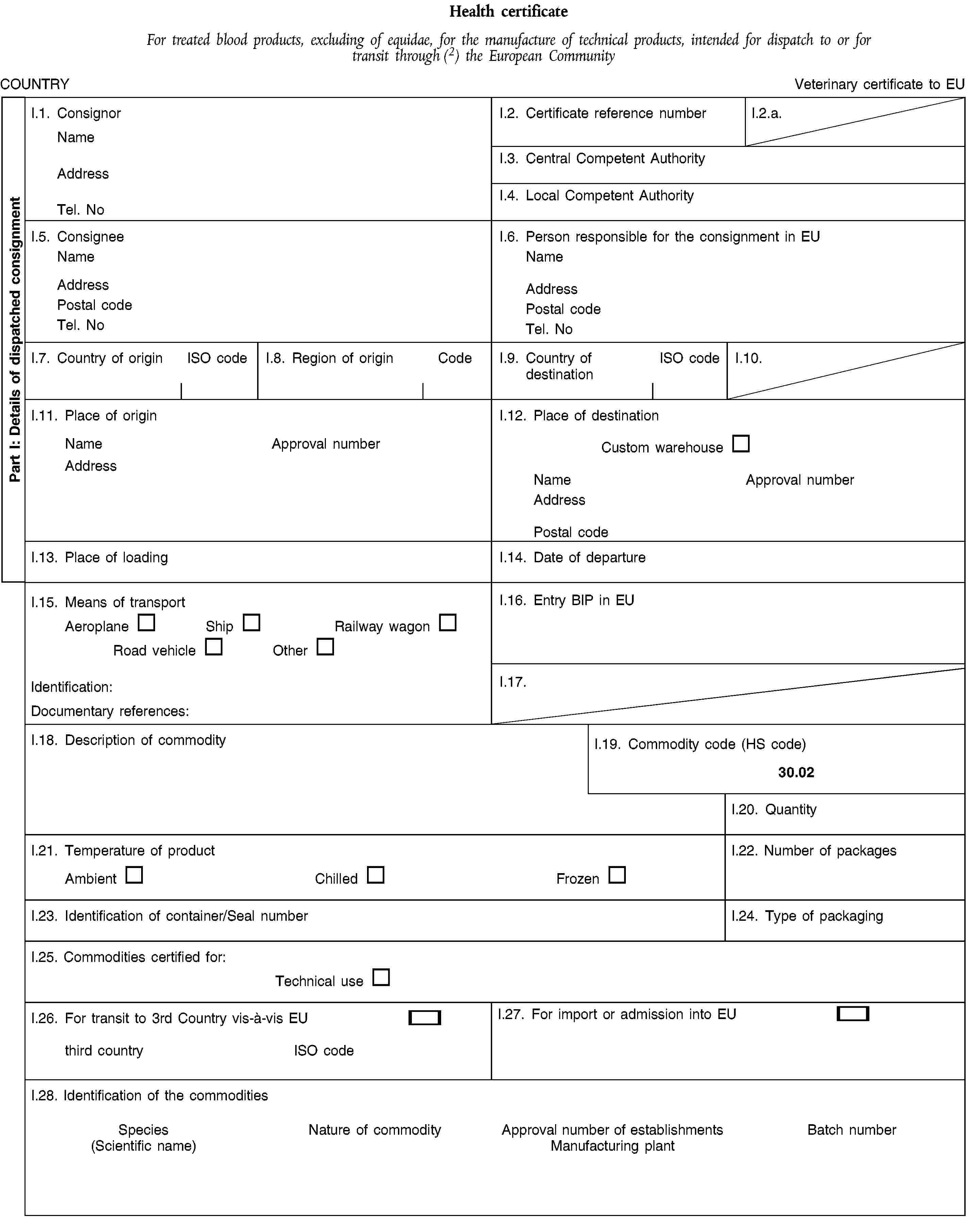 Part I: Details of dispatched consignmentHealth certificateFor treated blood products, excluding of equidae, for the manufacture of technical products, intended for dispatch to or for transit through (2) the European CommunityCOUNTRYVeterinary certificate to EUI.1. ConsignorNameAddressTel. NoI.2. Certificate reference numberI.2.a.I.3. Central Competent AuthorityI.4. Local Competent AuthorityI.5. ConsigneeNameAddressPostal codeTel. NoI.6. Person responsible for the consignment in EUNameAddressPostal codeTel. NoI.7. Country of originISO codeI.8. Region of originCodeI.9. Country of destinationISO codeI.10.I.11. Place of originNameApproval numberAddressI.12. Place of destinationCustom warehouseNameApproval numberAddressPostal codeI.13. Place of loadingI.14. Date of departureI.15. Means of transportAeroplaneShipRailway wagonRoad vehicleOtherIdentification:Documentary references:I.16. Entry BIP in EUI.17.I.18. Description of commodityI.19. Commodity code (HS code)30.02I.20. QuantityI.21. Temperature of productAmbientChilledFrozenI.22. Number of packagesI.23. Identification of container/Seal numberI.24. Type of packagingI.25. Commodities certified for:Technical useI.26. For transit to 3rd Country vis-à-vis EUthird countryISO codeI.27. For import or admission into EUI.28. Identification of the commoditiesSpecies(Scientific name)Nature of commodityApproval number of establishmentsManufacturing plantBatch number