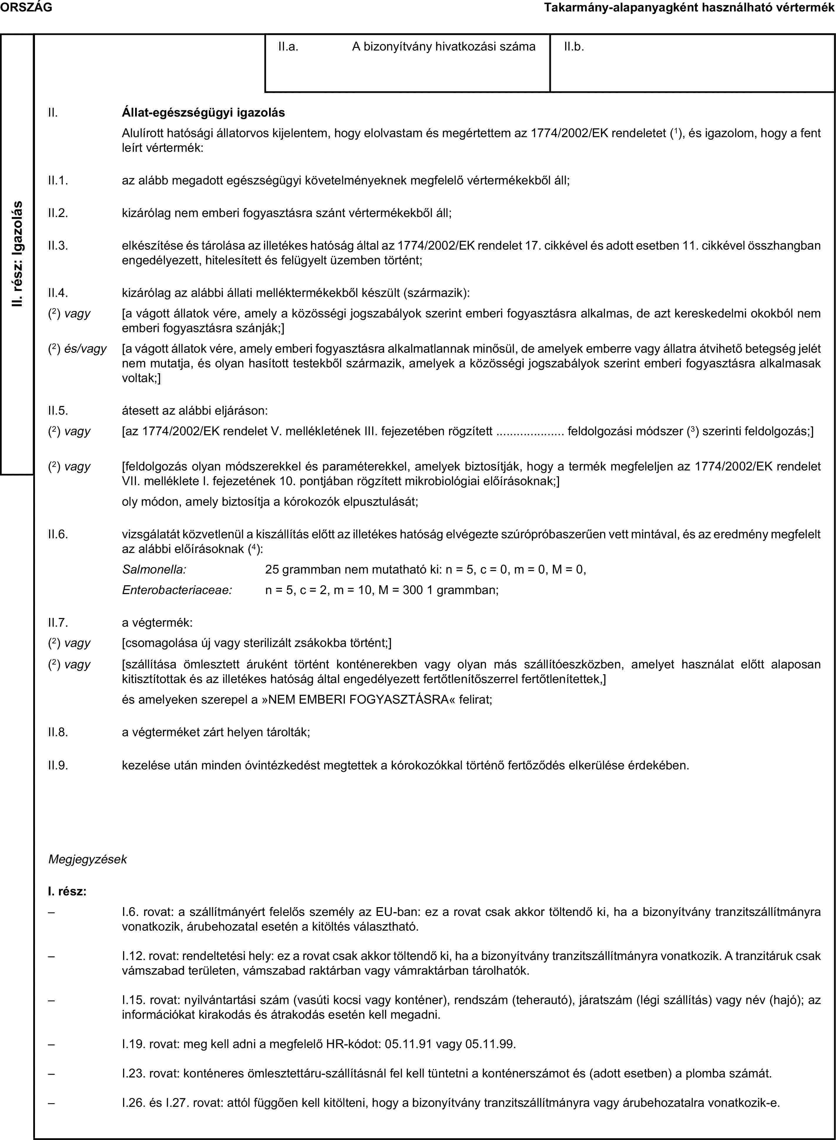 ORSZÁGTakarmány-alapanyagként használható vértermékII. rész: IgazolásII.a. A bizonyítvány hivatkozási számaII.b.II. Állat-egészségügyi igazolásAlulírott hatósági állatorvos kijelentem, hogy elolvastam és megértettem az 1774/2002/EK rendeletet (1), és igazolom, hogy a fent leírt vértermék:II.1. az alább megadott egészségügyi követelményeknek megfelelő vértermékekből áll;II.2. kizárólag nem emberi fogyasztásra szánt vértermékekből áll;II.3. elkészítése és tárolása az illetékes hatóság által az 1774/2002/EK rendelet 17. cikkével és adott esetben 11. cikkével összhangban engedélyezett, hitelesített és felügyelt üzemben történt;II.4. kizárólag az alábbi állati melléktermékekből készült (származik):(2) vagy [a vágott állatok vére, amely a közösségi jogszabályok szerint emberi fogyasztásra alkalmas, de azt kereskedelmi okokból nem emberi fogyasztásra szánják;](2) és/vagy [a vágott állatok vére, amely emberi fogyasztásra alkalmatlannak minősül, de amelyek emberre vagy állatra átvihető betegség jelét nem mutatja, és olyan hasított testekből származik, amelyek a közösségi jogszabályok szerint emberi fogyasztásra alkalmasak voltak;]II.5. átesett az alábbi eljáráson:(2) vagy [az 1774/2002/EK rendelet V. mellékletének III. fejezetében rögzített … feldolgozási módszer (3) szerinti feldolgozás;](2) vagy [feldolgozás olyan módszerekkel és paraméterekkel, amelyek biztosítják, hogy a termék megfeleljen az 1774/2002/EK rendelet VII. melléklete I. fejezetének 10. pontjában rögzített mikrobiológiai előírásoknak;]oly módon, amely biztosítja a kórokozók elpusztulását;II.6. vizsgálatát közvetlenül a kiszállítás előtt az illetékes hatóság elvégezte szúrópróbaszerűen vett mintával, és az eredmény megfelelt az alábbi előírásoknak (4):Salmonella: 25 grammban nem mutatható ki: n = 5, c = 0, m = 0, M = 0,Enterobacteriaceae: n = 5, c = 2, m = 10, M = 300 1 grammban;II.7. a végtermék:(2) vagy [csomagolása új vagy sterilizált zsákokba történt;](2) vagy [szállítása ömlesztett áruként történt konténerekben vagy olyan más szállítóeszközben, amelyet használat előtt alaposan kitisztítottak és az illetékes hatóság által engedélyezett fertőtlenítőszerrel fertőtlenítettek,]és amelyeken szerepel a »NEM EMBERI FOGYASZTÁSRA« felirat;II.8. a végterméket zárt helyen tárolták;II.9. kezelése után minden óvintézkedést megtettek a kórokozókkal történő fertőződés elkerülése érdekében.MegjegyzésekI. rész:– I.6. rovat: a szállítmányért felelős személy az EU-ban: ez a rovat csak akkor töltendő ki, ha a bizonyítvány tranzitszállítmányra vonatkozik, árubehozatal esetén a kitöltés választható.– I.12. rovat: rendeltetési hely: ez a rovat csak akkor töltendő ki, ha a bizonyítvány tranzitszállítmányra vonatkozik. A tranzitáruk csak vámszabad területen, vámszabad raktárban vagy vámraktárban tárolhatók.– I.15. rovat: nyilvántartási szám (vasúti kocsi vagy konténer), rendszám (teherautó), járatszám (légi szállítás) vagy név (hajó); az információkat kirakodás és átrakodás esetén kell megadni.– I.19. rovat: meg kell adni a megfelelő HR-kódot: 05.11.91 vagy 05.11.99.– I.23. rovat: konténeres ömlesztettáru-szállításnál fel kell tüntetni a konténerszámot és (adott esetben) a plomba számát.– I.26. és I.27. rovat: attól függően kell kitölteni, hogy a bizonyítvány tranzitszállítmányra vagy árubehozatalra vonatkozik-e.