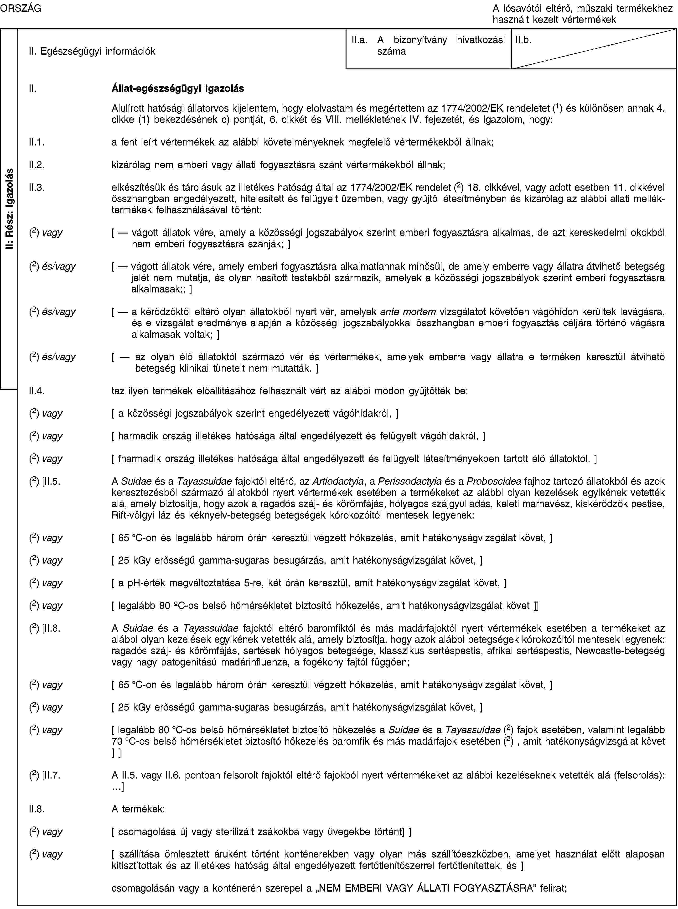 II: Rész: IgazolásORSZÁGA lósavótól eltérő, műszaki termékekhez használt kezelt vértermékekII. Egészségügyi információkII.a. A bizonyítvány hivatkozási számaII.b.II. Állat-egészségügyi igazolásAlulírott hatósági állatorvos kijelentem, hogy elolvastam és megértettem az 1774/2002/EK rendeletet (1) és különösen annak 4. cikke (1) bekezdésének c) pontját, 6. cikkét és VIII. mellékletének IV. fejezetét, és igazolom, hogy:II.1. a fent leírt vértermékek az alábbi követelményeknek megfelelő vértermékekből állnak;II.2. kizárólag nem emberi vagy állati fogyasztásra szánt vértermékekből állnak;II.3. elkészítésük és tárolásuk az illetékes hatóság által az 1774/2002/EK rendelet (2) 18. cikkével, vagy adott esetben 11. cikkével összhangban engedélyezett, hitelesített és felügyelt üzemben, vagy gyűjtő létesítményben és kizárólag az alábbi állati melléktermékek felhasználásával történt:(2) vagy [ — vágott állatok vére, amely a közösségi jogszabályok szerint emberi fogyasztásra alkalmas, de azt kereskedelmi okokból nem emberi fogyasztásra szánják; ](2) és/vagy [ — vágott állatok vére, amely emberi fogyasztásra alkalmatlannak minősül, de amely emberre vagy állatra átvihető betegség jelét nem mutatja, és olyan hasított testekből származik, amelyek a közösségi jogszabályok szerint emberi fogyasztásra alkalmasak;; ](2) és/vagy [ — a kérődzőktől eltérő olyan állatokból nyert vér, amelyek ante mortem vizsgálatot követően vágóhídon kerültek levágásra, és e vizsgálat eredménye alapján a közösségi jogszabályokkal összhangban emberi fogyasztás céljára történő vágásra alkalmasak voltak; ](2) és/vagy [ — az olyan élő állatoktól származó vér és vértermékek, amelyek emberre vagy állatra e terméken keresztül átvihető betegség klinikai tüneteit nem mutatták. ]II.4. taz ilyen termékek előállításához felhasznált vért az alábbi módon gyűjtötték be:(2) vagy [ a közösségi jogszabályok szerint engedélyezett vágóhidakról, ](2) vagy [ harmadik ország illetékes hatósága által engedélyezett és felügyelt vágóhidakról, ](2) vagy [ fharmadik ország illetékes hatósága által engedélyezett és felügyelt létesítményekben tartott élő állatoktól. ](2) [II.5. A Suidae és a Tayassuidae fajoktól eltérő, az Artiodactyla, a Perissodactyla és a Proboscidea fajhoz tartozó állatokból és azok keresztezésből származó állatokból nyert vértermékek esetében a termékeket az alábbi olyan kezelések egyikének vetették alá, amely biztosítja, hogy azok a ragadós száj- és körömfájás, hólyagos szájgyulladás, keleti marhavész, kiskérődzők pestise, Rift-völgyi láz és kéknyelv-betegség betegségek kórokozóitól mentesek legyenek:(2) vagy [ 65 °C-on és legalább három órán keresztül végzett hőkezelés, amit hatékonyságvizsgálat követ, ](2) vagy [ 25 kGy erősségű gamma-sugaras besugárzás, amit hatékonyságvizsgálat követ, ](2) vagy [ a pH-érték megváltoztatása 5-re, két órán keresztül, amit hatékonyságvizsgálat követ, ](2) vagy [ legalább 80 oC-os belső hőmérsékletet biztosító hőkezelés, amit hatékonyságvizsgálat követ ]](2) [II.6. A Suidae és a Tayassuidae fajoktól eltérő baromfiktól és más madárfajoktól nyert vértermékek esetében a termékeket az alábbi olyan kezelések egyikének vetették alá, amely biztosítja, hogy azok alábbi betegségek kórokozóitól mentesek legyenek: ragadós száj- és körömfájás, sertések hólyagos betegsége, klasszikus sertéspestis, afrikai sertéspestis, Newcastle-betegség vagy nagy patogenitású madárinfluenza, a fogékony fajtól függően;(2) vagy [ 65 °C-on és legalább három órán keresztül végzett hőkezelés, amit hatékonyságvizsgálat követ, ](2) vagy [ 25 kGy erősségű gamma-sugaras besugárzás, amit hatékonyságvizsgálat követ, ](2) vagy [ legalább 80 °C-os belső hőmérsékletet biztosító hőkezelés a Suidae és a Tayassuidae (2) fajok esetében, valamint legalább 70 °C-os belső hőmérsékletet biztosító hőkezelés baromfik és más madárfajok esetében (2) , amit hatékonyságvizsgálat követ ] ](2) [II.7. A II.5. vagy II.6. pontban felsorolt fajoktól eltérő fajokból nyert vértermékeket az alábbi kezeléseknek vetették alá (felsorolás): …]II.8. A termékek:(2) vagy [ csomagolása új vagy sterilizált zsákokba vagy üvegekbe történt] ](2) vagy [ szállítása ömlesztett áruként történt konténerekben vagy olyan más szállítóeszközben, amelyet használat előtt alaposan kitisztítottak és az illetékes hatóság által engedélyezett fertőtlenítőszerrel fertőtlenítettek, és ]csomagolásán vagy a konténerén szerepel a „NEM EMBERI VAGY ÁLLATI FOGYASZTÁSRA” felirat;