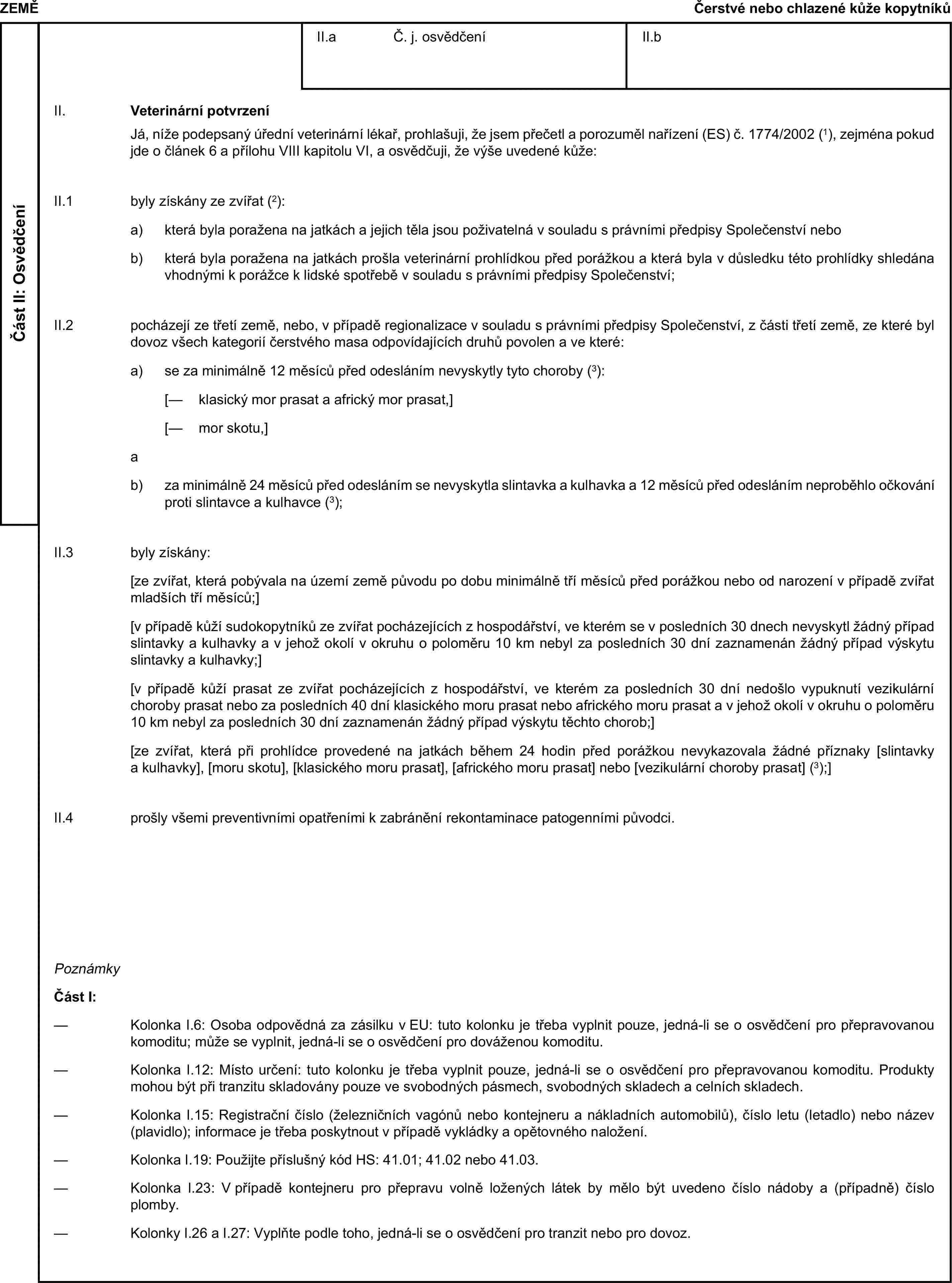 ZEMĚČerstvé nebo chlazené kůže kopytníkůČást II: OsvědčeníII.a Č. j. osvědčeníII.bII. Veterinární potvrzeníJá, níže podepsaný úřední veterinární lékař, prohlašuji, že jsem přečetl a porozuměl nařízení (ES) č. 1774/2002 (1), zejména pokud jde o článek 6 a přílohu VIII kapitolu VI, a osvědčuji, že výše uvedené kůže:II.1 byly získány ze zvířat (2):a) která byla poražena na jatkách a jejich těla jsou poživatelná v souladu s právními předpisy Společenství nebob) která byla poražena na jatkách prošla veterinární prohlídkou před porážkou a která byla v důsledku této prohlídky shledána vhodnými k porážce k lidské spotřebě v souladu s právními předpisy Společenství;II.2 pocházejí ze třetí země, nebo, v případě regionalizace v souladu s právními předpisy Společenství, z části třetí země, ze které byl dovoz všech kategorií čerstvého masa odpovídajících druhů povolen a ve které:a) se za minimálně 12 měsíců před odesláním nevyskytly tyto choroby (3):[— klasický mor prasat a africký mor prasat,][— mor skotu,]ab) za minimálně 24 měsíců před odesláním se nevyskytla slintavka a kulhavka a 12 měsíců před odesláním neproběhlo očkování proti slintavce a kulhavce (3);II.3 byly získány:[ze zvířat, která pobývala na území země původu po dobu minimálně tří měsíců před porážkou nebo od narození v případě zvířat mladších tří měsíců;][v případě kůží sudokopytníků ze zvířat pocházejících z hospodářství, ve kterém se v posledních 30 dnech nevyskytl žádný případ slintavky a kulhavky a v jehož okolí v okruhu o poloměru 10 km nebyl za posledních 30 dní zaznamenán žádný případ výskytu slintavky a kulhavky;][v případě kůží prasat ze zvířat pocházejících z hospodářství, ve kterém za posledních 30 dní nedošlo vypuknutí vezikulární choroby prasat nebo za posledních 40 dní klasického moru prasat nebo afrického moru prasat a v jehož okolí v okruhu o poloměru 10 km nebyl za posledních 30 dní zaznamenán žádný případ výskytu těchto chorob;][ze zvířat, která při prohlídce provedené na jatkách během 24 hodin před porážkou nevykazovala žádné příznaky [slintavky a kulhavky], [moru skotu], [klasického moru prasat], [afrického moru prasat] nebo [vezikulární choroby prasat] (3);]II.4 prošly všemi preventivními opatřeními k zabránění rekontaminace patogenními původci.PoznámkyČást I:— Kolonka I.6: Osoba odpovědná za zásilku v EU: tuto kolonku je třeba vyplnit pouze, jedná-li se o osvědčení pro přepravovanou komoditu; může se vyplnit, jedná-li se o osvědčení pro dováženou komoditu.— Kolonka I.12: Místo určení: tuto kolonku je třeba vyplnit pouze, jedná-li se o osvědčení pro přepravovanou komoditu. Produkty mohou být při tranzitu skladovány pouze ve svobodných pásmech, svobodných skladech a celních skladech.— Kolonka I.15: Registrační číslo (železničních vagónů nebo kontejneru a nákladních automobilů), číslo letu (letadlo) nebo název (plavidlo); informace je třeba poskytnout v případě vykládky a opětovného naložení.— Kolonka I.19: Použijte příslušný kód HS: 41.01; 41.02 nebo 41.03.— Kolonka I.23: V případě kontejneru pro přepravu volně ložených látek by mělo být uvedeno číslo nádoby a (případně) číslo plomby.— Kolonky I.26 a I.27: Vyplňte podle toho, jedná-li se o osvědčení pro tranzit nebo pro dovoz.