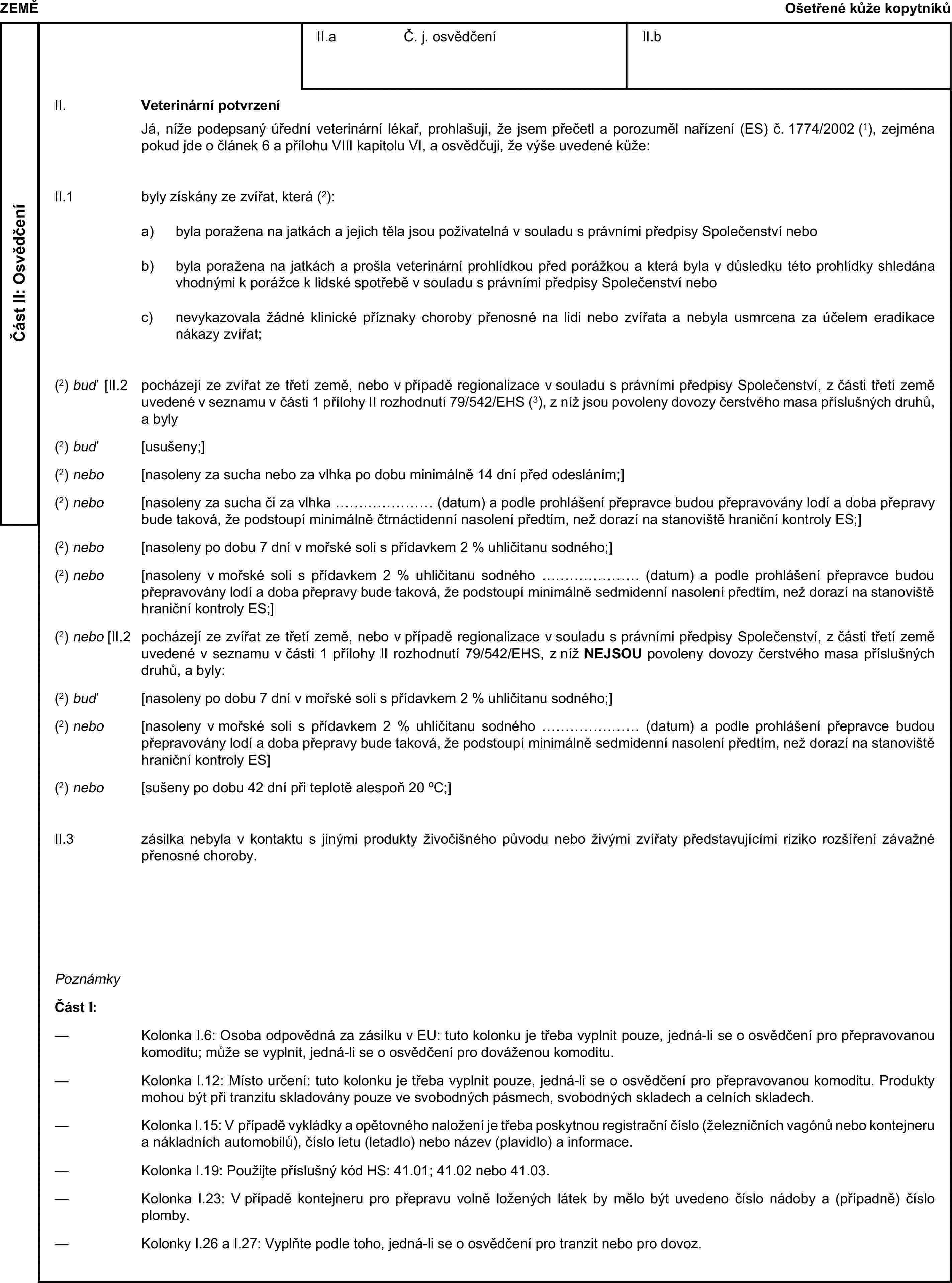 ZEMĚOšetřené kůže kopytníkůČást II: OsvědčeníII.a Č. j. osvědčeníII.bII. Veterinární potvrzeníJá, níže podepsaný úřední veterinární lékař, prohlašuji, že jsem přečetl a porozuměl nařízení (ES) č. 1774/2002 (1), zejména pokud jde o článek 6 a přílohu VIII kapitolu VI, a osvědčuji, že výše uvedené kůže:II.1 byly získány ze zvířat, která (2):a) byla poražena na jatkách a jejich těla jsou poživatelná v souladu s právními předpisy Společenství nebob) byla poražena na jatkách a prošla veterinární prohlídkou před porážkou a která byla v důsledku této prohlídky shledána vhodnými k porážce k lidské spotřebě v souladu s právními předpisy Společenství neboc) nevykazovala žádné klinické příznaky choroby přenosné na lidi nebo zvířata a nebyla usmrcena za účelem eradikace nákazy zvířat;(2) buď [II.2 pocházejí ze zvířat ze třetí země, nebo v případě regionalizace v souladu s právními předpisy Společenství, z části třetí země uvedené v seznamu v části 1 přílohy II rozhodnutí 79/542/EHS (3), z níž jsou povoleny dovozy čerstvého masa příslušných druhů, a byly(2) buď [usušeny;](2) nebo [nasoleny za sucha nebo za vlhka po dobu minimálně 14 dní před odesláním;](2) nebo [nasoleny za sucha či za vlhka … (datum) a podle prohlášení přepravce budou přepravovány lodí a doba přepravy bude taková, že podstoupí minimálně čtrnáctidenní nasolení předtím, než dorazí na stanoviště hraniční kontroly ES;](2) nebo [nasoleny po dobu 7 dní v mořské soli s přídavkem 2 % uhličitanu sodného;](2) nebo [nasoleny v mořské soli s přídavkem 2 % uhličitanu sodného … (datum) a podle prohlášení přepravce budou přepravovány lodí a doba přepravy bude taková, že podstoupí minimálně sedmidenní nasolení předtím, než dorazí na stanoviště hraniční kontroly ES;](2) nebo [II.2 pocházejí ze zvířat ze třetí země, nebo v případě regionalizace v souladu s právními předpisy Společenství, z části třetí země uvedené v seznamu v části 1 přílohy II rozhodnutí 79/542/EHS, z níž NEJSOU povoleny dovozy čerstvého masa příslušných druhů, a byly:(2) buď [nasoleny po dobu 7 dní v mořské soli s přídavkem 2 % uhličitanu sodného;](2) nebo [nasoleny v mořské soli s přídavkem 2 % uhličitanu sodného … (datum) a podle prohlášení přepravce budou přepravovány lodí a doba přepravy bude taková, že podstoupí minimálně sedmidenní nasolení předtím, než dorazí na stanoviště hraniční kontroly ES](2) nebo [sušeny po dobu 42 dní při teplotě alespoň 20 oC;]II.3 zásilka nebyla v kontaktu s jinými produkty živočišného původu nebo živými zvířaty představujícími riziko rozšíření závažné přenosné choroby.PoznámkyČást I:— Kolonka I.6: Osoba odpovědná za zásilku v EU: tuto kolonku je třeba vyplnit pouze, jedná-li se o osvědčení pro přepravovanou komoditu; může se vyplnit, jedná-li se o osvědčení pro dováženou komoditu.— Kolonka I.12: Místo určení: tuto kolonku je třeba vyplnit pouze, jedná-li se o osvědčení pro přepravovanou komoditu. Produkty mohou být při tranzitu skladovány pouze ve svobodných pásmech, svobodných skladech a celních skladech.— Kolonka I.15: V případě vykládky a opětovného naložení je třeba poskytnou registrační číslo (železničních vagónů nebo kontejneru a nákladních automobilů), číslo letu (letadlo) nebo název (plavidlo) a informace.— Kolonka I.19: Použijte příslušný kód HS: 41.01; 41.02 nebo 41.03.— Kolonka I.23: V případě kontejneru pro přepravu volně ložených látek by mělo být uvedeno číslo nádoby a (případně) číslo plomby.— Kolonky I.26 a I.27: Vyplňte podle toho, jedná-li se o osvědčení pro tranzit nebo pro dovoz.