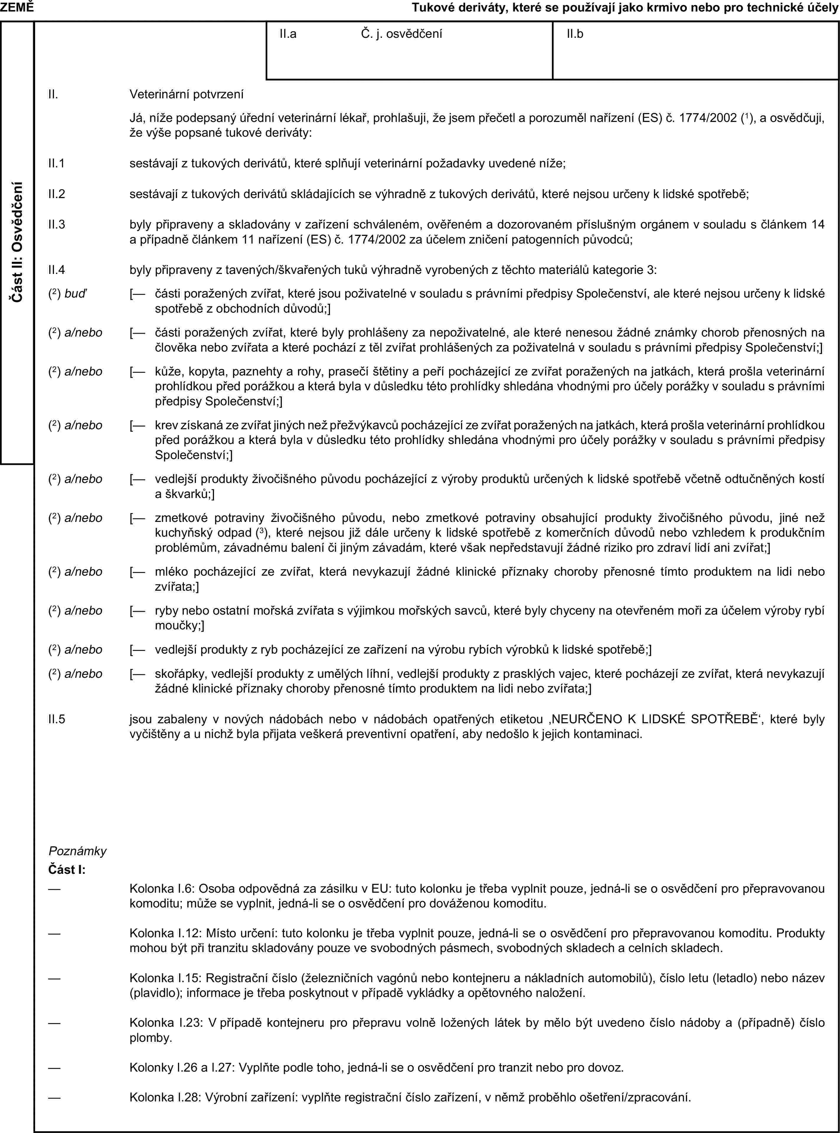 ZEMĚTukové deriváty, které se používají jako krmivo nebo pro technické účelyČást II: OsvědčeníII.a Č. j. osvědčeníII.bII. Veterinární potvrzeníJá, níže podepsaný úřední veterinární lékař, prohlašuji, že jsem přečetl a porozuměl nařízení (ES) č. 1774/2002 (1), a osvědčuji, že výše popsané tukové deriváty:II.1 sestávají z tukových derivátů, které splňují veterinární požadavky uvedené níže;II.2 sestávají z tukových derivátů skládajících se výhradně z tukových derivátů, které nejsou určeny k lidské spotřebě;II.3 byly připraveny a skladovány v zařízení schváleném, ověřeném a dozorovaném příslušným orgánem v souladu s článkem 14 a případně článkem 11 nařízení (ES) č. 1774/2002 za účelem zničení patogenních původců;II.4 byly připraveny z tavených/škvařených tuků výhradně vyrobených z těchto materiálů kategorie 3:(2) buď [— části poražených zvířat, které jsou poživatelné v souladu s právními předpisy Společenství, ale které nejsou určeny k lidské spotřebě z obchodních důvodů;](2) a/nebo [— části poražených zvířat, které byly prohlášeny za nepoživatelné, ale které nenesou žádné známky chorob přenosných na člověka nebo zvířata a které pochází z těl zvířat prohlášených za poživatelná v souladu s právními předpisy Společenství;](2) a/nebo [— kůže, kopyta, paznehty a rohy, prasečí štětiny a peří pocházející ze zvířat poražených na jatkách, která prošla veterinární prohlídkou před porážkou a která byla v důsledku této prohlídky shledána vhodnými pro účely porážky v souladu s právními předpisy Společenství;](2) a/nebo [— krev získaná ze zvířat jiných než přežvýkavců pocházející ze zvířat poražených na jatkách, která prošla veterinární prohlídkou před porážkou a která byla v důsledku této prohlídky shledána vhodnými pro účely porážky v souladu s právními předpisy Společenství;](2) a/nebo [— vedlejší produkty živočišného původu pocházející z výroby produktů určených k lidské spotřebě včetně odtučněných kostí a škvarků;](2) a/nebo [— zmetkové potraviny živočišného původu, nebo zmetkové potraviny obsahující produkty živočišného původu, jiné než kuchyňský odpad (3), které nejsou již dále určeny k lidské spotřebě z komerčních důvodů nebo vzhledem k produkčním problémům, závadnému balení či jiným závadám, které však nepředstavují žádné riziko pro zdraví lidí ani zvířat;](2) a/nebo [— mléko pocházející ze zvířat, která nevykazují žádné klinické příznaky choroby přenosné tímto produktem na lidi nebo zvířata;](2) a/nebo [— ryby nebo ostatní mořská zvířata s výjimkou mořských savců, které byly chyceny na otevřeném moři za účelem výroby rybí moučky;](2) a/nebo [— vedlejší produkty z ryb pocházející ze zařízení na výrobu rybích výrobků k lidské spotřebě;](2) a/nebo [— skořápky, vedlejší produkty z umělých líhní, vedlejší produkty z prasklých vajec, které pocházejí ze zvířat, která nevykazují žádné klinické příznaky choroby přenosné tímto produktem na lidi nebo zvířata;]II.5 jsou zabaleny v nových nádobách nebo v nádobách opatřených etiketou ‚NEURČENO K LIDSKÉ SPOTŘEBĚ‘, které byly vyčištěny a u nichž byla přijata veškerá preventivní opatření, aby nedošlo k jejich kontaminaci.PoznámkyČást I:— Kolonka I.6: Osoba odpovědná za zásilku v EU: tuto kolonku je třeba vyplnit pouze, jedná-li se o osvědčení pro přepravovanou komoditu; může se vyplnit, jedná-li se o osvědčení pro dováženou komoditu.— Kolonka I.12: Místo určení: tuto kolonku je třeba vyplnit pouze, jedná-li se o osvědčení pro přepravovanou komoditu. Produkty mohou být při tranzitu skladovány pouze ve svobodných pásmech, svobodných skladech a celních skladech.— Kolonka I.15: Registrační číslo (železničních vagónů nebo kontejneru a nákladních automobilů), číslo letu (letadlo) nebo název (plavidlo); informace je třeba poskytnout v případě vykládky a opětovného naložení.— Kolonka I.23: V případě kontejneru pro přepravu volně ložených látek by mělo být uvedeno číslo nádoby a (případně) číslo plomby.— Kolonky I.26 a I.27: Vyplňte podle toho, jedná-li se o osvědčení pro tranzit nebo pro dovoz.— Kolonka I.28: Výrobní zařízení: vyplňte registrační číslo zařízení, v němž proběhlo ošetření/zpracování.