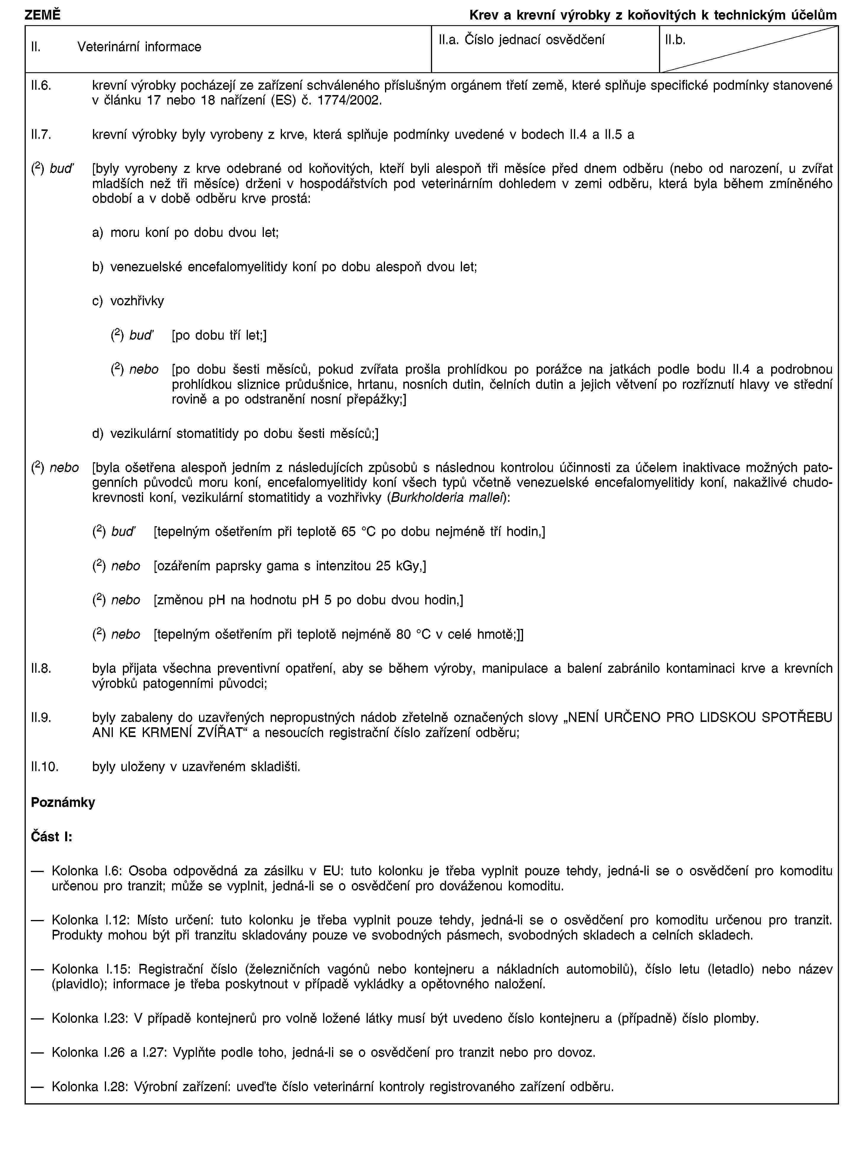 ZEMĚKrev a krevní výrobky z koňovitých k technickým účelůmII. Veterinární informaceII.a. Číslo jednací osvědčeníII.b.II.6. krevní výrobky pocházejí ze zařízení schváleného příslušným orgánem třetí země, které splňuje specifické podmínky stanovené v článku 17 nebo 18 nařízení (ES) č. 1774/2002.II.7. krevní výrobky byly vyrobeny z krve, která splňuje podmínky uvedené v bodech II.4 a II.5 a(2) buď [byly vyrobeny z krve odebrané od koňovitých, kteří byli alespoň tři měsíce před dnem odběru (nebo od narození, u zvířat mladších než tři měsíce) drženi v hospodářstvích pod veterinárním dohledem v zemi odběru, která byla během zmíněného období a v době odběru krve prostá:a) moru koní po dobu dvou let;b) venezuelské encefalomyelitidy koní po dobu alespoň dvou let;c) vozhřivky(2) buď [po dobu tří let;](2) nebo [po dobu šesti měsíců, pokud zvířata prošla prohlídkou po porážce na jatkách podle bodu II.4 a podrobnou prohlídkou sliznice průdušnice, hrtanu, nosních dutin, čelních dutin a jejich větvení po rozříznutí hlavy ve střední rovině a po odstranění nosní přepážky;]d) vezikulární stomatitidy po dobu šesti měsíců;](2) nebo [byla ošetřena alespoň jedním z následujících způsobů s následnou kontrolou účinnosti za účelem inaktivace možných patogenních původců moru koní, encefalomyelitidy koní všech typů včetně venezuelské encefalomyelitidy koní, nakažlivé chudokrevnosti koní, vezikulární stomatitidy a vozhřivky (Burkholderia mallei):(2) buď [tepelným ošetřením při teplotě 65 °C po dobu nejméně tří hodin,](2) nebo [ozářením paprsky gama s intenzitou 25 kGy,](2) nebo [změnou pH na hodnotu pH 5 po dobu dvou hodin,](2) nebo [tepelným ošetřením při teplotě nejméně 80 °C v celé hmotě;]]II.8. byla přijata všechna preventivní opatření, aby se během výroby, manipulace a balení zabránilo kontaminaci krve a krevních výrobků patogenními původci;II.9. byly zabaleny do uzavřených nepropustných nádob zřetelně označených slovy „NENÍ URČENO PRO LIDSKOU SPOTŘEBU ANI KE KRMENÍ ZVÍŘAT“ a nesoucích registrační číslo zařízení odběru;II.10. byly uloženy v uzavřeném skladišti.PoznámkyČást I:Kolonka I.6: Osoba odpovědná za zásilku v EU: tuto kolonku je třeba vyplnit pouze tehdy, jedná-li se o osvědčení pro komoditu určenou pro tranzit; může se vyplnit, jedná-li se o osvědčení pro dováženou komoditu.Kolonka I.12: Místo určení: tuto kolonku je třeba vyplnit pouze tehdy, jedná-li se o osvědčení pro komoditu určenou pro tranzit. Produkty mohou být při tranzitu skladovány pouze ve svobodných pásmech, svobodných skladech a celních skladech.Kolonka I.15: Registrační číslo (železničních vagónů nebo kontejneru a nákladních automobilů), číslo letu (letadlo) nebo název (plavidlo); informace je třeba poskytnout v případě vykládky a opětovného naložení.Kolonka I.23: V případě kontejnerů pro volně ložené látky musí být uvedeno číslo kontejneru a (případně) číslo plomby.Kolonka I.26 a I.27: Vyplňte podle toho, jedná-li se o osvědčení pro tranzit nebo pro dovoz.Kolonka I.28: Výrobní zařízení: uveďte číslo veterinární kontroly registrovaného zařízení odběru.