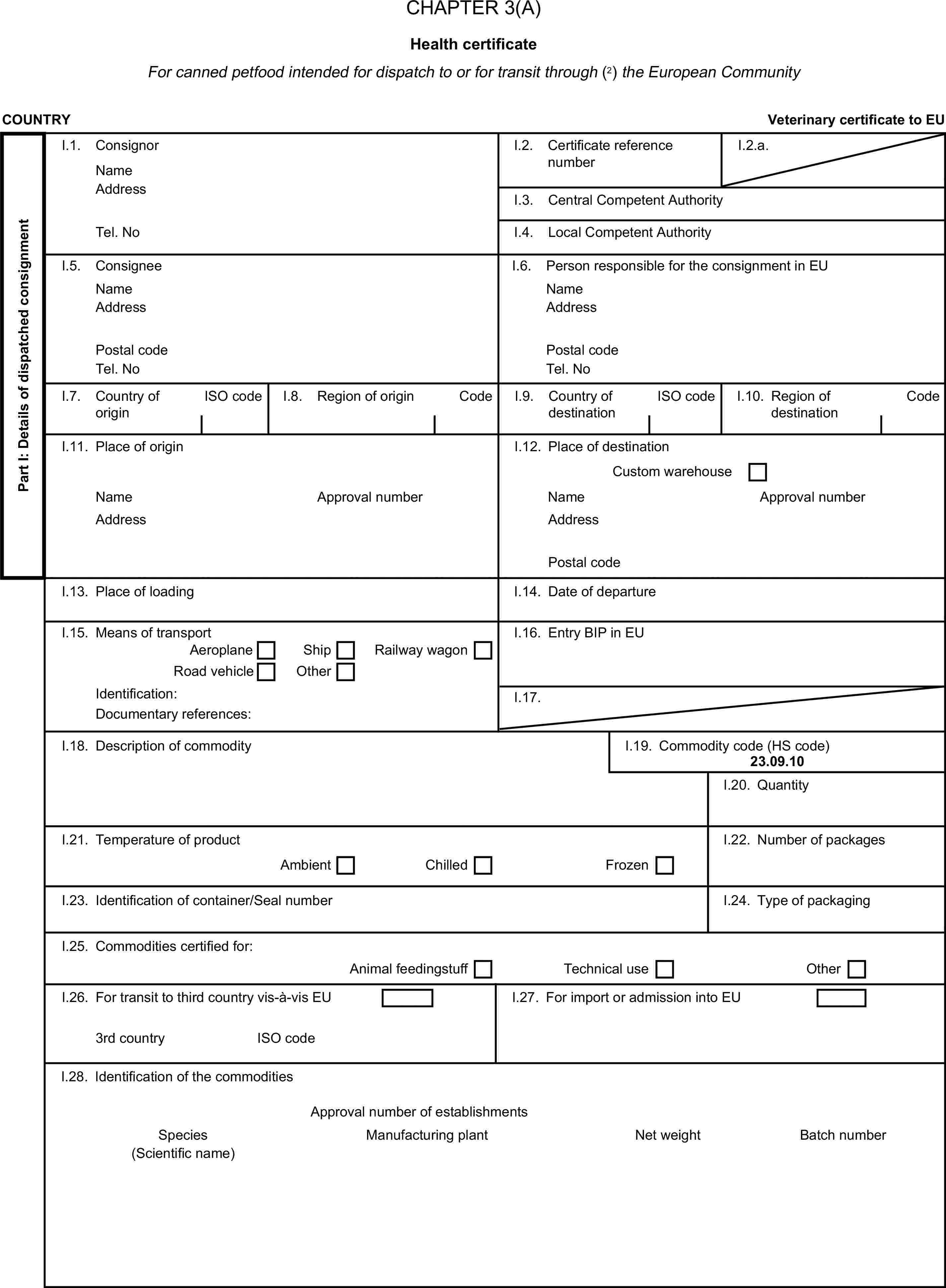 CHAPTER 3(A)Health certificateFor canned petfood intended for dispatch to or for transit through (2) the European CommunityCOUNTRYVeterinary certificate to EUPart I: Details of dispatched consignmentI.1. ConsignorNameI.2. Certificate reference numberI.2.a.AddressI.3. Central Competent AuthorityTel. NoI.4. Local Competent AuthorityI.5. ConsigneeI.6. Person responsible for the consignment in EUNameNameAddressAddressPostal codePostal codeTel. NoTel. NoI.7. Country of originISO codeI.8. Region of originCodeI.9. Country of destinationISO codeI.10. Region of destinationCodeI.11. Place of originI.12. Place of destinationCustom warehouseNameApproval numberNameApproval numberAddressAddressPostal codeI.13. Place of loadingI.14. Date of departureI.15. Means of transportI.16. Entry BIP in EUAeroplaneShipRoad vehicleOtherRailway wagonIdentification:I.17.Documentary references:I.18. Description of commodityI.19. Commodity code (HS code)23.09.10I.20. QuantityI.21. Temperature of productI.22. Number of packagesAmbientChilledFrozenI.23. Identification of container/Seal numberI.24. Type of packagingI.25. Commodities certified for:Animal feedingstuffTechnical useOtherI.26. For transit to third country vis-à-vis EUI.27. For import or admission into EU3rd countryISO codeI.28. Identification of the commoditiesApproval number of establishmentsSpeciesManufacturing plantNet weightBatch number(Scientific name)