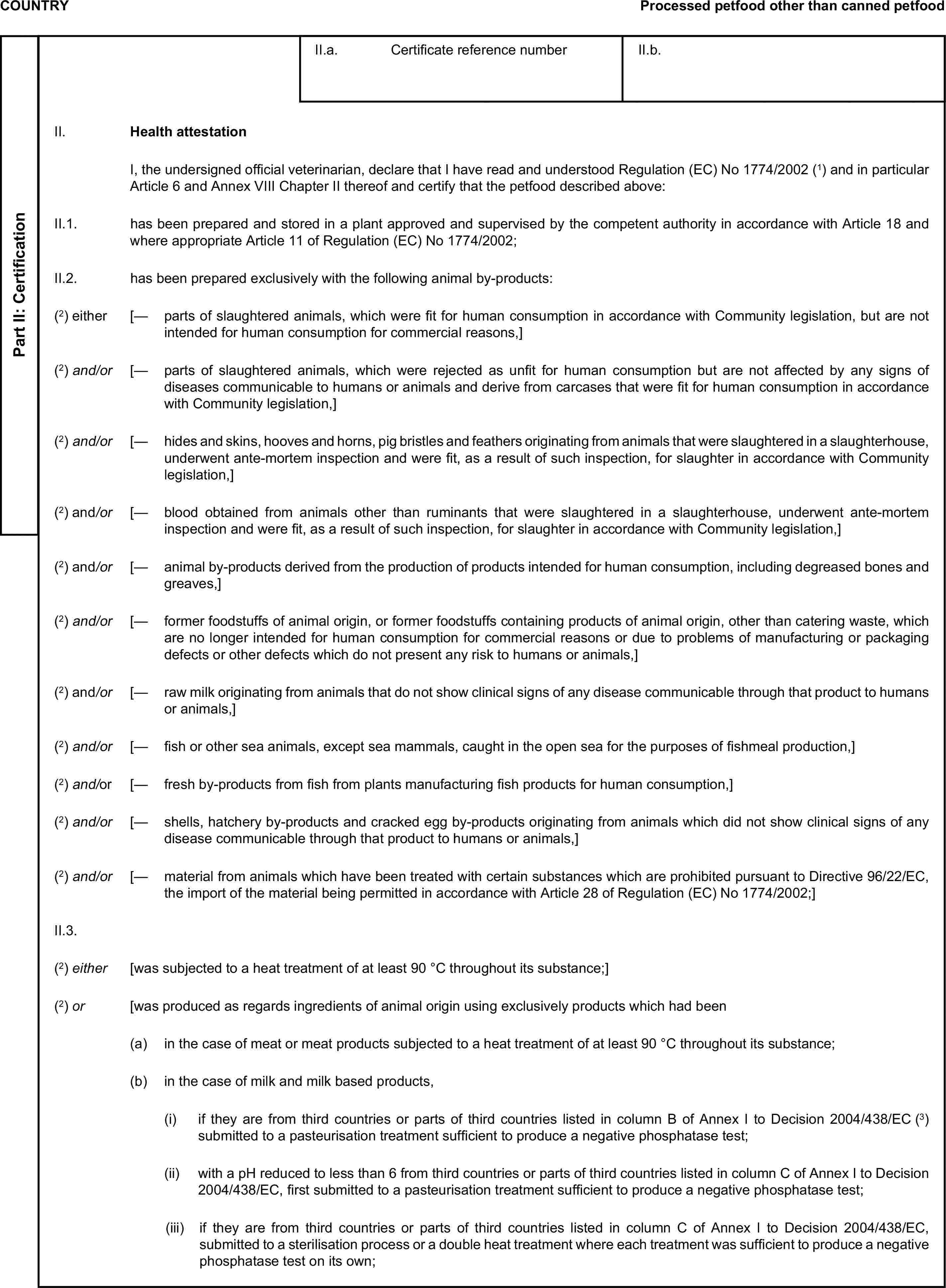 COUNTRYProcessed petfood other than canned petfoodPart II: CertificationII.a. Certificate reference numberII.b.II. Health attestationI, the undersigned official veterinarian, declare that I have read and understood Regulation (EC) No 1774/2002 (1) and in particular Article 6 and Annex VIII Chapter II thereof and certify that the petfood described above:II.1. has been prepared and stored in a plant approved and supervised by the competent authority in accordance with Article 18 and where appropriate Article 11 of Regulation (EC) No 1774/2002;II.2. has been prepared exclusively with the following animal by-products:(2) either [— parts of slaughtered animals, which were fit for human consumption in accordance with Community legislation, but are not intended for human consumption for commercial reasons,](2) and/or [— parts of slaughtered animals, which were rejected as unfit for human consumption but are not affected by any signs of diseases communicable to humans or animals and derive from carcases that were fit for human consumption in accordance with Community legislation,](2) and/or [— hides and skins, hooves and horns, pig bristles and feathers originating from animals that were slaughtered in a slaughterhouse, underwent ante-mortem inspection and were fit, as a result of such inspection, for slaughter in accordance with Community legislation,](2) and/or [— blood obtained from animals other than ruminants that were slaughtered in a slaughterhouse, underwent ante-mortem inspection and were fit, as a result of such inspection, for slaughter in accordance with Community legislation,](2) and/or [— animal by-products derived from the production of products intended for human consumption, including degreased bones and greaves,](2) and/or [— former foodstuffs of animal origin, or former foodstuffs containing products of animal origin, other than catering waste, which are no longer intended for human consumption for commercial reasons or due to problems of manufacturing or packaging defects or other defects which do not present any risk to humans or animals,](2) and/or [— raw milk originating from animals that do not show clinical signs of any disease communicable through that product to humans or animals,](2) and/or [— fish or other sea animals, except sea mammals, caught in the open sea for the purposes of fishmeal production,](2) and/or [— fresh by-products from fish from plants manufacturing fish products for human consumption,](2) and/or [— shells, hatchery by-products and cracked egg by-products originating from animals which did not show clinical signs of any disease communicable through that product to humans or animals,](2) and/or [— material from animals which have been treated with certain substances which are prohibited pursuant to Directive 96/22/EC, the import of the material being permitted in accordance with Article 28 of Regulation (EC) No 1774/2002;]II.3.(2) either [was subjected to a heat treatment of at least 90 °C throughout its substance;](2) or [was produced as regards ingredients of animal origin using exclusively products which had been(a) in the case of meat or meat products subjected to a heat treatment of at least 90 °C throughout its substance;(b) in the case of milk and milk based products,(i) if they are from third countries or parts of third countries listed in column B of Annex I to Decision 2004/438/EC (3) submitted to a pasteurisation treatment sufficient to produce a negative phosphatase test;(ii) with a pH reduced to less than 6 from third countries or parts of third countries listed in column C of Annex I to Decision 2004/438/EC, first submitted to a pasteurisation treatment sufficient to produce a negative phosphatase test;(iii) if they are from third countries or parts of third countries listed in column C of Annex I to Decision 2004/438/EC, submitted to a sterilisation process or a double heat treatment where each treatment was sufficient to produce a negative phosphatase test on its own;