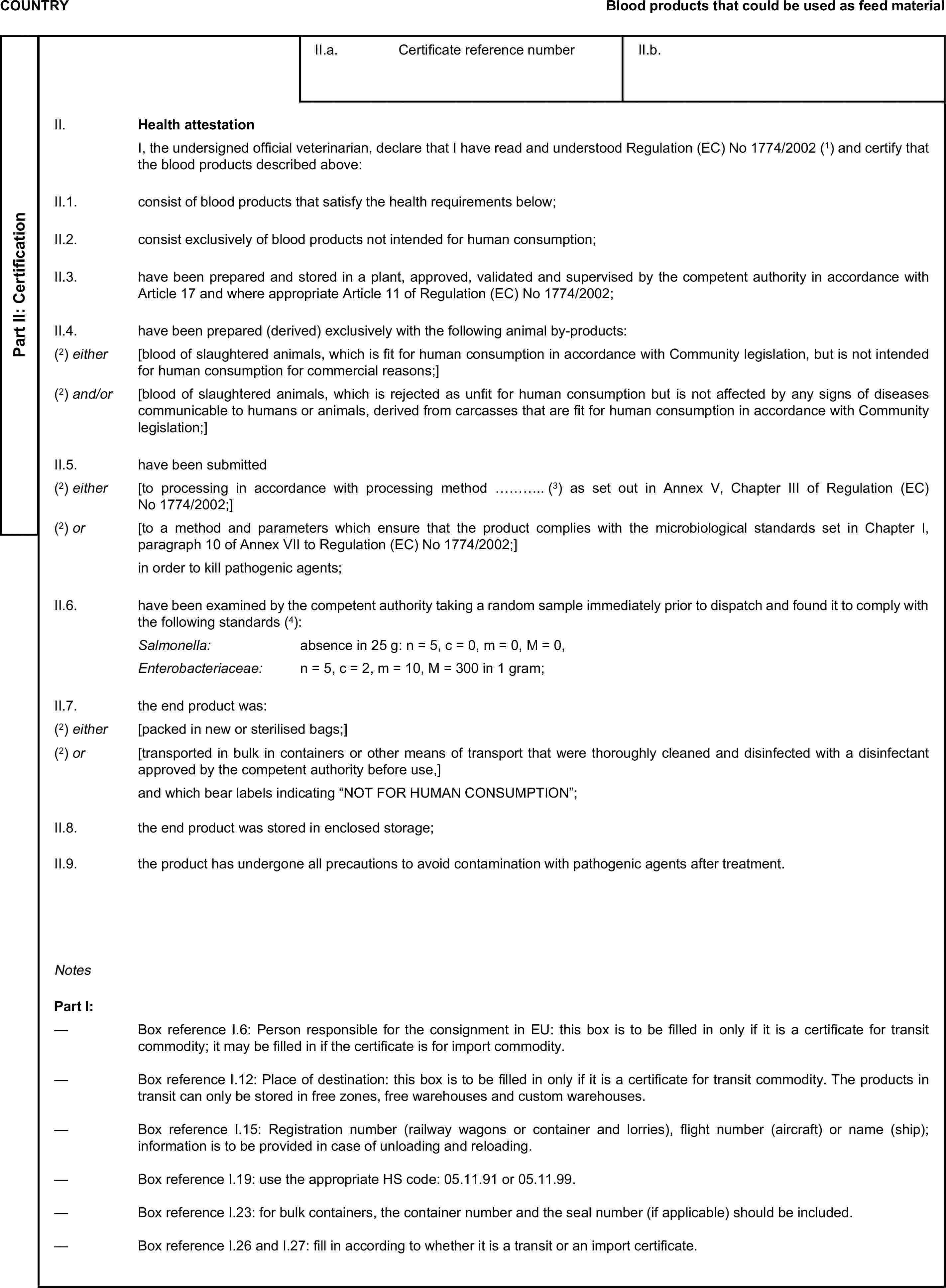 COUNTRYBlood products that could be used as feed materialPart II: CertificationII.a. Certificate reference numberII.b.II. Health attestationI, the undersigned official veterinarian, declare that I have read and understood Regulation (EC) No 1774/2002 (1) and certify that the blood products described above:II.1. consist of blood products that satisfy the health requirements below;II.2. consist exclusively of blood products not intended for human consumption;II.3. have been prepared and stored in a plant, approved, validated and supervised by the competent authority in accordance with Article 17 and where appropriate Article 11 of Regulation (EC) No 1774/2002;II.4. have been prepared (derived) exclusively with the following animal by-products:(2) either [blood of slaughtered animals, which is fit for human consumption in accordance with Community legislation, but is not intended for human consumption for commercial reasons;](2) and/or [blood of slaughtered animals, which is rejected as unfit for human consumption but is not affected by any signs of diseases communicable to humans or animals, derived from carcasses that are fit for human consumption in accordance with Community legislation;]II.5. have been submitted(2) either [to processing in accordance with processing method ……….. (3) as set out in Annex V, Chapter III of Regulation (EC) No 1774/2002;](2) or [to a method and parameters which ensure that the product complies with the microbiological standards set in Chapter I, paragraph 10 of Annex VII to Regulation (EC) No 1774/2002;]in order to kill pathogenic agents;II.6. have been examined by the competent authority taking a random sample immediately prior to dispatch and found it to comply with the following standards (4):Salmonella: absence in 25 g: n = 5, c = 0, m = 0, M = 0,Enterobacteriaceae: n = 5, c = 2, m = 10, M = 300 in 1 gram;II.7. the end product was:(2) either [packed in new or sterilised bags;](2) or [transported in bulk in containers or other means of transport that were thoroughly cleaned and disinfected with a disinfectant approved by the competent authority before use,]and which bear labels indicating “NOT FOR HUMAN CONSUMPTION”;II.8. the end product was stored in enclosed storage;II.9. the product has undergone all precautions to avoid contamination with pathogenic agents after treatment.NotesPart I:— Box reference I.6: Person responsible for the consignment in EU: this box is to be filled in only if it is a certificate for transit commodity; it may be filled in if the certificate is for import commodity.— Box reference I.12: Place of destination: this box is to be filled in only if it is a certificate for transit commodity. The products in transit can only be stored in free zones, free warehouses and custom warehouses.— Box reference I.15: Registration number (railway wagons or container and lorries), flight number (aircraft) or name (ship); information is to be provided in case of unloading and reloading.— Box reference I.19: use the appropriate HS code: 05.11.91 or 05.11.99.— Box reference I.23: for bulk containers, the container number and the seal number (if applicable) should be included.— Box reference I.26 and I.27: fill in according to whether it is a transit or an import certificate.