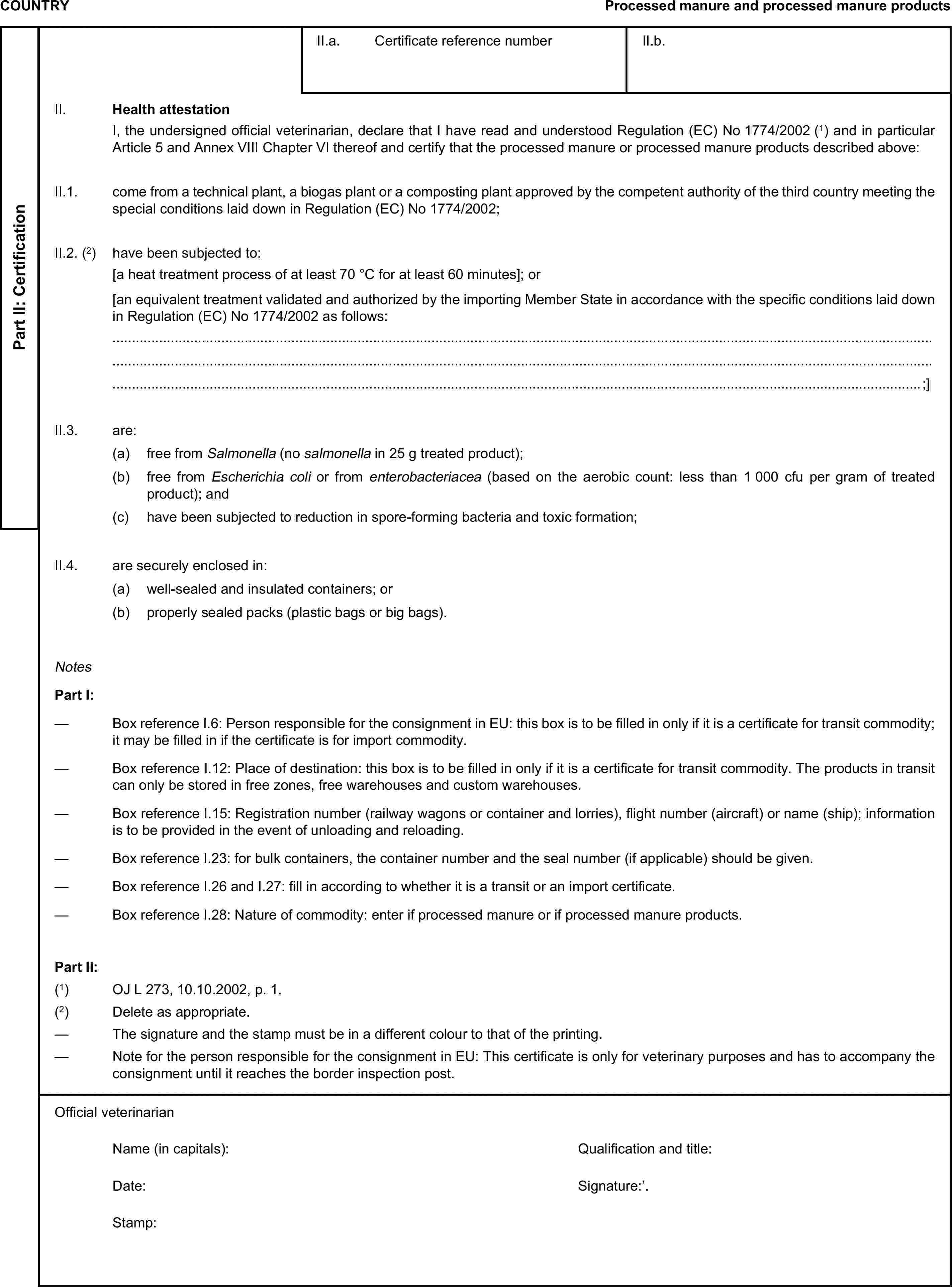 COUNTRYProcessed manure and processed manure productsPart II: CertificationII.a. Certificate reference numberII.b.II. Health attestationI, the undersigned official veterinarian, declare that I have read and understood Regulation (EC) No 1774/2002 (1) and in particular Article 5 and Annex VIII Chapter VI thereof and certify that the processed manure or processed manure products described above:II.1. come from a technical plant, a biogas plant or a composting plant approved by the competent authority of the third country meeting the special conditions laid down in Regulation (EC) No 1774/2002;II.2. (2) have been subjected to:[a heat treatment process of at least 70 °C for at least 60 minutes]; or[an equivalent treatment validated and authorized by the importing Member State in accordance with the specific conditions laid down in Regulation (EC) No 1774/2002 as follows:;]II.3. are:(a) free from Salmonella (no salmonella in 25 g treated product);(b) free from Escherichia coli or from enterobacteriacea (based on the aerobic count: less than 1 000 cfu per gram of treated product); and(c) have been subjected to reduction in spore-forming bacteria and toxic formation;II.4. are securely enclosed in:(a) well-sealed and insulated containers; or(b) properly sealed packs (plastic bags or big bags).NotesPart I:— Box reference I.6: Person responsible for the consignment in EU: this box is to be filled in only if it is a certificate for transit commodity; it may be filled in if the certificate is for import commodity.— Box reference I.12: Place of destination: this box is to be filled in only if it is a certificate for transit commodity. The products in transit can only be stored in free zones, free warehouses and custom warehouses.— Box reference I.15: Registration number (railway wagons or container and lorries), flight number (aircraft) or name (ship); information is to be provided in the event of unloading and reloading.— Box reference I.23: for bulk containers, the container number and the seal number (if applicable) should be given.— Box reference I.26 and I.27: fill in according to whether it is a transit or an import certificate.— Box reference I.28: Nature of commodity: enter if processed manure or if processed manure products.Part II:(1) OJ L 273, 10.10.2002, p. 1.(2) Delete as appropriate.— The signature and the stamp must be in a different colour to that of the printing.— Note for the person responsible for the consignment in EU: This certificate is only for veterinary purposes and has to accompany the consignment until it reaches the border inspection post.Official veterinarianName (in capitals):Qualification and title:Date:Signature:Stamp: