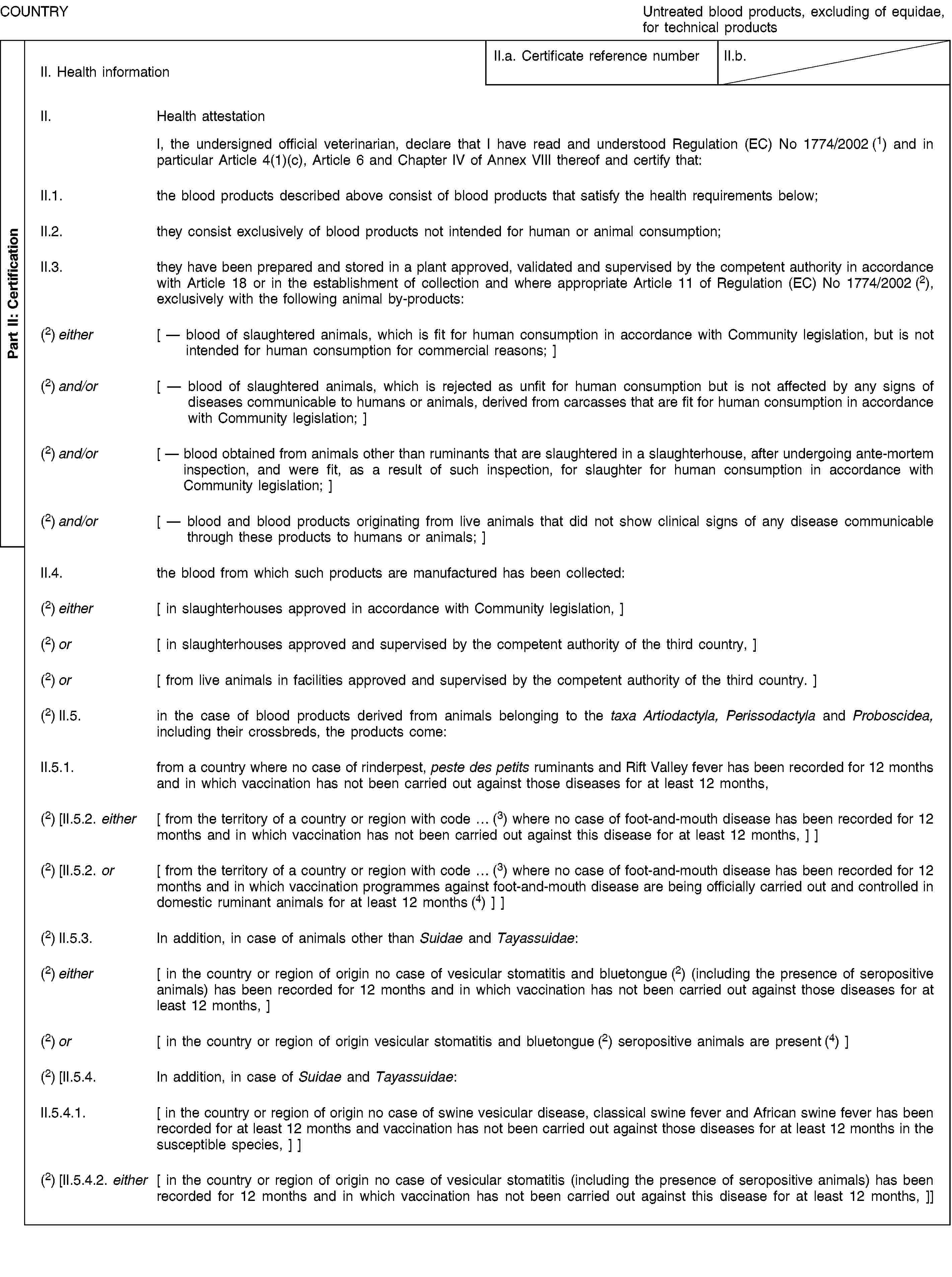 Part II: CertificationCOUNTRYUntreated blood products, excluding of equidae, for technical productsII. Health informationII.a. Certificate reference numberII.b.II. Health attestationI, the undersigned official veterinarian, declare that I have read and understood Regulation (EC) No 1774/2002 (1) and in particular Article 4(1)(c), Article 6 and Chapter IV of Annex VIII thereof and certify that:II.1. the blood products described above consist of blood products that satisfy the health requirements below;II.2. they consist exclusively of blood products not intended for human or animal consumption;II.3. they have been prepared and stored in a plant approved, validated and supervised by the competent authority in accordance with Article 18 or in the establishment of collection and where appropriate Article 11 of Regulation (EC) No 1774/2002 (2), exclusively with the following animal by-products:(2) either [ — blood of slaughtered animals, which is fit for human consumption in accordance with Community legislation, but is not intended for human consumption for commercial reasons; ](2) and/or [ — blood of slaughtered animals, which is rejected as unfit for human consumption but is not affected by any signs of diseases communicable to humans or animals, derived from carcasses that are fit for human consumption in accordance with Community legislation; ](2) and/or [ — blood obtained from animals other than ruminants that are slaughtered in a slaughterhouse, after undergoing ante-mortem inspection, and were fit, as a result of such inspection, for slaughter for human consumption in accordance with Community legislation; ](2) and/or [ — blood and blood products originating from live animals that did not show clinical signs of any disease communicable through these products to humans or animals; ]II.4. the blood from which such products are manufactured has been collected:(2) either [ in slaughterhouses approved in accordance with Community legislation, ](2) or [ in slaughterhouses approved and supervised by the competent authority of the third country, ](2) or [ from live animals in facilities approved and supervised by the competent authority of the third country. ](2) II.5. in the case of blood products derived from animals belonging to the taxa Artiodactyla, Perissodactyla and Proboscidea, including their crossbreds, the products come:II.5.1. from a country where no case of rinderpest, peste des petits ruminants and Rift Valley fever has been recorded for 12 months and in which vaccination has not been carried out against those diseases for at least 12 months,(2) [II.5.2. either [ from the territory of a country or region with code … (3) where no case of foot-and-mouth disease has been recorded for 12 months and in which vaccination has not been carried out against this disease for at least 12 months, ] ](2) [II.5.2. or [ from the territory of a country or region with code … (3) where no case of foot-and-mouth disease has been recorded for 12 months and in which vaccination programmes against foot-and-mouth disease are being officially carried out and controlled in domestic ruminant animals for at least 12 months (4) ] ](2) II.5.3. In addition, in case of animals other than Suidae and Tayassuidae:(2) either [ in the country or region of origin no case of vesicular stomatitis and bluetongue (2) (including the presence of seropositive animals) has been recorded for 12 months and in which vaccination has not been carried out against those diseases for at least 12 months, ](2) or [ in the country or region of origin vesicular stomatitis and bluetongue (2) seropositive animals are present (4) ](2) [II.5.4. In addition, in case of Suidae and Tayassuidae:II.5.4.1. [ in the country or region of origin no case of swine vesicular disease, classical swine fever and African swine fever has been recorded for at least 12 months and vaccination has not been carried out against those diseases for at least 12 months in the susceptible species, ] ](2) [II.5.4.2. either [ in the country or region of origin no case of vesicular stomatitis (including the presence of seropositive animals) has been recorded for 12 months and in which vaccination has not been carried out against this disease for at least 12 months, ]]