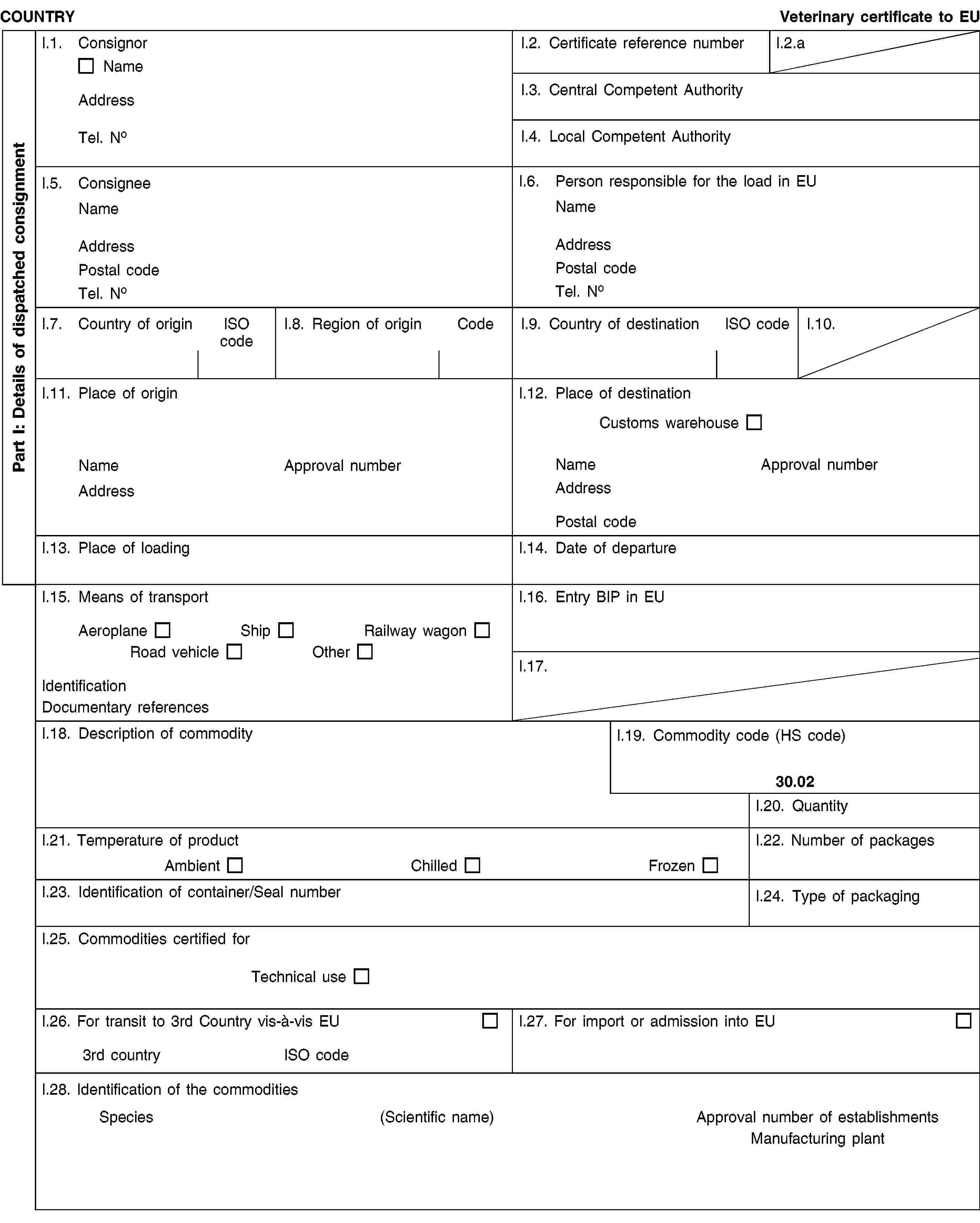 Part I: Details of dispatched consignmentCOUNTRYVeterinary certificate to EUI.1. ConsignorNameAddressTel. NoI.2. Certificate reference numberI.2.aI.3. Central Competent AuthorityI.4. Local Competent AuthorityI.5. ConsigneeNameAddressPostal codeTel. NoI.6. Person responsible for the load in EUNameAddressPostal codeTel. NoI.7. Country of originISO codeI.8. Region of originCodeI.9. Country of destinationISO codeI.10.I.11. Place of originNameApproval numberAddressI.12. Place of destinationCustoms warehouseNameApproval numberAddressPostal codeI.13. Place of loadingI.14. Date of departureI.15. Means of transportAeroplaneShipRailway wagonRoad vehicleOtherIdentificationDocumentary referencesI.16. Entry BIP in EUI.17.I.18. Description of commodityI.19. Commodity code (HS code)30.02I.20. QuantityI.21. Temperature of productAmbientChilledFrozenI.22. Number of packagesI.23. Identification of container/Seal numberI.24. Type of packagingI.25. Commodities certified forTechnical useI.26. For transit to 3rd Country vis-à-vis EU3rd countryISO codeI.27. For import or admission into EUI.28. Identification of the commoditiesSpecies (Scientific name)Approval number of establishmentsManufacturing plant