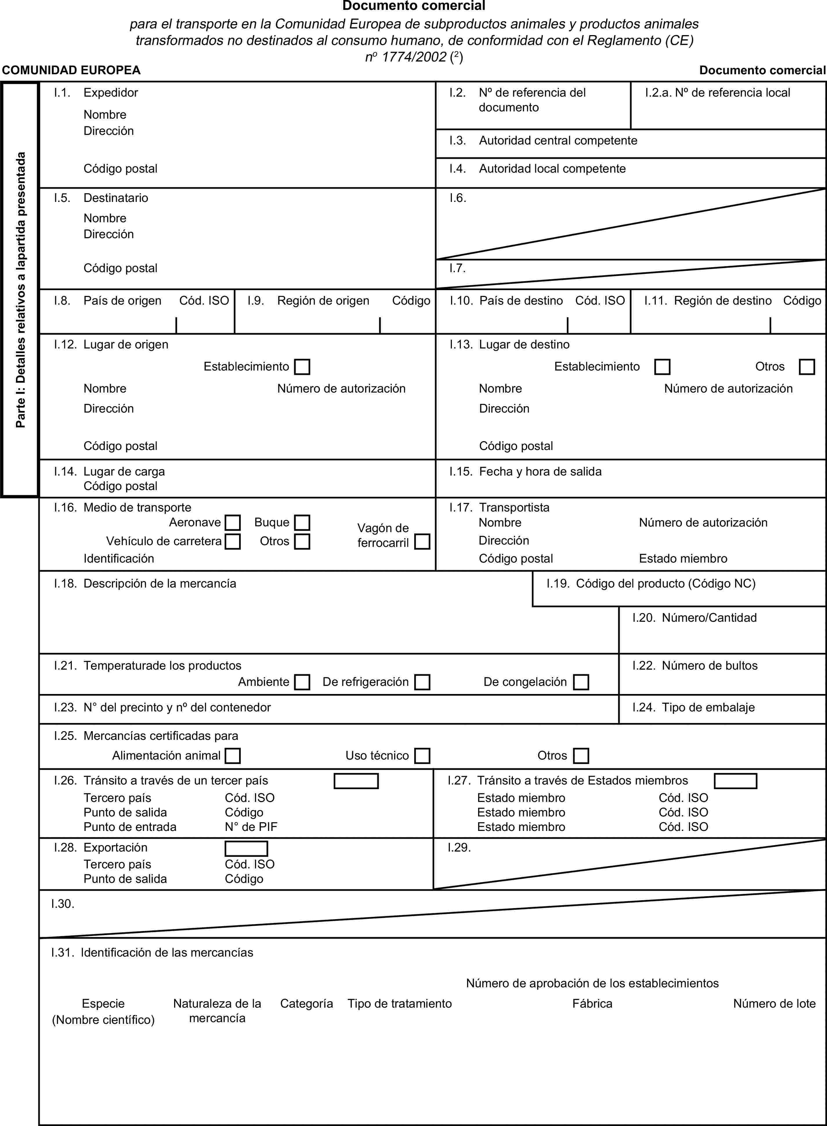 Documento comercialpara el transporte en la Comunidad Europea de subproductos animales y productos animales transformados no destinados al consumo humano, de conformidad con el Reglamento (CE) no 1774/2002 (2)COMUNIDAD EUROPEADocumento comercialParte I: Detalles relativos a lapartida presentadaI.1. ExpedidorNombreI.2. No de referencia del documentoI.2.a. No de referencia localDirecciónI.3. Autoridad central competenteCódigo postalI.4. Autoridad local competenteI.5. DestinatarioI.6.NombreDirecciónCódigo postalI.7.I.8. País de origenCód. ISOI.9. Región de origenCódigoI.10. País de destinoCód. ISOI.12. Lugar de origenEstablecimientoNombreDirecciónI.11. Región de destinoCódigoI.13. Lugar de destinoEstablecimientoOtrosNúmero de autorizaciónNombreNúmero de autorizaciónDirecciónCódigo postalCódigo postalI.14. Lugar de cargaI.15. Fecha y hora de salidaCódigo postalI.16. Medio de transporteI.17. TransportistaAeronaveBuqueNombreNúmero de autorizaciónVehículo de carreteraOtrosVagón de ferrocarrilDirecciónIdentificaciónCódigo postalEstado miembroI.18. Descripción de la mercancíaI.19. Código del producto (Código NC)I.20. Número/CantidadI.21. Temperaturade los productosAmbienteDe refrigeraciónDe congelaciónI.22. Número de bultosI.23. No del precinto y no del contenedorI.24. Tipo de embalajeI.25. Mercancías certificadas paraAlimentación animalUso técnicoOtrosI.26. Tránsito a través de un tercer paísI.27. Tránsito a través de Estados miembrosTercero paísCód. ISOEstado miembroCód. ISOPunto de salidaCódigoEstado miembroCód. ISOPunto de entradaN° de PIFEstado miembroCód. ISOI.28. ExportaciónI.29.Tercero paísCód. ISOPunto de salidaCódigoI.30.I.31. Identificación de las mercancíasNúmero de aprobación de los establecimientosEspecieNaturaleza de la mercancíaCategoríaTipo de tratamientoFábricaNúmero de lote(Nombre científico)