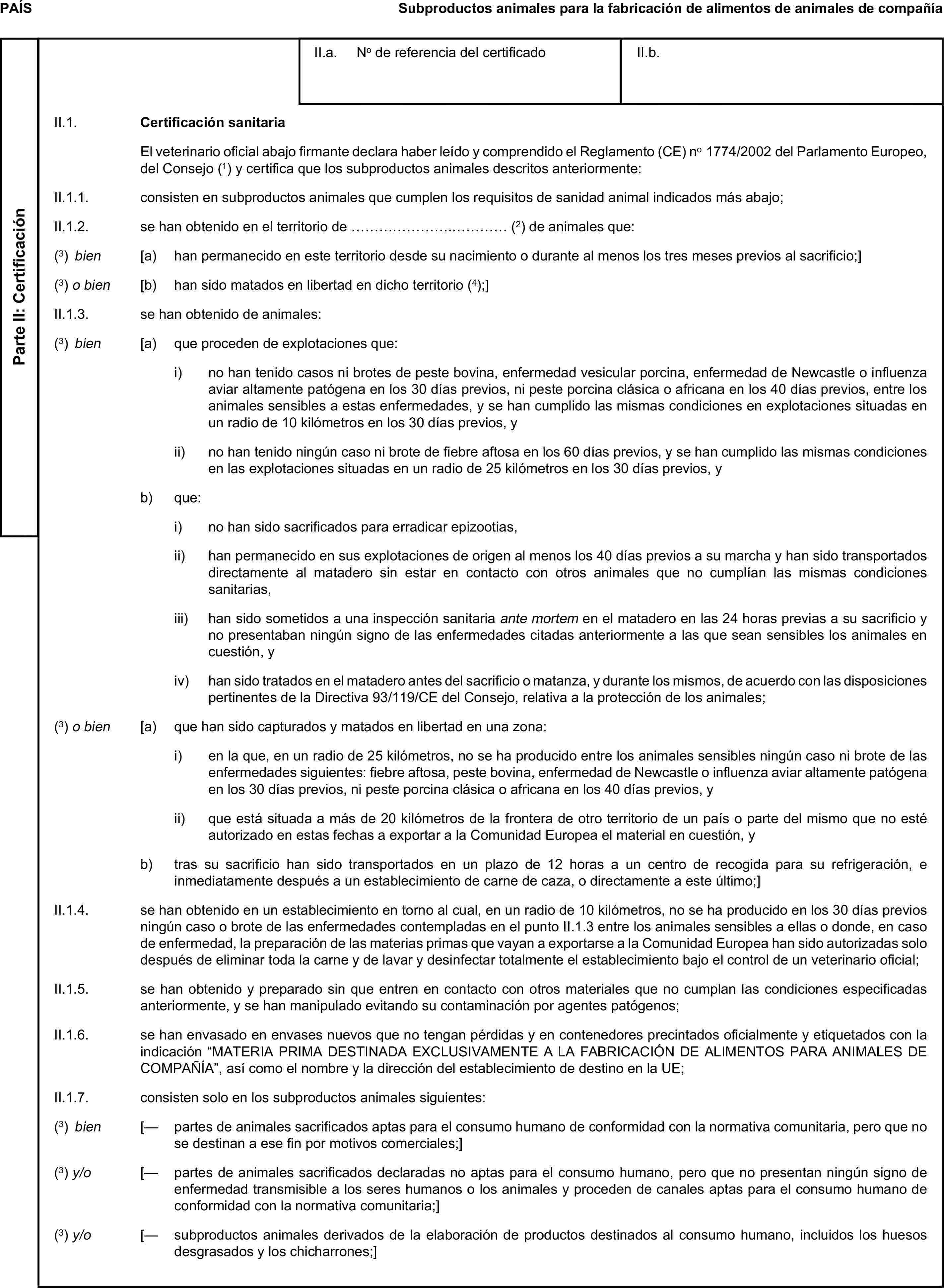 PAÍSSubproductos animales para la fabricación de alimentos de animales de compañíaParte II: CertificaciónII.a. No de referencia del certificadoII.b.II.1. Certificación sanitariaEl veterinario oficial abajo firmante declara haber leído y comprendido el Reglamento (CE) no 1774/2002 del Parlamento Europeo, del Consejo (1) y certifica que los subproductos animales descritos anteriormente:II.1.1. consisten en subproductos animales que cumplen los requisitos de sanidad animal indicados más abajo;II.1.2. se han obtenido en el territorio de … (2) de animales que:(3) bien [a) han permanecido en este territorio desde su nacimiento o durante al menos los tres meses previos al sacrificio;](3) o bien [b) han sido matados en libertad en dicho territorio (4);]II.1.3. se han obtenido de animales:(3) bien [a) que proceden de explotaciones que:i) no han tenido casos ni brotes de peste bovina, enfermedad vesicular porcina, enfermedad de Newcastle o influenza aviar altamente patógena en los 30 días previos, ni peste porcina clásica o africana en los 40 días previos, entre los animales sensibles a estas enfermedades, y se han cumplido las mismas condiciones en explotaciones situadas en un radio de 10 kilómetros en los 30 días previos, yii) no han tenido ningún caso ni brote de fiebre aftosa en los 60 días previos, y se han cumplido las mismas condiciones en las explotaciones situadas en un radio de 25 kilómetros en los 30 días previos, yb) que:i) no han sido sacrificados para erradicar epizootias,ii) han permanecido en sus explotaciones de origen al menos los 40 días previos a su marcha y han sido transportados directamente al matadero sin estar en contacto con otros animales que no cumplían las mismas condiciones sanitarias,iii) han sido sometidos a una inspección sanitaria ante mortem en el matadero en las 24 horas previas a su sacrificio y no presentaban ningún signo de las enfermedades citadas anteriormente a las que sean sensibles los animales en cuestión, yiv) han sido tratados en el matadero antes del sacrificio o matanza, y durante los mismos, de acuerdo con las disposiciones pertinentes de la Directiva 93/119/CE del Consejo, relativa a la protección de los animales;(3) o bien [a) que han sido capturados y matados en libertad en una zona:i) en la que, en un radio de 25 kilómetros, no se ha producido entre los animales sensibles ningún caso ni brote de las enfermedades siguientes: fiebre aftosa, peste bovina, enfermedad de Newcastle o influenza aviar altamente patógena en los 30 días previos, ni peste porcina clásica o africana en los 40 días previos, yii) que está situada a más de 20 kilómetros de la frontera de otro territorio de un país o parte del mismo que no esté autorizado en estas fechas a exportar a la Comunidad Europea el material en cuestión, yb) tras su sacrificio han sido transportados en un plazo de 12 horas a un centro de recogida para su refrigeración, e inmediatamente después a un establecimiento de carne de caza, o directamente a este último;]II.1.4. se han obtenido en un establecimiento en torno al cual, en un radio de 10 kilómetros, no se ha producido en los 30 días previos ningún caso o brote de las enfermedades contempladas en el punto II.1.3 entre los animales sensibles a ellas o donde, en caso de enfermedad, la preparación de las materias primas que vayan a exportarse a la Comunidad Europea han sido autorizadas solo después de eliminar toda la carne y de lavar y desinfectar totalmente el establecimiento bajo el control de un veterinario oficial;II.1.5. se han obtenido y preparado sin que entren en contacto con otros materiales que no cumplan las condiciones especificadas anteriormente, y se han manipulado evitando su contaminación por agentes patógenos;II.1.6. se han envasado en envases nuevos que no tengan pérdidas y en contenedores precintados oficialmente y etiquetados con la indicación “MATERIA PRIMA DESTINADA EXCLUSIVAMENTE A LA FABRICACIÓN DE ALIMENTOS PARA ANIMALES DE COMPAÑÍA”, así como el nombre y la dirección del establecimiento de destino en la UE;II.1.7. consisten solo en los subproductos animales siguientes:(3) bien [— partes de animales sacrificados aptas para el consumo humano de conformidad con la normativa comunitaria, pero que no se destinan a ese fin por motivos comerciales;](3) y/o [— partes de animales sacrificados declaradas no aptas para el consumo humano, pero que no presentan ningún signo de enfermedad transmisible a los seres humanos o los animales y proceden de canales aptas para el consumo humano de conformidad con la normativa comunitaria;](3) y/o [— subproductos animales derivados de la elaboración de productos destinados al consumo humano, incluidos los huesos desgrasados y los chicharrones;]