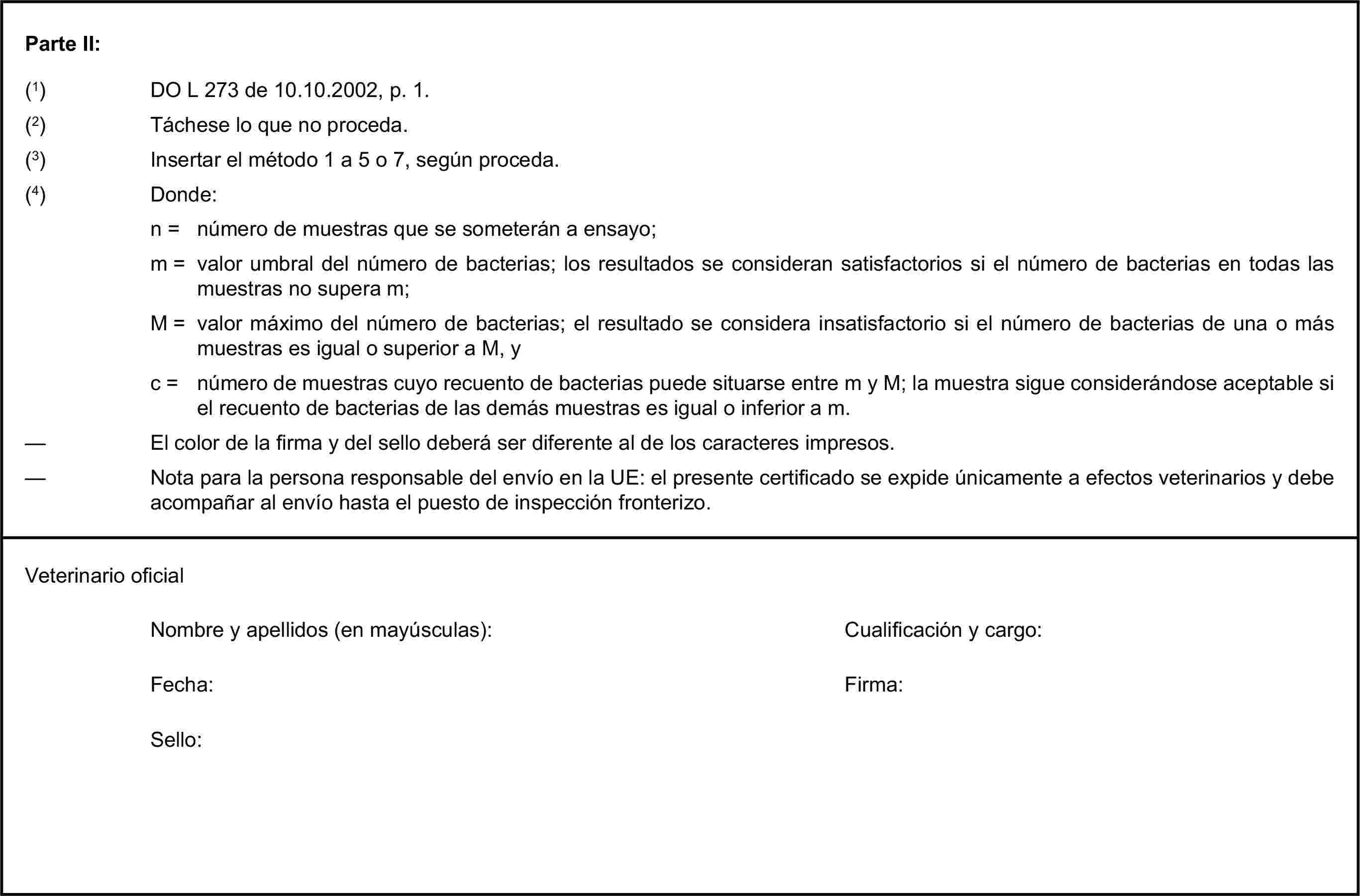 Parte II:(1) DO L 273 de 10.10.2002, p. 1.(2) Táchese lo que no proceda.(3) Insertar el método 1 a 5 o 7, según proceda.(4) Donde:n = número de muestras que se someterán a ensayo;m = valor umbral del número de bacterias; los resultados se consideran satisfactorios si el número de bacterias en todas las muestras no supera m;M = valor máximo del número de bacterias; el resultado se considera insatisfactorio si el número de bacterias de una o más muestras es igual o superior a M, yc = número de muestras cuyo recuento de bacterias puede situarse entre m y M; la muestra sigue considerándose aceptable si el recuento de bacterias de las demás muestras es igual o inferior a m.— El color de la firma y del sello deberá ser diferente al de los caracteres impresos.— Nota para la persona responsable del envío en la UE: el presente certificado se expide únicamente a efectos veterinarios y debe acompañar al envío hasta el puesto de inspección fronterizo.Veterinario oficialNombre y apellidos (en mayúsculas):Cualificación y cargo:Fecha:Firma:Sello: