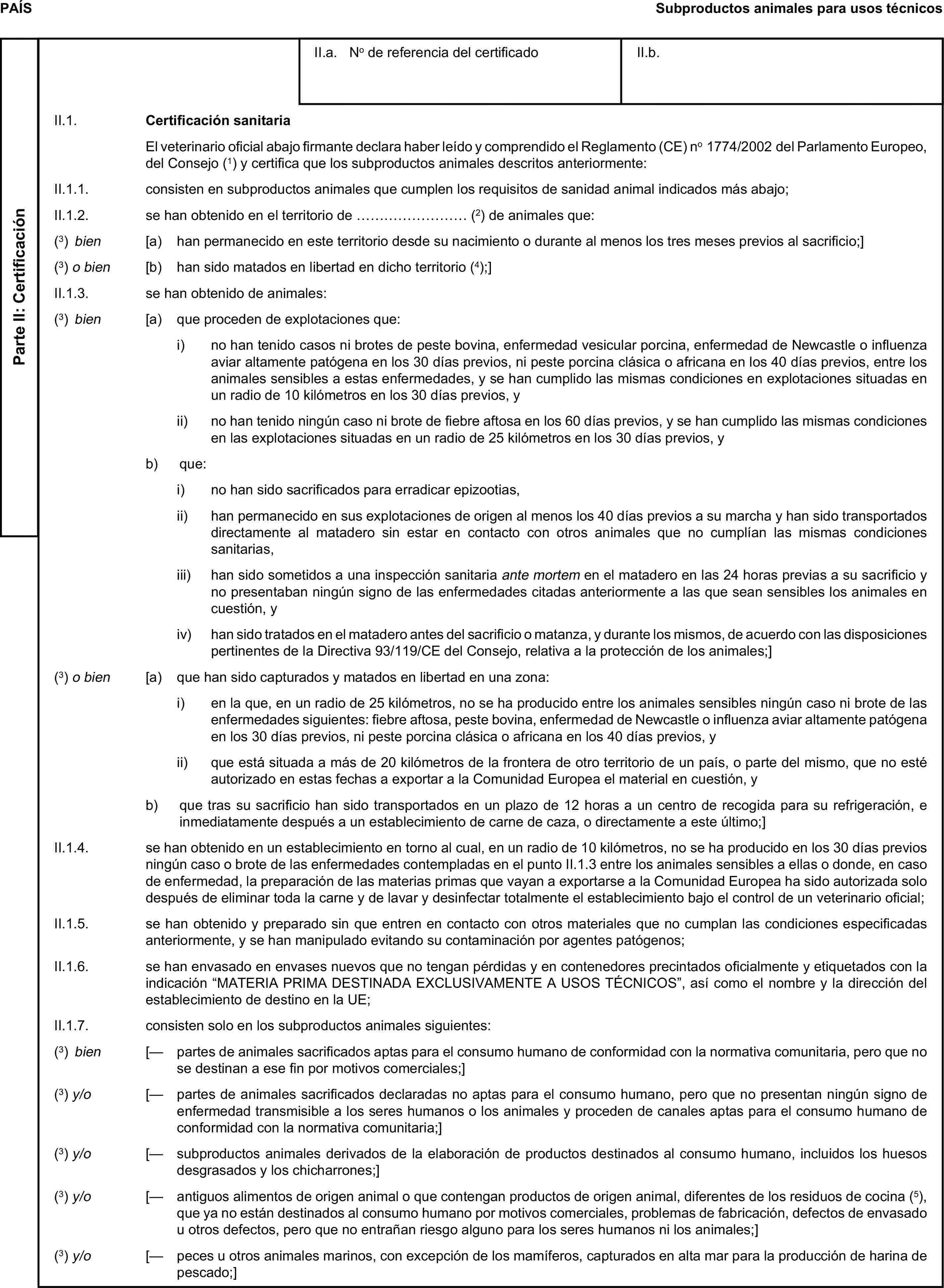 PAÍSSubproductos animales para usos técnicosParte II: CertificaciónII.a. No de referencia del certificadoII.b.II.1. Certificación sanitariaEl veterinario oficial abajo firmante declara haber leído y comprendido el Reglamento (CE) no 1774/2002 del Parlamento Europeo, del Consejo (1) y certifica que los subproductos animales descritos anteriormente:II.1.1. consisten en subproductos animales que cumplen los requisitos de sanidad animal indicados más abajo;II.1.2. se han obtenido en el territorio de … (2) de animales que:(3) bien [a) han permanecido en este territorio desde su nacimiento o durante al menos los tres meses previos al sacrificio;](3) o bien [b) han sido matados en libertad en dicho territorio (4);]II.1.3. se han obtenido de animales:(3) bien [a) que proceden de explotaciones que:i) no han tenido casos ni brotes de peste bovina, enfermedad vesicular porcina, enfermedad de Newcastle o influenza aviar altamente patógena en los 30 días previos, ni peste porcina clásica o africana en los 40 días previos, entre los animales sensibles a estas enfermedades, y se han cumplido las mismas condiciones en explotaciones situadas en un radio de 10 kilómetros en los 30 días previos, yii) no han tenido ningún caso ni brote de fiebre aftosa en los 60 días previos, y se han cumplido las mismas condiciones en las explotaciones situadas en un radio de 25 kilómetros en los 30 días previos, yb) que:i) no han sido sacrificados para erradicar epizootias,ii) han permanecido en sus explotaciones de origen al menos los 40 días previos a su marcha y han sido transportados directamente al matadero sin estar en contacto con otros animales que no cumplían las mismas condiciones sanitarias,iii) han sido sometidos a una inspección sanitaria ante mortem en el matadero en las 24 horas previas a su sacrificio y no presentaban ningún signo de las enfermedades citadas anteriormente a las que sean sensibles los animales en cuestión, yiv) han sido tratados en el matadero antes del sacrificio o matanza, y durante los mismos, de acuerdo con las disposiciones pertinentes de la Directiva 93/119/CE del Consejo, relativa a la protección de los animales;](3) o bien [a) que han sido capturados y matados en libertad en una zona:i) en la que, en un radio de 25 kilómetros, no se ha producido entre los animales sensibles ningún caso ni brote de las enfermedades siguientes: fiebre aftosa, peste bovina, enfermedad de Newcastle o influenza aviar altamente patógena en los 30 días previos, ni peste porcina clásica o africana en los 40 días previos, yii) que está situada a más de 20 kilómetros de la frontera de otro territorio de un país, o parte del mismo, que no esté autorizado en estas fechas a exportar a la Comunidad Europea el material en cuestión, yb) que tras su sacrificio han sido transportados en un plazo de 12 horas a un centro de recogida para su refrigeración, e inmediatamente después a un establecimiento de carne de caza, o directamente a este último;]II.1.4. se han obtenido en un establecimiento en torno al cual, en un radio de 10 kilómetros, no se ha producido en los 30 días previos ningún caso o brote de las enfermedades contempladas en el punto II.1.3 entre los animales sensibles a ellas o donde, en caso de enfermedad, la preparación de las materias primas que vayan a exportarse a la Comunidad Europea ha sido autorizada solo después de eliminar toda la carne y de lavar y desinfectar totalmente el establecimiento bajo el control de un veterinario oficial;II.1.5. se han obtenido y preparado sin que entren en contacto con otros materiales que no cumplan las condiciones especificadas anteriormente, y se han manipulado evitando su contaminación por agentes patógenos;II.1.6. se han envasado en envases nuevos que no tengan pérdidas y en contenedores precintados oficialmente y etiquetados con la indicación “MATERIA PRIMA DESTINADA EXCLUSIVAMENTE A USOS TÉCNICOS”, así como el nombre y la dirección del establecimiento de destino en la UE;II.1.7. consisten solo en los subproductos animales siguientes:(3) bien [— partes de animales sacrificados aptas para el consumo humano de conformidad con la normativa comunitaria, pero que no se destinan a ese fin por motivos comerciales;](3) y/o [— partes de animales sacrificados declaradas no aptas para el consumo humano, pero que no presentan ningún signo de enfermedad transmisible a los seres humanos o los animales y proceden de canales aptas para el consumo humano de conformidad con la normativa comunitaria;](3) y/o [— subproductos animales derivados de la elaboración de productos destinados al consumo humano, incluidos los huesos desgrasados y los chicharrones;](3) y/o [— antiguos alimentos de origen animal o que contengan productos de origen animal, diferentes de los residuos de cocina (5), que ya no están destinados al consumo humano por motivos comerciales, problemas de fabricación, defectos de envasado u otros defectos, pero que no entrañan riesgo alguno para los seres humanos ni los animales;](3) y/o [— peces u otros animales marinos, con excepción de los mamíferos, capturados en alta mar para la producción de harina de pescado;]