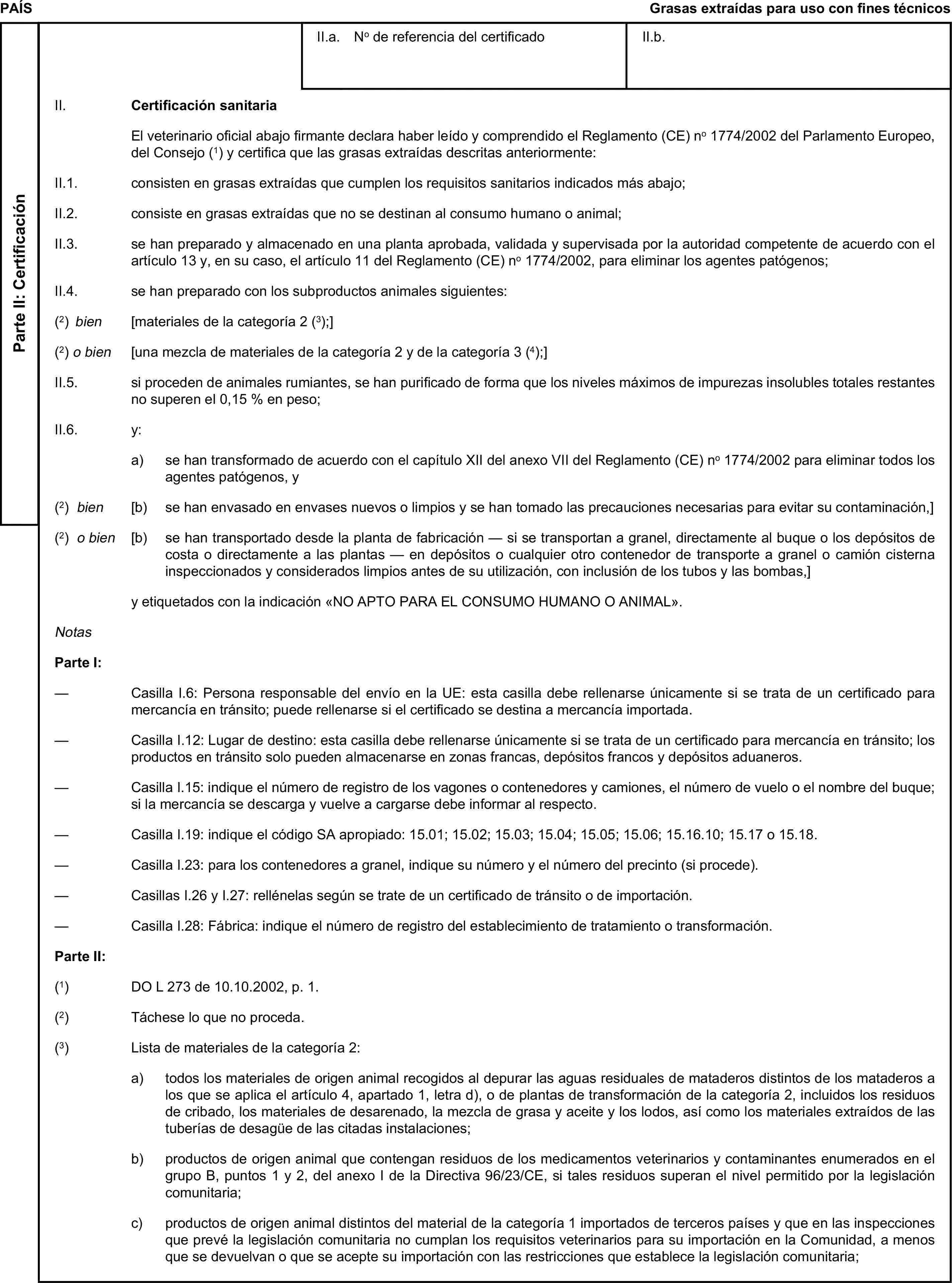 PAÍSGrasas extraídas para uso con fines técnicosParte II: CertificaciónII.a. No de referencia del certificadoII.b.II. Certificación sanitariaEl veterinario oficial abajo firmante declara haber leído y comprendido el Reglamento (CE) no 1774/2002 del Parlamento Europeo, del Consejo (1) y certifica que las grasas extraídas descritas anteriormente:II.1. consisten en grasas extraídas que cumplen los requisitos sanitarios indicados más abajo;II.2. consiste en grasas extraídas que no se destinan al consumo humano o animal;II.3. se han preparado y almacenado en una planta aprobada, validada y supervisada por la autoridad competente de acuerdo con el artículo 13 y, en su caso, el artículo 11 del Reglamento (CE) no 1774/2002, para eliminar los agentes patógenos;II.4. se han preparado con los subproductos animales siguientes:(2) bien [materiales de la categoría 2 (3);](2) o bien [una mezcla de materiales de la categoría 2 y de la categoría 3 (4);]II.5. si proceden de animales rumiantes, se han purificado de forma que los niveles máximos de impurezas insolubles totales restantes no superen el 0,15 % en peso;II.6. y:a) se han transformado de acuerdo con el capítulo XII del anexo VII del Reglamento (CE) no 1774/2002 para eliminar todos los agentes patógenos, y(2) bien [b) se han envasado en envases nuevos o limpios y se han tomado las precauciones necesarias para evitar su contaminación,](2) o bien [b) se han transportado desde la planta de fabricación — si se transportan a granel, directamente al buque o los depósitos de costa o directamente a las plantas — en depósitos o cualquier otro contenedor de transporte a granel o camión cisterna inspeccionados y considerados limpios antes de su utilización, con inclusión de los tubos y las bombas,]y etiquetados con la indicación «NO APTO PARA EL CONSUMO HUMANO O ANIMAL».NotasParte I:— Casilla I.6: Persona responsable del envío en la UE: esta casilla debe rellenarse únicamente si se trata de un certificado para mercancía en tránsito; puede rellenarse si el certificado se destina a mercancía importada.— Casilla I.12: Lugar de destino: esta casilla debe rellenarse únicamente si se trata de un certificado para mercancía en tránsito; los productos en tránsito solo pueden almacenarse en zonas francas, depósitos francos y depósitos aduaneros.— Casilla I.15: indique el número de registro de los vagones o contenedores y camiones, el número de vuelo o el nombre del buque; si la mercancía se descarga y vuelve a cargarse debe informar al respecto.— Casilla I.19: indique el código SA apropiado: 15.01; 15.02; 15.03; 15.04; 15.05; 15.06; 15.16.10; 15.17 o 15.18.— Casilla I.23: para los contenedores a granel, indique su número y el número del precinto (si procede).— Casillas I.26 y I.27: rellénelas según se trate de un certificado de tránsito o de importación.— Casilla I.28: Fábrica: indique el número de registro del establecimiento de tratamiento o transformación.Parte II:(1) DO L 273 de 10.10.2002, p. 1.(2) Táchese lo que no proceda.(3) Lista de materiales de la categoría 2:a) todos los materiales de origen animal recogidos al depurar las aguas residuales de mataderos distintos de los mataderos a los que se aplica el artículo 4, apartado 1, letra d), o de plantas de transformación de la categoría 2, incluidos los residuos de cribado, los materiales de desarenado, la mezcla de grasa y aceite y los lodos, así como los materiales extraídos de las tuberías de desagüe de las citadas instalaciones;b) productos de origen animal que contengan residuos de los medicamentos veterinarios y contaminantes enumerados en el grupo B, puntos 1 y 2, del anexo I de la Directiva 96/23/CE, si tales residuos superan el nivel permitido por la legislación comunitaria;c) productos de origen animal distintos del material de la categoría 1 importados de terceros países y que en las inspecciones que prevé la legislación comunitaria no cumplan los requisitos veterinarios para su importación en la Comunidad, a menos que se devuelvan o que se acepte su importación con las restricciones que establece la legislación comunitaria;