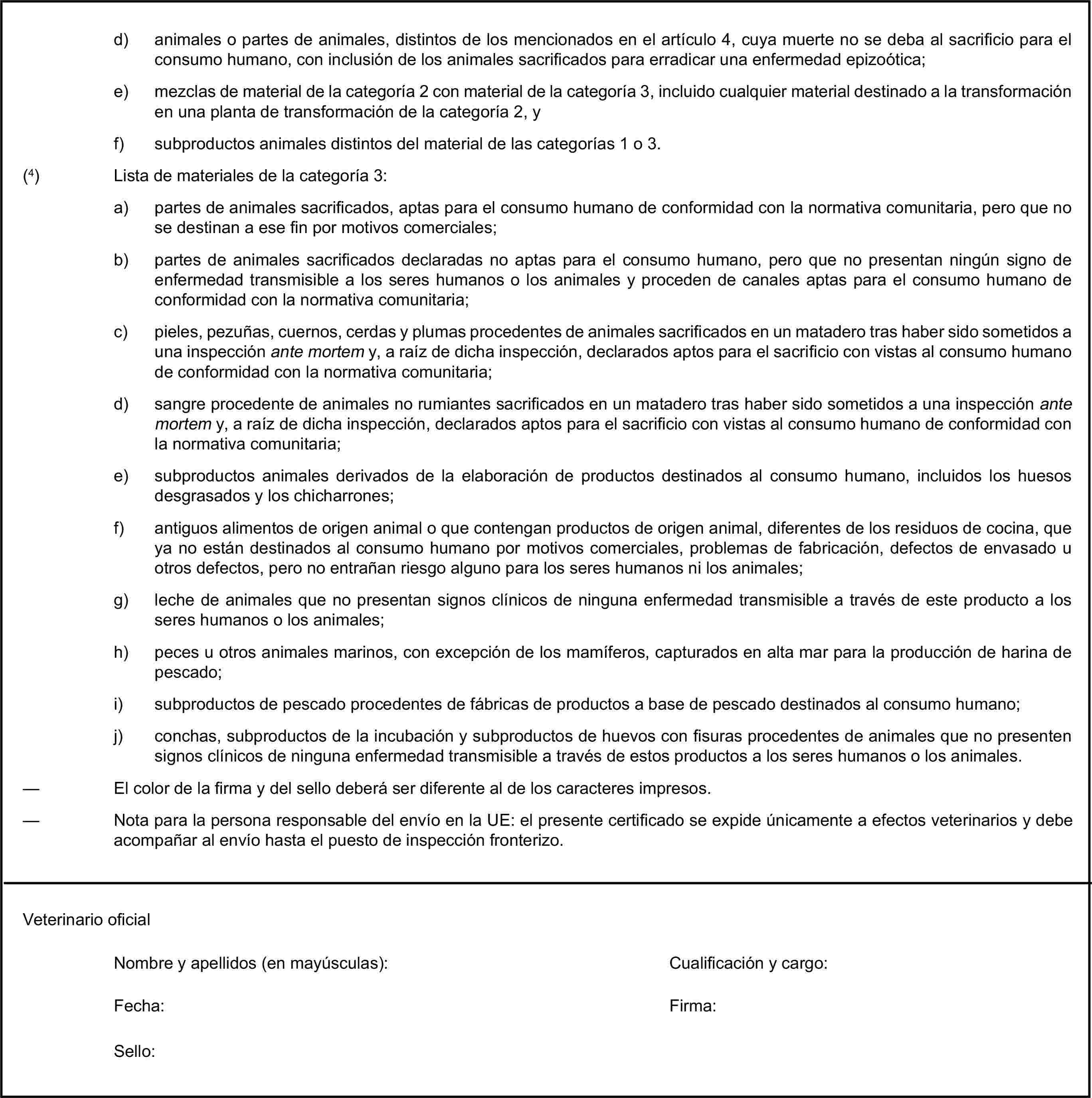 d) animales o partes de animales, distintos de los mencionados en el artículo 4, cuya muerte no se deba al sacrificio para el consumo humano, con inclusión de los animales sacrificados para erradicar una enfermedad epizoótica;e) mezclas de material de la categoría 2 con material de la categoría 3, incluido cualquier material destinado a la transformación en una planta de transformación de la categoría 2, yf) subproductos animales distintos del material de las categorías 1 o 3.(4) Lista de materiales de la categoría 3:a) partes de animales sacrificados, aptas para el consumo humano de conformidad con la normativa comunitaria, pero que no se destinan a ese fin por motivos comerciales;b) partes de animales sacrificados declaradas no aptas para el consumo humano, pero que no presentan ningún signo de enfermedad transmisible a los seres humanos o los animales y proceden de canales aptas para el consumo humano de conformidad con la normativa comunitaria;c) pieles, pezuñas, cuernos, cerdas y plumas procedentes de animales sacrificados en un matadero tras haber sido sometidos a una inspección ante mortem y, a raíz de dicha inspección, declarados aptos para el sacrificio con vistas al consumo humano de conformidad con la normativa comunitaria;d) sangre procedente de animales no rumiantes sacrificados en un matadero tras haber sido sometidos a una inspección ante mortem y, a raíz de dicha inspección, declarados aptos para el sacrificio con vistas al consumo humano de conformidad con la normativa comunitaria;e) subproductos animales derivados de la elaboración de productos destinados al consumo humano, incluidos los huesos desgrasados y los chicharrones;f) antiguos alimentos de origen animal o que contengan productos de origen animal, diferentes de los residuos de cocina, que ya no están destinados al consumo humano por motivos comerciales, problemas de fabricación, defectos de envasado u otros defectos, pero no entrañan riesgo alguno para los seres humanos ni los animales;g) leche de animales que no presentan signos clínicos de ninguna enfermedad transmisible a través de este producto a los seres humanos o los animales;h) peces u otros animales marinos, con excepción de los mamíferos, capturados en alta mar para la producción de harina de pescado;i) subproductos de pescado procedentes de fábricas de productos a base de pescado destinados al consumo humano;j) conchas, subproductos de la incubación y subproductos de huevos con fisuras procedentes de animales que no presenten signos clínicos de ninguna enfermedad transmisible a través de estos productos a los seres humanos o los animales.— El color de la firma y del sello deberá ser diferente al de los caracteres impresos.— Nota para la persona responsable del envío en la UE: el presente certificado se expide únicamente a efectos veterinarios y debe acompañar al envío hasta el puesto de inspección fronterizo.Veterinario oficialNombre y apellidos (en mayúsculas):Cualificación y cargo:Fecha:Firma:Sello: