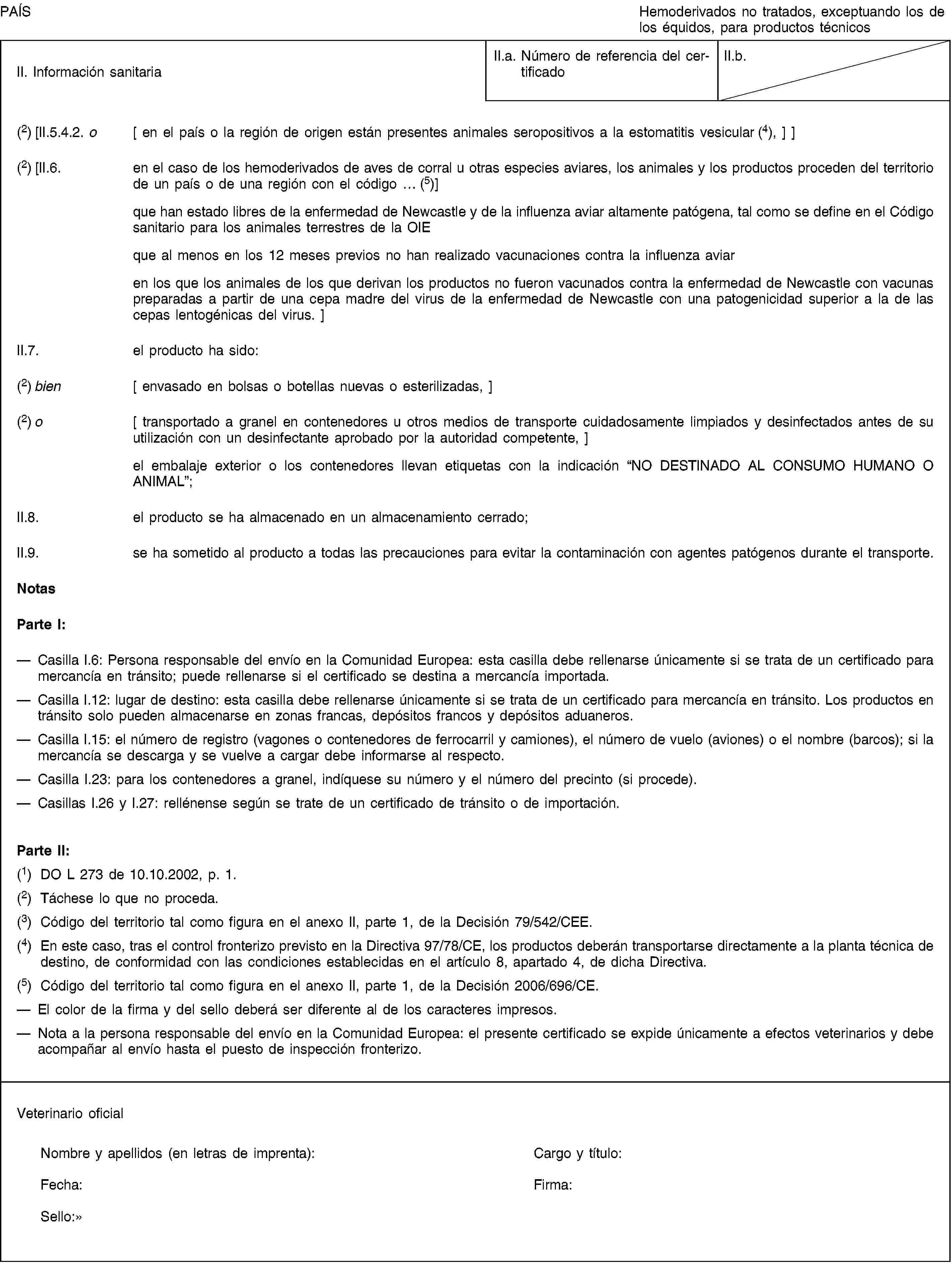 PAÍSHemoderivados no tratados, exceptuando los de los équidos, para productos técnicosII. Información sanitariaII.a. Número de referencia del certificadoII.b.(2) [II.5.4.2. o [ en el país o la región de origen están presentes animales seropositivos a la estomatitis vesicular (4), ] ](2) [II.6. en el caso de los hemoderivados de aves de corral u otras especies aviares, los animales y los productos proceden del territorio de un país o de una región con el código … (5)]que han estado libres de la enfermedad de Newcastle y de la influenza aviar altamente patógena, tal como se define en el Código sanitario para los animales terrestres de la OIEque al menos en los 12 meses previos no han realizado vacunaciones contra la influenza aviaren los que los animales de los que derivan los productos no fueron vacunados contra la enfermedad de Newcastle con vacunas preparadas a partir de una cepa madre del virus de la enfermedad de Newcastle con una patogenicidad superior a la de las cepas lentogénicas del virus. ]II.7. el producto ha sido:(2) bien [ envasado en bolsas o botellas nuevas o esterilizadas, ](2) o [ transportado a granel en contenedores u otros medios de transporte cuidadosamente limpiados y desinfectados antes de su utilización con un desinfectante aprobado por la autoridad competente, ]el embalaje exterior o los contenedores llevan etiquetas con la indicación “NO DESTINADO AL CONSUMO HUMANO O ANIMAL”;II.8. el producto se ha almacenado en un almacenamiento cerrado;II.9. se ha sometido al producto a todas las precauciones para evitar la contaminación con agentes patógenos durante el transporte.NotasParte I:Casilla I.6: Persona responsable del envío en la Comunidad Europea: esta casilla debe rellenarse únicamente si se trata de un certificado para mercancía en tránsito; puede rellenarse si el certificado se destina a mercancía importada.Casilla I.12: lugar de destino: esta casilla debe rellenarse únicamente si se trata de un certificado para mercancía en tránsito. Los productos en tránsito solo pueden almacenarse en zonas francas, depósitos francos y depósitos aduaneros.Casilla I.15: el número de registro (vagones o contenedores de ferrocarril y camiones), el número de vuelo (aviones) o el nombre (barcos); si la mercancía se descarga y se vuelve a cargar debe informarse al respecto.Casilla I.23: para los contenedores a granel, indíquese su número y el número del precinto (si procede).Casillas I.26 y I.27: rellénense según se trate de un certificado de tránsito o de importación.Parte II:(1) DO L 273 de 10.10.2002, p. 1.(2) Táchese lo que no proceda.(3) Código del territorio tal como figura en el anexo II, parte 1, de la Decisión 79/542/CEE.(4) En este caso, tras el control fronterizo previsto en la Directiva 97/78/CE, los productos deberán transportarse directamente a la planta técnica de destino, de conformidad con las condiciones establecidas en el artículo 8, apartado 4, de dicha Directiva.(5) Código del territorio tal como figura en el anexo II, parte 1, de la Decisión 2006/696/CE.El color de la firma y del sello deberá ser diferente al de los caracteres impresos.Nota a la persona responsable del envío en la Comunidad Europea: el presente certificado se expide únicamente a efectos veterinarios y debe acompañar al envío hasta el puesto de inspección fronterizo.Veterinario oficialNombre y apellidos (en letras de imprenta):Cargo y título:Fecha:Firma:Sello: