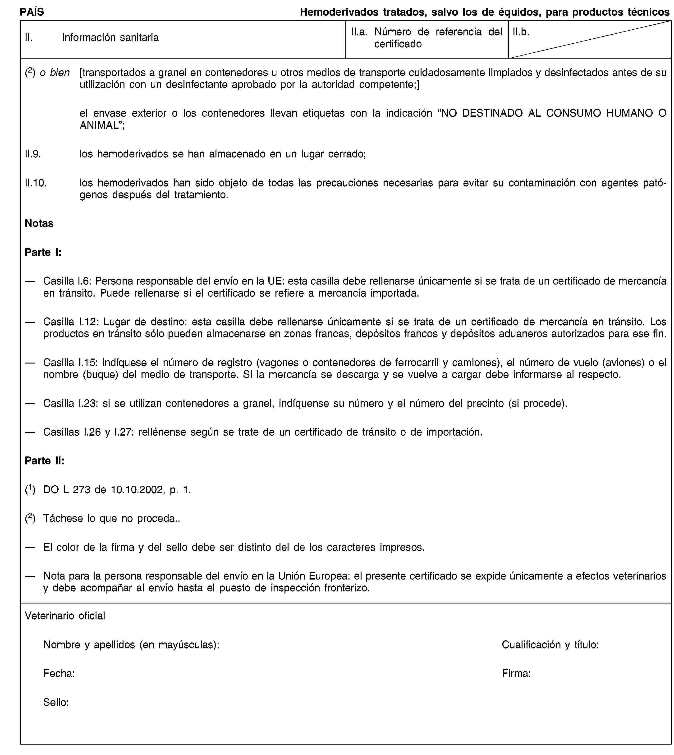 PAÍSHemoderivados tratados, salvo los de équidos, para productos técnicosII. Información sanitariaII.a. Número de referencia del certificadoII.b.(2) o bien [transportados a granel en contenedores u otros medios de transporte cuidadosamente limpiados y desinfectados antes de su utilización con un desinfectante aprobado por la autoridad competente;]el envase exterior o los contenedores llevan etiquetas con la indicación “NO DESTINADO AL CONSUMO HUMANO O ANIMAL”;II.9. los hemoderivados se han almacenado en un lugar cerrado;II.10. los hemoderivados han sido objeto de todas las precauciones necesarias para evitar su contaminación con agentes patógenos después del tratamiento.NotasParte I:Casilla I.6: Persona responsable del envío en la UE: esta casilla debe rellenarse únicamente si se trata de un certificado de mercancía en tránsito. Puede rellenarse si el certificado se refiere a mercancía importada.Casilla I.12: Lugar de destino: esta casilla debe rellenarse únicamente si se trata de un certificado de mercancía en tránsito. Los productos en tránsito sólo pueden almacenarse en zonas francas, depósitos francos y depósitos aduaneros autorizados para ese fin.Casilla I.15: indíquese el número de registro (vagones o contenedores de ferrocarril y camiones), el número de vuelo (aviones) o el nombre (buque) del medio de transporte. Si la mercancía se descarga y se vuelve a cargar debe informarse al respecto.Casilla I.23: si se utilizan contenedores a granel, indíquense su número y el número del precinto (si procede).Casillas I.26 y I.27: rellénense según se trate de un certificado de tránsito o de importación.Parte II:(1) DO L 273 de 10.10.2002, p. 1.(2) Táchese lo que no proceda.El color de la firma y del sello debe ser distinto del de los caracteres impresos.Nota para la persona responsable del envío en la Unión Europea: el presente certificado se expide únicamente a efectos veterinarios y debe acompañar al envío hasta el puesto de inspección fronterizo.Veterinario oficialNombre y apellidos (en mayúsculas):Cualificación y título:Fecha:Firma:Sello: