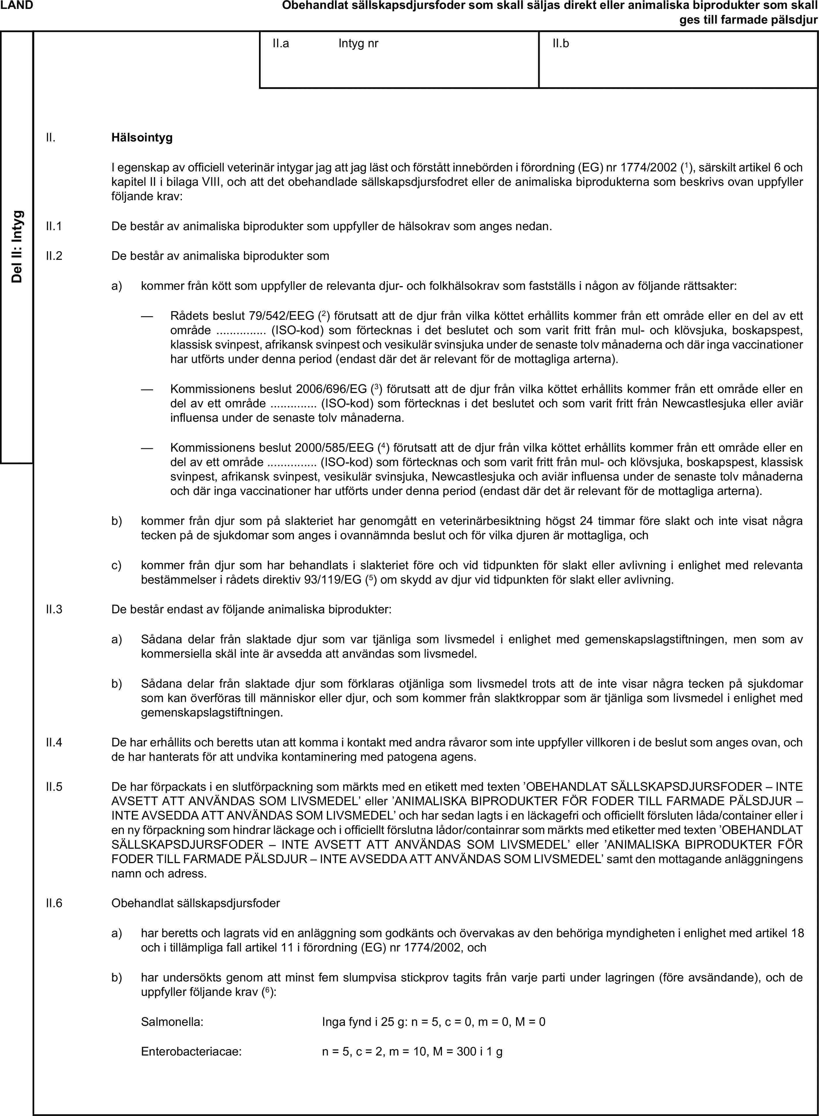 LANDObehandlat sällskapsdjursfoder som skall säljas direkt eller animaliska biprodukter som skall ges till farmade pälsdjurDel II: IntygII.a Intyg nrII.bII. HälsointygI egenskap av officiell veterinär intygar jag att jag läst och förstått innebörden i förordning (EG) nr 1774/2002 (1), särskilt artikel 6 och kapitel II i bilaga VIII, och att det obehandlade sällskapsdjursfodret eller de animaliska biprodukterna som beskrivs ovan uppfyller följande krav:II.1 De består av animaliska biprodukter som uppfyller de hälsokrav som anges nedan.II.2 De består av animaliska biprodukter soma) kommer från kött som uppfyller de relevanta djur- och folkhälsokrav som fastställs i någon av följande rättsakter:— Rådets beslut 79/542/EEG (2) förutsatt att de djur från vilka köttet erhållits kommer från ett område eller en del av ett område … (ISO-kod) som förtecknas i det beslutet och som varit fritt från mul- och klövsjuka, boskapspest, klassisk svinpest, afrikansk svinpest och vesikulär svinsjuka under de senaste tolv månaderna och där inga vaccinationer har utförts under denna period (endast där det är relevant för de mottagliga arterna).— Kommissionens beslut 2006/696/EG (3) förutsatt att de djur från vilka köttet erhållits kommer från ett område eller en del av ett område … (ISO-kod) som förtecknas i det beslutet och som varit fritt från Newcastlesjuka eller aviär influensa under de senaste tolv månaderna.— Kommissionens beslut 2000/585/EEG (4) förutsatt att de djur från vilka köttet erhållits kommer från ett område eller en del av ett område … (ISO-kod) som förtecknas och som varit fritt från mul- och klövsjuka, boskapspest, klassisk svinpest, afrikansk svinpest, vesikulär svinsjuka, Newcastlesjuka och aviär influensa under de senaste tolv månaderna och där inga vaccinationer har utförts under denna period (endast där det är relevant för de mottagliga arterna).b) kommer från djur som på slakteriet har genomgått en veterinärbesiktning högst 24 timmar före slakt och inte visat några tecken på de sjukdomar som anges i ovannämnda beslut och för vilka djuren är mottagliga, ochc) kommer från djur som har behandlats i slakteriet före och vid tidpunkten för slakt eller avlivning i enlighet med relevanta bestämmelser i rådets direktiv 93/119/EG (5) om skydd av djur vid tidpunkten för slakt eller avlivning.II.3 De består endast av följande animaliska biprodukter:a) Sådana delar från slaktade djur som var tjänliga som livsmedel i enlighet med gemenskapslagstiftningen, men som av kommersiella skäl inte är avsedda att användas som livsmedel.b) Sådana delar från slaktade djur som förklaras otjänliga som livsmedel trots att de inte visar några tecken på sjukdomar som kan överföras till människor eller djur, och som kommer från slaktkroppar som är tjänliga som livsmedel i enlighet med gemenskapslagstiftningen.II.4 De har erhållits och beretts utan att komma i kontakt med andra råvaror som inte uppfyller villkoren i de beslut som anges ovan, och de har hanterats för att undvika kontaminering med patogena agens.II.5 De har förpackats i en slutförpackning som märkts med en etikett med texten ’OBEHANDLAT SÄLLSKAPSDJURSFODER – INTE AVSETT ATT ANVÄNDAS SOM LIVSMEDEL’ eller ’ANIMALISKA BIPRODUKTER FÖR FODER TILL FARMADE PÄLSDJUR – INTE AVSEDDA ATT ANVÄNDAS SOM LIVSMEDEL’ och har sedan lagts i en läckagefri och officiellt försluten låda/container eller i en ny förpackning som hindrar läckage och i officiellt förslutna lådor/containrar som märkts med etiketter med texten ’OBEHANDLAT SÄLLSKAPSDJURSFODER – INTE AVSETT ATT ANVÄNDAS SOM LIVSMEDEL’ eller ’ANIMALISKA BIPRODUKTER FÖR FODER TILL FARMADE PÄLSDJUR – INTE AVSEDDA ATT ANVÄNDAS SOM LIVSMEDEL’ samt den mottagande anläggningens namn och adress.II.6 Obehandlat sällskapsdjursfodera) har beretts och lagrats vid en anläggning som godkänts och övervakas av den behöriga myndigheten i enlighet med artikel 18 och i tillämpliga fall artikel 11 i förordning (EG) nr 1774/2002, ochb) har undersökts genom att minst fem slumpvisa stickprov tagits från varje parti under lagringen (före avsändande), och de uppfyller följande krav (6):Salmonella: Inga fynd i 25 g: n = 5, c = 0, m = 0, M = 0Enterobacteriacae: n = 5, c = 2, m = 10, M = 300 i 1 g