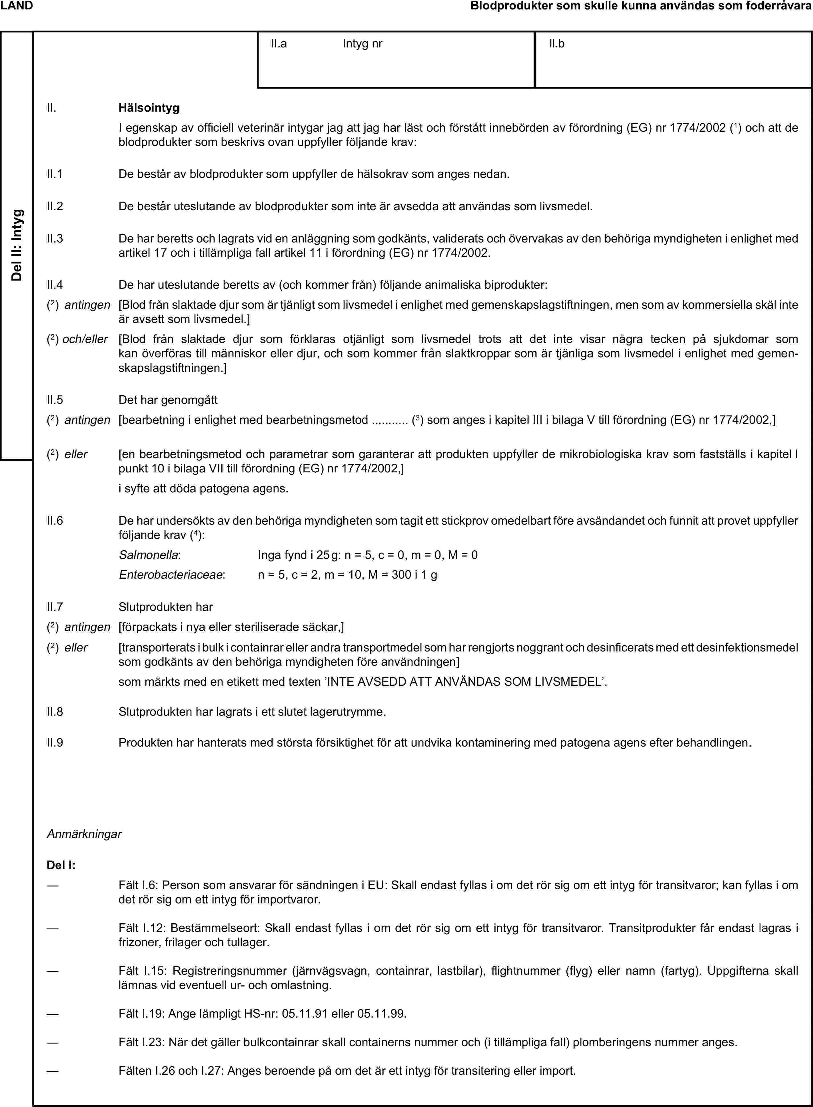 LANDBlodprodukter som skulle kunna användas som foderråvaraDel II: IntygII.a Intyg nrII.bII. HälsointygI egenskap av officiell veterinär intygar jag att jag har läst och förstått innebörden av förordning (EG) nr 1774/2002 (1) och att de blodprodukter som beskrivs ovan uppfyller följande krav:II.1 De består av blodprodukter som uppfyller de hälsokrav som anges nedan.II.2 De består uteslutande av blodprodukter som inte är avsedda att användas som livsmedel.II.3 De har beretts och lagrats vid en anläggning som godkänts, validerats och övervakas av den behöriga myndigheten i enlighet med artikel 17 och i tillämpliga fall artikel 11 i förordning (EG) nr 1774/2002.II.4 De har uteslutande beretts av (och kommer från) följande animaliska biprodukter:(2) antingen [Blod från slaktade djur som är tjänligt som livsmedel i enlighet med gemenskapslagstiftningen, men som av kommersiella skäl inte är avsett som livsmedel.](2) och/eller [Blod från slaktade djur som förklaras otjänligt som livsmedel trots att det inte visar några tecken på sjukdomar som kan överföras till människor eller djur, och som kommer från slaktkroppar som är tjänliga som livsmedel i enlighet med gemenskapslagstiftningen.]II.5 Det har genomgått(2) antingen [bearbetning i enlighet med bearbetningsmetod … (3) som anges i kapitel III i bilaga V till förordning (EG) nr 1774/2002,](2) eller [en bearbetningsmetod och parametrar som garanterar att produkten uppfyller de mikrobiologiska krav som fastställs i kapitel I punkt 10 i bilaga VII till förordning (EG) nr 1774/2002,]i syfte att döda patogena agens.II.6 De har undersökts av den behöriga myndigheten som tagit ett stickprov omedelbart före avsändandet och funnit att provet uppfyller följande krav (4):Salmonella: Inga fynd i 25 g: n = 5, c = 0, m = 0, M = 0Enterobacteriaceae: n = 5, c = 2, m = 10, M = 300 i 1 gII.7 Slutprodukten har(2) antingen [förpackats i nya eller steriliserade säckar,](2) eller [transporterats i bulk i containrar eller andra transportmedel som har rengjorts noggrant och desinficerats med ett desinfektionsmedel som godkänts av den behöriga myndigheten före användningen]som märkts med en etikett med texten ’INTE AVSEDD ATT ANVÄNDAS SOM LIVSMEDEL’.II.8 Slutprodukten har lagrats i ett slutet lagerutrymme.II.9 Produkten har hanterats med största försiktighet för att undvika kontaminering med patogena agens efter behandlingen.AnmärkningarDel I:— Fält I.6: Person som ansvarar för sändningen i EU: Skall endast fyllas i om det rör sig om ett intyg för transitvaror; kan fyllas i om det rör sig om ett intyg för importvaror.— Fält I.12: Bestämmelseort: Skall endast fyllas i om det rör sig om ett intyg för transitvaror. Transitprodukter får endast lagras i frizoner, frilager och tullager.— Fält I.15: Registreringsnummer (järnvägsvagn, containrar, lastbilar), flightnummer (flyg) eller namn (fartyg). Uppgifterna skall lämnas vid eventuell ur- och omlastning.— Fält I.19: Ange lämpligt HS-nr: 05.11.91 eller 05.11.99.— Fält I.23: När det gäller bulkcontainrar skall containerns nummer och (i tillämpliga fall) plomberingens nummer anges.— Fälten I.26 och I.27: Anges beroende på om det är ett intyg för transitering eller import.