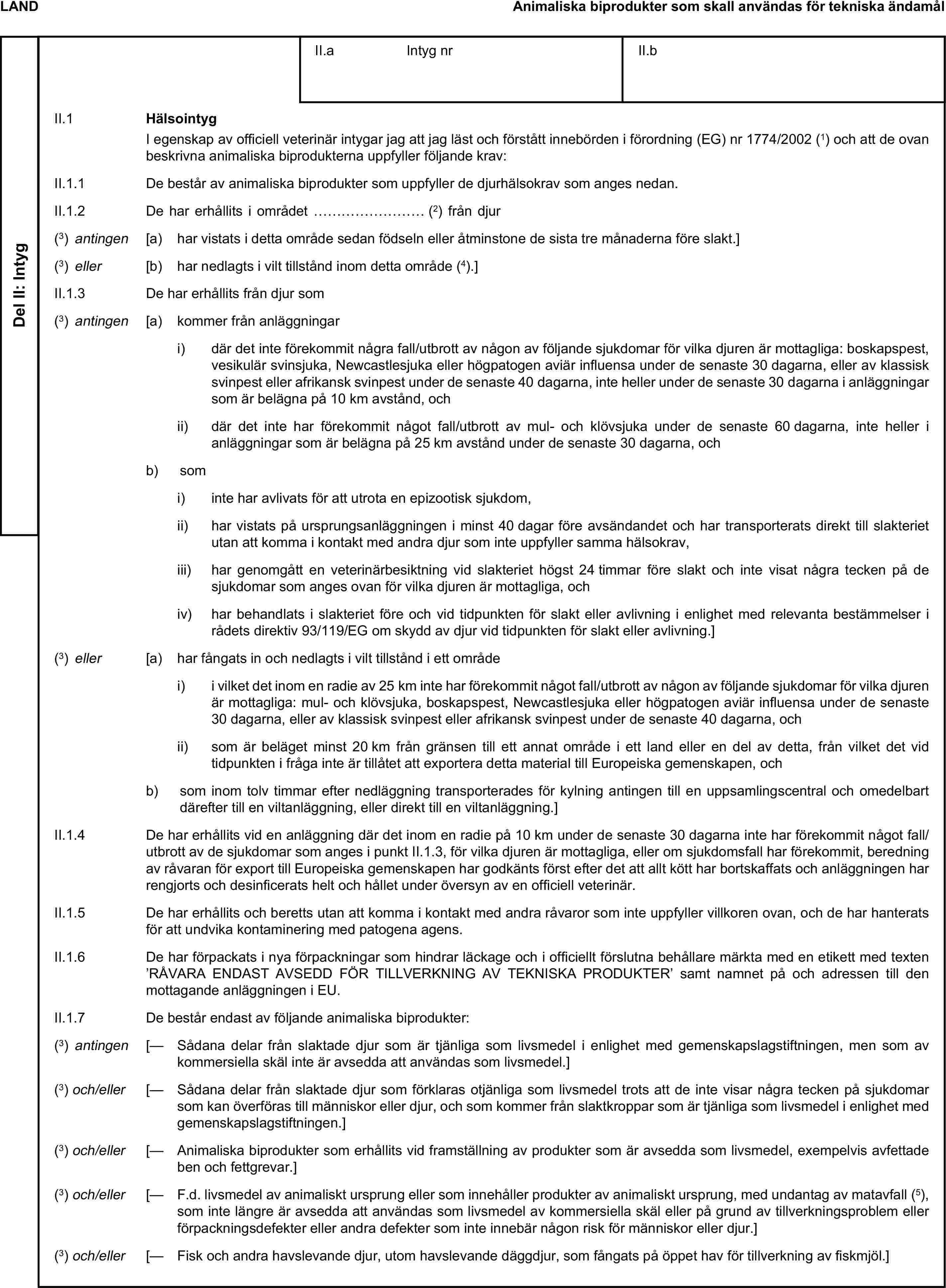 LANDAnimaliska biprodukter som skall användas för tekniska ändamålDel II: IntygII.a Intyg nrII.bII.1 HälsointygI egenskap av officiell veterinär intygar jag att jag läst och förstått innebörden i förordning (EG) nr 1774/2002 (1) och att de ovan beskrivna animaliska biprodukterna uppfyller följande krav:II.1.1 De består av animaliska biprodukter som uppfyller de djurhälsokrav som anges nedan.II.1.2 De har erhållits i området … (2) från djur som(3) antingen [a) har vistats i detta område sedan födseln eller åtminstone de sista tre månaderna före slakt.](3) eller [b) har nedlagts i vilt tillstånd inom detta område (4).]II.1.3 De har erhållits från djur som(3) antingen [a) kommer från anläggningari) där det inte förekommit några fall/utbrott av någon av följande sjukdomar för vilka djuren är mottagliga: boskapspest, vesikulär svinsjuka, Newcastlesjuka eller högpatogen aviär influensa under de senaste 30 dagarna, eller av klassisk svinpest eller afrikansk svinpest under de senaste 40 dagarna, inte heller under de senaste 30 dagarna i anläggningar som är belägna på 10 km avstånd, ochii) där det inte har förekommit något fall/utbrott av mul- och klövsjuka under de senaste 60 dagarna, inte heller i anläggningar som är belägna på 25 km avstånd under de senaste 30 dagarna, ochb) somi) inte har avlivats för att utrota en epizootisk sjukdom,ii) har vistats på ursprungsanläggningen i minst 40 dagar före avsändandet och har transporterats direkt till slakteriet utan att komma i kontakt med andra djur som inte uppfyller samma hälsokrav,iii) har genomgått en veterinärbesiktning vid slakteriet högst 24 timmar före slakt och inte visat några tecken på de sjukdomar som anges ovan för vilka djuren är mottagliga, ochiv) har behandlats i slakteriet före och vid tidpunkten för slakt eller avlivning i enlighet med relevanta bestämmelser i rådets direktiv 93/119/EG om skydd av djur vid tidpunkten för slakt eller avlivning.](3) eller [a) har fångats in och nedlagts i vilt tillstånd i ett områdei) i vilket det inom en radie av 25 km inte har förekommit något fall/utbrott av någon av följande sjukdomar för vilka djuren är mottagliga: mul- och klövsjuka, boskapspest, Newcastlesjuka eller högpatogen aviär influensa under de senaste 30 dagarna, eller av klassisk svinpest eller afrikansk svinpest under de senaste 40 dagarna, ochii) som är beläget minst 20 km från gränsen till ett annat område i ett land eller en del av detta, från vilket det vid tidpunkten i fråga inte är tillåtet att exportera detta material till Europeiska gemenskapen, ochb) som inom tolv timmar efter nedläggning transporterades för kylning antingen till en uppsamlingscentral och omedelbart därefter till en viltanläggning, eller direkt till en viltanläggning.]II.1.4 De har erhållits vid en anläggning där det inom en radie på 10 km under de senaste 30 dagarna inte har förekommit något fall/utbrott av de sjukdomar som anges i punkt II.1.3, för vilka djuren är mottagliga, eller om sjukdomsfall har förekommit, beredning av råvaran för export till Europeiska gemenskapen har godkänts först efter det att allt kött har bortskaffats och anläggningen har rengjorts och desinficerats helt och hållet under översyn av en officiell veterinär.II.1.5 De har erhållits och beretts utan att komma i kontakt med andra råvaror som inte uppfyller villkoren ovan, och de har hanterats för att undvika kontaminering med patogena agens.II.1.6 De har förpackats i nya förpackningar som hindrar läckage och i officiellt förslutna behållare märkta med en etikett med texten ’RÅVARA ENDAST AVSEDD FÖR TILLVERKNING AV TEKNISKA PRODUKTER’ samt namnet på och adressen till den mottagande anläggningen i EU.II.1.7 De består endast av följande animaliska biprodukter:(3) antingen [— Sådana delar från slaktade djur som är tjänliga som livsmedel i enlighet med gemenskapslagstiftningen, men som av kommersiella skäl inte är avsedda att användas som livsmedel.](3) och/eller [— Sådana delar från slaktade djur som förklaras otjänliga som livsmedel trots att de inte visar några tecken på sjukdomar som kan överföras till människor eller djur, och som kommer från slaktkroppar som är tjänliga som livsmedel i enlighet med gemenskapslagstiftningen.](3) och/eller [— Animaliska biprodukter som erhållits vid framställning av produkter som är avsedda som livsmedel, exempelvis avfettade ben och fettgrevar.](3) och/eller [— F.d. livsmedel av animaliskt ursprung eller som innehåller produkter av animaliskt ursprung, med undantag av matavfall (5), som inte längre är avsedda att användas som livsmedel av kommersiella skäl eller på grund av tillverkningsproblem eller förpackningsdefekter eller andra defekter som inte innebär någon risk för människor eller djur.](3) och/eller [— Fisk och andra havslevande djur, utom havslevande däggdjur, som fångats på öppet hav för tillverkning av fiskmjöl.]