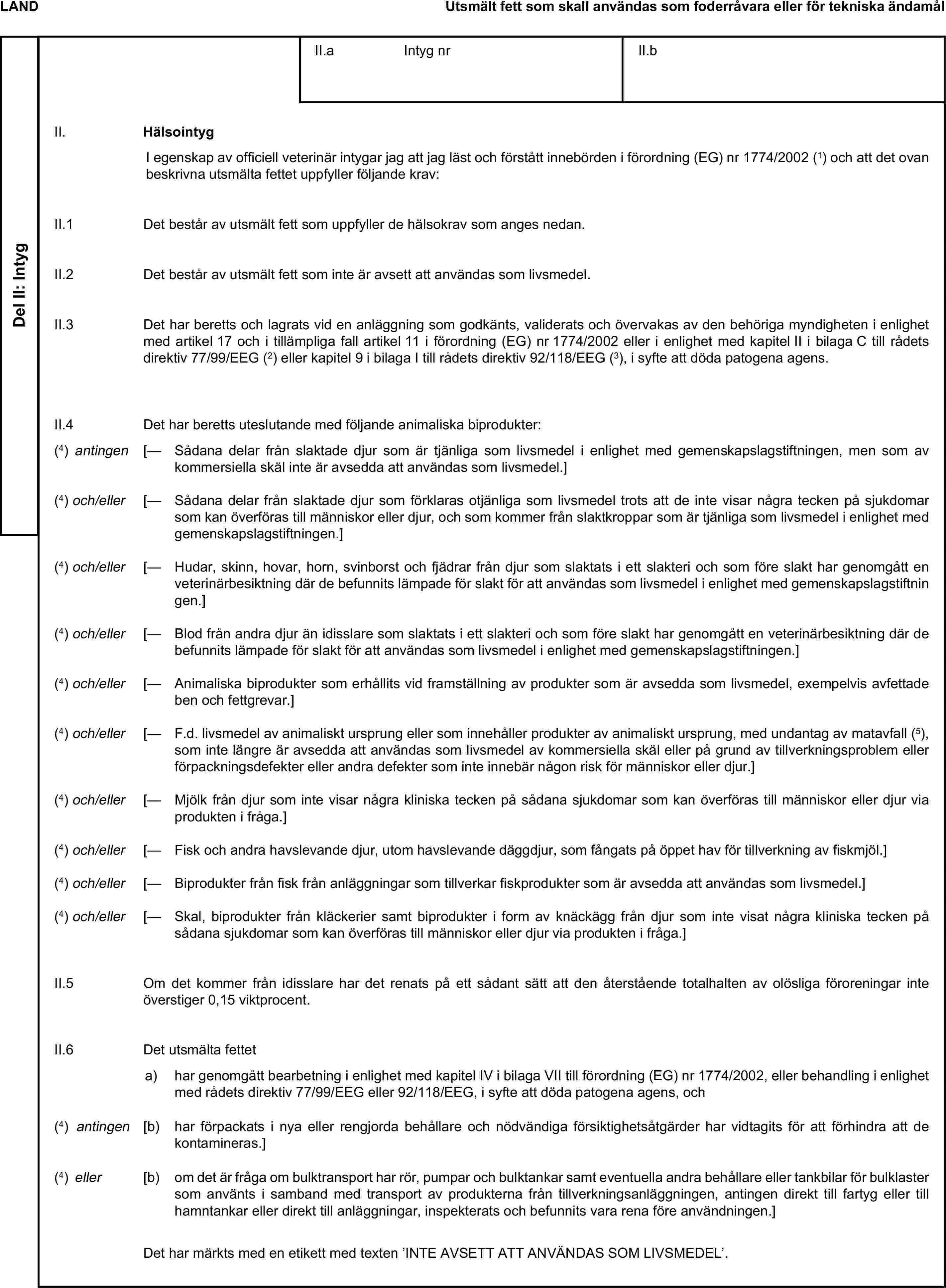 LANDUtsmält fett som skall användas som foderråvara eller för tekniska ändamålDel II: IntygII.a Intyg nrII.bII. HälsointygI egenskap av officiell veterinär intygar jag att jag läst och förstått innebörden i förordning (EG) nr 1774/2002 (1) och att det ovan beskrivna utsmälta fettet uppfyller följande krav:II.1 Det består av utsmält fett som uppfyller de hälsokrav som anges nedan.II.2 Det består av utsmält fett som inte är avsett att användas som livsmedel.II.3 Det har beretts och lagrats vid en anläggning som godkänts, validerats och övervakas av den behöriga myndigheten i enlighet med artikel 17 och i tillämpliga fall artikel 11 i förordning (EG) nr 1774/2002 eller i enlighet med kapitel II i bilaga C till rådets direktiv 77/99/EEG (2) eller kapitel 9 i bilaga I till rådets direktiv 92/118/EEG (3), i syfte att döda patogena agens.II.4 Det har beretts uteslutande med följande animaliska biprodukter:(4) antingen [— Sådana delar från slaktade djur som är tjänliga som livsmedel i enlighet med gemenskapslagstiftningen, men som av kommersiella skäl inte är avsedda att användas som livsmedel.](4) och/eller [— Sådana delar från slaktade djur som förklaras otjänliga som livsmedel trots att de inte visar några tecken på sjukdomar som kan överföras till människor eller djur, och som kommer från slaktkroppar som är tjänliga som livsmedel i enlighet med gemenskapslagstiftningen.](4) och/eller [— Hudar, skinn, hovar, horn, svinborst och fjädrar från djur som slaktats i ett slakteri och som före slakt har genomgått en veterinärbesiktning där de befunnits lämpade för slakt för att användas som livsmedel i enlighet med gemenskapslagstiftningen.](4) och/eller [— Blod från andra djur än idisslare som slaktats i ett slakteri och som före slakt har genomgått en veterinärbesiktning där de befunnits lämpade för slakt för att användas som livsmedel i enlighet med gemenskapslagstiftningen.](4) och/eller [— Animaliska biprodukter som erhållits vid framställning av produkter som är avsedda som livsmedel, exempelvis avfettade ben och fettgrevar.](4) och/eller [— F.d. livsmedel av animaliskt ursprung eller som innehåller produkter av animaliskt ursprung, med undantag av matavfall (5), som inte längre är avsedda att användas som livsmedel av kommersiella skäl eller på grund av tillverkningsproblem eller förpackningsdefekter eller andra defekter som inte innebär någon risk för människor eller djur.](4) och/eller [— Mjölk från djur som inte visar några kliniska tecken på sådana sjukdomar som kan överföras till människor eller djur via produkten i fråga.](4) och/eller [— Fisk och andra havslevande djur, utom havslevande däggdjur, som fångats på öppet hav för tillverkning av fiskmjöl.](4) och/eller [— Biprodukter från fisk från anläggningar som tillverkar fiskprodukter som är avsedda att användas som livsmedel.](4) och/eller [— Skal, biprodukter från kläckerier samt biprodukter i form av knäckägg från djur som inte visat några kliniska tecken på sådana sjukdomar som kan överföras till människor eller djur via produkten i fråga.]II.5 Om det kommer från idisslare har det renats på ett sådant sätt att den återstående totalhalten av olösliga föroreningar inte överstiger 0,15 viktprocent.II.6 Det utsmälta fetteta) har genomgått bearbetning i enlighet med kapitel IV i bilaga VII till förordning (EG) nr 1774/2002, eller behandling i enlighet med rådets direktiv 77/99/EEG eller 92/118/EEG, i syfte att döda patogena agens, och(4) antingen [b) har förpackats i nya eller rengjorda behållare och nödvändiga försiktighetsåtgärder har vidtagits för att förhindra att de kontamineras.](4) eller [b) om det är fråga om bulktransport har rör, pumpar och bulktankar samt eventuella andra behållare eller tankbilar för bulklaster som använts i samband med transport av produkterna från tillverkningsanläggningen, antingen direkt till fartyg eller till hamntankar eller direkt till anläggningar, inspekterats och befunnits vara rena före användningen.]Det har märkts med en etikett med texten ’INTE AVSETT ATT ANVÄNDAS SOM LIVSMEDEL’.