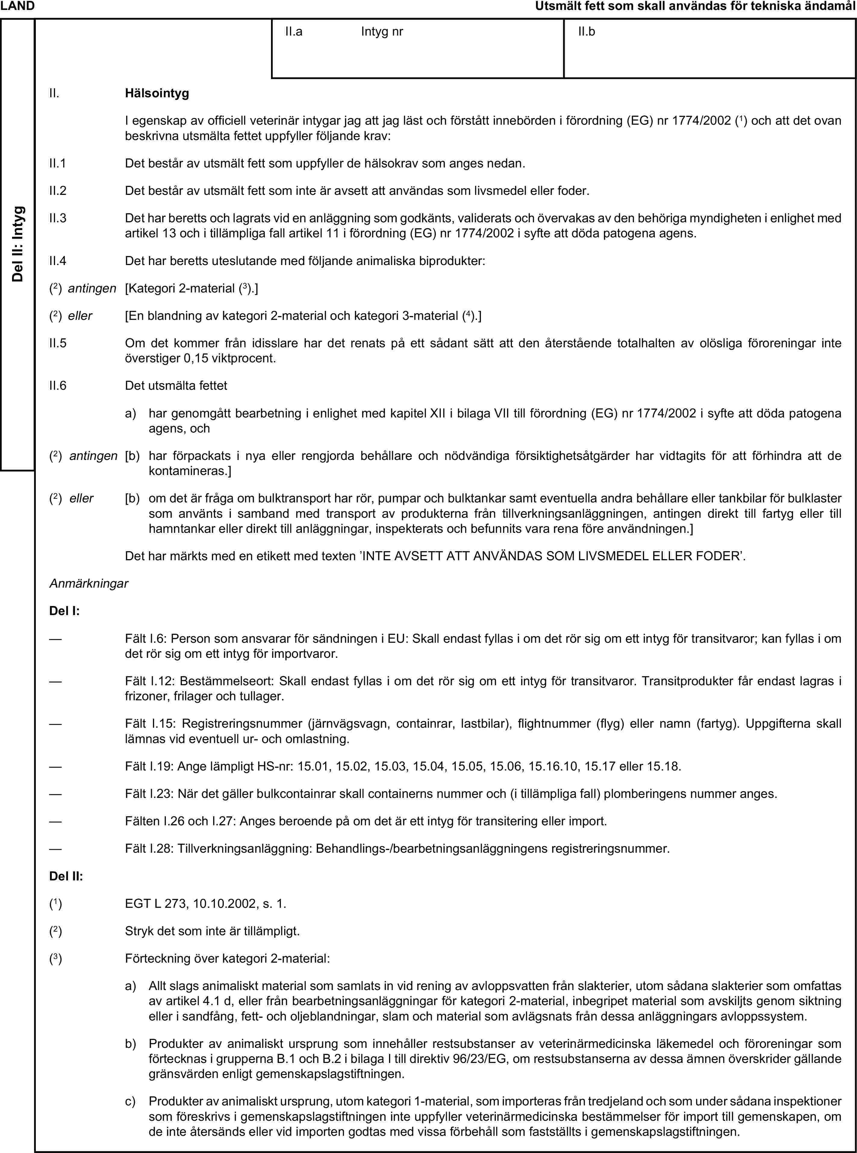 LANDUtsmält fett som skall användas för tekniska ändamålDel II: IntygII.a Intyg nrII.bII. HälsointygI egenskap av officiell veterinär intygar jag att jag läst och förstått innebörden i förordning (EG) nr 1774/2002 (1) och att det ovan beskrivna utsmälta fettet uppfyller följande krav:II.1 Det består av utsmält fett som uppfyller de hälsokrav som anges nedan.II.2 Det består av utsmält fett som inte är avsett att användas som livsmedel eller foder.II.3 Det har beretts och lagrats vid en anläggning som godkänts, validerats och övervakas av den behöriga myndigheten i enlighet med artikel 13 och i tillämpliga fall artikel 11 i förordning (EG) nr 1774/2002 i syfte att döda patogena agens.II.4 Det har beretts uteslutande med följande animaliska biprodukter:(2) antingen [Kategori 2-material (3).](2) eller [En blandning av kategori 2-material och kategori 3-material (4).]II.5 Om det kommer från idisslare har det renats på ett sådant sätt att den återstående totalhalten av olösliga föroreningar inte överstiger 0,15 viktprocent.II.6 Det utsmälta fetteta) har genomgått bearbetning i enlighet med kapitel XII i bilaga VII till förordning (EG) nr 1774/2002 i syfte att döda patogena agens, och(2) antingen [b) har förpackats i nya eller rengjorda behållare och nödvändiga försiktighetsåtgärder har vidtagits för att förhindra att de kontamineras.](2) eller [b) om det är fråga om bulktransport har rör, pumpar och bulktankar samt eventuella andra behållare eller tankbilar för bulklaster som använts i samband med transport av produkterna från tillverkningsanläggningen, antingen direkt till fartyg eller till hamntankar eller direkt till anläggningar, inspekterats och befunnits vara rena före användningen.]Det har märkts med en etikett med texten ’INTE AVSETT ATT ANVÄNDAS SOM LIVSMEDEL ELLER FODER’.AnmärkningarDel I:— Fält I.6: Person som ansvarar för sändningen i EU: Skall endast fyllas i om det rör sig om ett intyg för transitvaror; kan fyllas i om det rör sig om ett intyg för importvaror.— Fält I.12: Bestämmelseort: Skall endast fyllas i om det rör sig om ett intyg för transitvaror. Transitprodukter får endast lagras i frizoner, frilager och tullager.— Fält I.15: Registreringsnummer (järnvägsvagn, containrar, lastbilar), flightnummer (flyg) eller namn (fartyg). Uppgifterna skall lämnas vid eventuell ur- och omlastning.— Fält I.19: Ange lämpligt HS-nr: 15.01, 15.02, 15.03, 15.04, 15.05, 15.06, 15.16.10, 15.17 eller 15.18.— Fält I.23: När det gäller bulkcontainrar skall containerns nummer och (i tillämpliga fall) plomberingens nummer anges.— Fälten I.26 och I.27: Anges beroende på om det är ett intyg för transitering eller import.— Fält I.28: Tillverkningsanläggning: Behandlings-/bearbetningsanläggningens registreringsnummer.Del II:(1) EGT L 273, 10.10.2002, s. 1.(2) Stryk det som inte är tillämpligt.(3) Förteckning över kategori 2-material:a) Allt slags animaliskt material som samlats in vid rening av avloppsvatten från slakterier, utom sådana slakterier som omfattas av artikel 4.1 d, eller från bearbetningsanläggningar för kategori 2-material, inbegripet material som avskiljts genom siktning eller i sandfång, fett- och oljeblandningar, slam och material som avlägsnats från dessa anläggningars avloppssystem.b) Produkter av animaliskt ursprung som innehåller restsubstanser av veterinärmedicinska läkemedel och föroreningar som förtecknas i grupperna B.1 och B.2 i bilaga I till direktiv 96/23/EG, om restsubstanserna av dessa ämnen överskrider gällande gränsvärden enligt gemenskapslagstiftningen.c) Produkter av animaliskt ursprung, utom kategori 1-material, som importeras från tredjeland och som under sådana inspektioner som föreskrivs i gemenskapslagstiftningen inte uppfyller veterinärmedicinska bestämmelser för import till gemenskapen, om de inte återsänds eller vid importen godtas med vissa förbehåll som fastställts i gemenskapslagstiftningen.