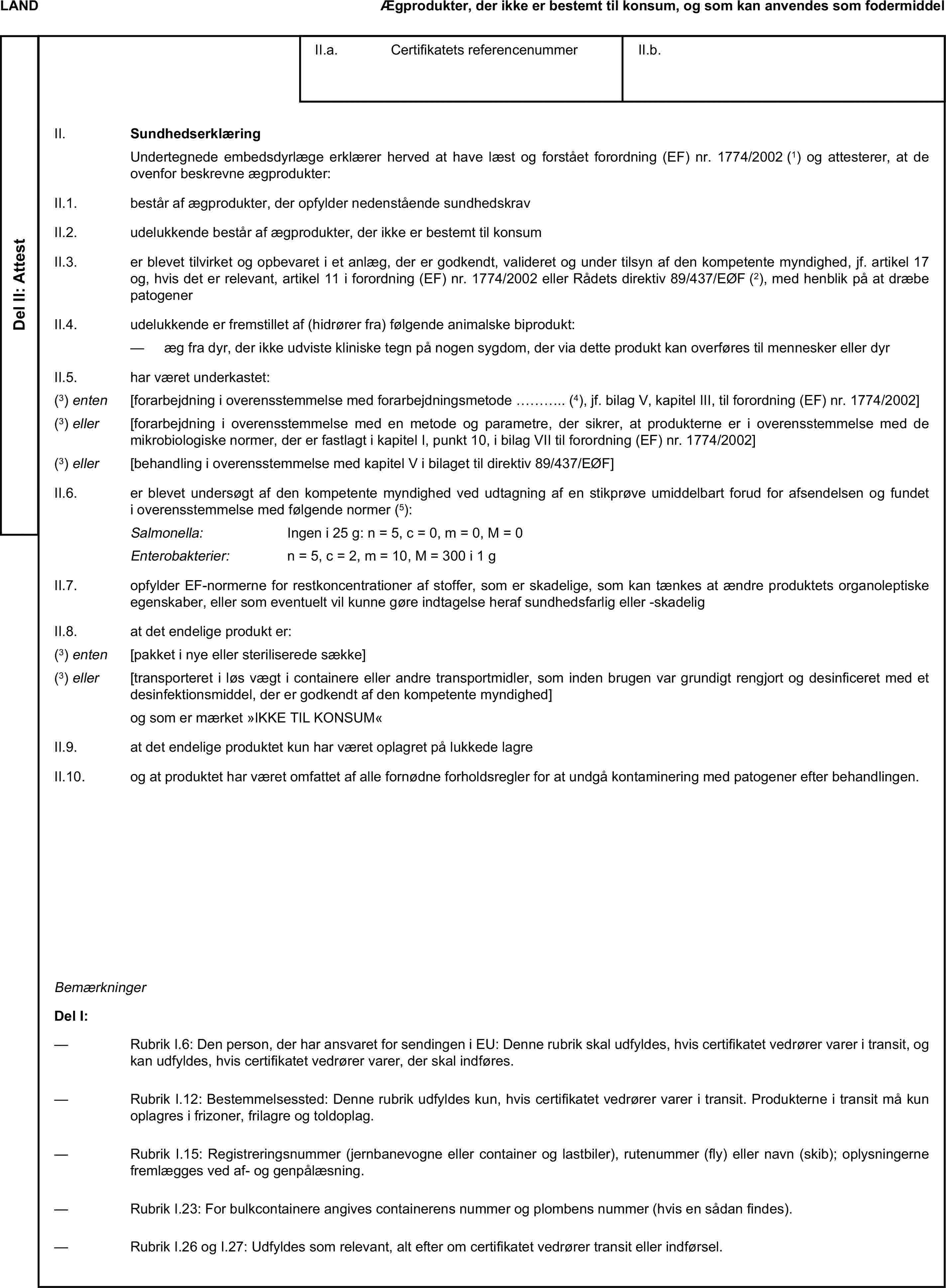 LANDÆgprodukter, der ikke er bestemt til konsum, og som kan anvendes som fodermiddelDel II: AttestII.a. Certifikatets referencenummerII.b.II. SundhedserklæringUndertegnede embedsdyrlæge erklærer herved at have læst og forstået forordning (EF) nr. 1774/2002 (1) og attesterer, at de ovenfor beskrevne ægprodukter:II.1. består af ægprodukter, der opfylder nedenstående sundhedskravII.2. udelukkende består af ægprodukter, der ikke er bestemt til konsumII.3. er blevet tilvirket og opbevaret i et anlæg, der er godkendt, valideret og under tilsyn af den kompetente myndighed, jf. artikel 17 og, hvis det er relevant, artikel 11 i forordning (EF) nr. 1774/2002 eller Rådets direktiv 89/437/EØF (2), med henblik på at dræbe patogenerII.4. udelukkende er fremstillet af (hidrører fra) følgende animalske biprodukt:— æg fra dyr, der ikke udviste kliniske tegn på nogen sygdom, der via dette produkt kan overføres til mennesker eller dyrII.5. har været underkastet:(3) enten [forarbejdning i overensstemmelse med forarbejdningsmetode … (4), jf. bilag V, kapitel III, til forordning (EF) nr. 1774/2002](3) eller [forarbejdning i overensstemmelse med en metode og parametre, der sikrer, at produkterne er i overensstemmelse med de mikrobiologiske normer, der er fastlagt i kapitel I, punkt 10, i bilag VII til forordning (EF) nr. 1774/2002](3) eller [behandling i overensstemmelse med kapitel V i bilaget til direktiv 89/437/EØF]II.6. er blevet undersøgt af den kompetente myndighed ved udtagning af en stikprøve umiddelbart forud for afsendelsen og fundet i overensstemmelse med følgende normer (5):Salmonella: Ingen i 25 g: n = 5, c = 0, m = 0, M = 0Enterobakterier: n = 5, c = 2, m = 10, M = 300 i 1 gII.7. opfylder EF-normerne for restkoncentrationer af stoffer, som er skadelige, som kan tænkes at ændre produktets organoleptiske egenskaber, eller som eventuelt vil kunne gøre indtagelse heraf sundhedsfarlig eller -skadeligII.8. at det endelige produkt er:(3) enten [pakket i nye eller steriliserede sække](3) eller [transporteret i løs vægt i containere eller andre transportmidler, som inden brugen var grundigt rengjort og desinficeret med et desinfektionsmiddel, der er godkendt af den kompetente myndighed]og som er mærket »IKKE TIL KONSUM«II.9. at det endelige produktet kun har været oplagret på lukkede lagreII.10. og at produktet har været omfattet af alle fornødne forholdsregler for at undgå kontaminering med patogener efter behandlingen.BemærkningerDel I:— Rubrik I.6: Den person, der har ansvaret for sendingen i EU: Denne rubrik skal udfyldes, hvis certifikatet vedrører varer i transit, og kan udfyldes, hvis certifikatet vedrører varer, der skal indføres.— Rubrik I.12: Bestemmelsessted: Denne rubrik udfyldes kun, hvis certifikatet vedrører varer i transit. Produkterne i transit må kun oplagres i frizoner, frilagre og toldoplag.— Rubrik I.15: Registreringsnummer (jernbanevogne eller container og lastbiler), rutenummer (fly) eller navn (skib); oplysningerne fremlægges ved af- og genpålæsning.— Rubrik I.23: For bulkcontainere angives containerens nummer og plombens nummer (hvis en sådan findes).— Rubrik I.26 og I.27: Udfyldes som relevant, alt efter om certifikatet vedrører transit eller indførsel.