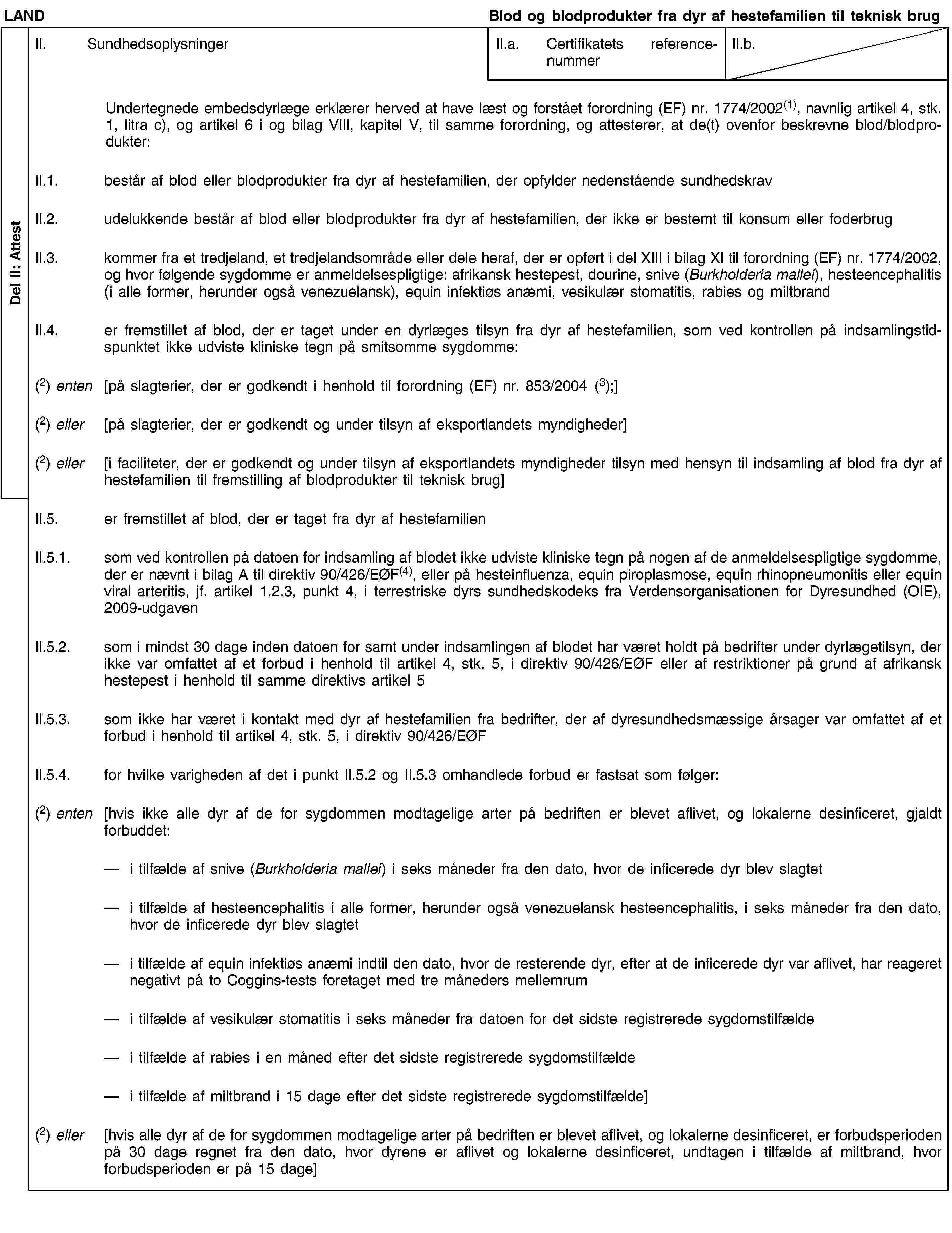 Del II: AttestLANDBlod og blodprodukter fra dyr af hestefamilien til teknisk brugII. SundhedsoplysningerII.a. Certifikatets referencenummerII.b.Undertegnede embedsdyrlæge erklærer herved at have læst og forstået forordning (EF) nr. 1774/2002(1), navnlig artikel 4, stk. 1, litra c), og artikel 6 i og bilag VIII, kapitel V, til samme forordning, og attesterer, at de(t) ovenfor beskrevne blod/blodprodukter:II.1. består af blod eller blodprodukter fra dyr af hestefamilien, der opfylder nedenstående sundhedskravII.2. udelukkende består af blod eller blodprodukter fra dyr af hestefamilien, der ikke er bestemt til konsum eller foderbrugII.3. kommer fra et tredjeland, et tredjelandsområde eller dele heraf, der er opført i del XIII i bilag XI til forordning (EF) nr. 1774/2002, og hvor følgende sygdomme er anmeldelsespligtige: afrikansk hestepest, dourine, snive (Burkholderia mallei), hesteencephalitis (i alle former, herunder også venezuelansk), equin infektiøs anæmi, vesikulær stomatitis, rabies og miltbrandII.4. er fremstillet af blod, der er taget under en dyrlæges tilsyn fra dyr af hestefamilien, som ved kontrollen på indsamlingstidspunktet ikke udviste kliniske tegn på smitsomme sygdomme:(2) enten [på slagterier, der er godkendt i henhold til forordning (EF) nr. 853/2004 (3);](2) eller [på slagterier, der er godkendt og under tilsyn af eksportlandets myndigheder](2) eller [i faciliteter, der er godkendt og under tilsyn af eksportlandets myndigheder tilsyn med hensyn til indsamling af blod fra dyr af hestefamilien til fremstilling af blodprodukter til teknisk brug]II.5. er fremstillet af blod, der er taget fra dyr af hestefamilienII.5.1. som ved kontrollen på datoen for indsamling af blodet ikke udviste kliniske tegn på nogen af de anmeldelsespligtige sygdomme, der er nævnt i bilag A til direktiv 90/426/EØF(4), eller på hesteinfluenza, equin piroplasmose, equin rhinopneumonitis eller equin viral arteritis, jf. artikel 1.2.3, punkt 4, i terrestriske dyrs sundhedskodeks fra Verdensorganisationen for Dyresundhed (OIE), 2009-udgavenII.5.2. som i mindst 30 dage inden datoen for samt under indsamlingen af blodet har været holdt på bedrifter under dyrlægetilsyn, der ikke var omfattet af et forbud i henhold til artikel 4, stk. 5, i direktiv 90/426/EØF eller af restriktioner på grund af afrikansk hestepest i henhold til samme direktivs artikel 5II.5.3. som ikke har været i kontakt med dyr af hestefamilien fra bedrifter, der af dyresundhedsmæssige årsager var omfattet af et forbud i henhold til artikel 4, stk. 5, i direktiv 90/426/EØFII.5.4. for hvilke varigheden af det i punkt II.5.2 og II.5.3 omhandlede forbud er fastsat som følger:(2) enten [hvis ikke alle dyr af de for sygdommen modtagelige arter på bedriften er blevet aflivet, og lokalerne desinficeret, gjaldt forbuddet:i tilfælde af snive (Burkholderia mallei) i seks måneder fra den dato, hvor de inficerede dyr blev slagteti tilfælde af hesteencephalitis i alle former, herunder også venezuelansk hesteencephalitis, i seks måneder fra den dato, hvor de inficerede dyr blev slagteti tilfælde af equin infektiøs anæmi indtil den dato, hvor de resterende dyr, efter at de inficerede dyr var aflivet, har reageret negativt på to Coggins-tests foretaget med tre måneders mellemrumi tilfælde af vesikulær stomatitis i seks måneder fra datoen for det sidste registrerede sygdomstilfældei tilfælde af rabies i en måned efter det sidste registrerede sygdomstilfældei tilfælde af miltbrand i 15 dage efter det sidste registrerede sygdomstilfælde](2) eller [hvis alle dyr af de for sygdommen modtagelige arter på bedriften er blevet aflivet, og lokalerne desinficeret, er forbudsperioden på 30 dage regnet fra den dato, hvor dyrene er aflivet og lokalerne desinficeret, undtagen i tilfælde af miltbrand, hvor forbudsperioden er på 15 dage]