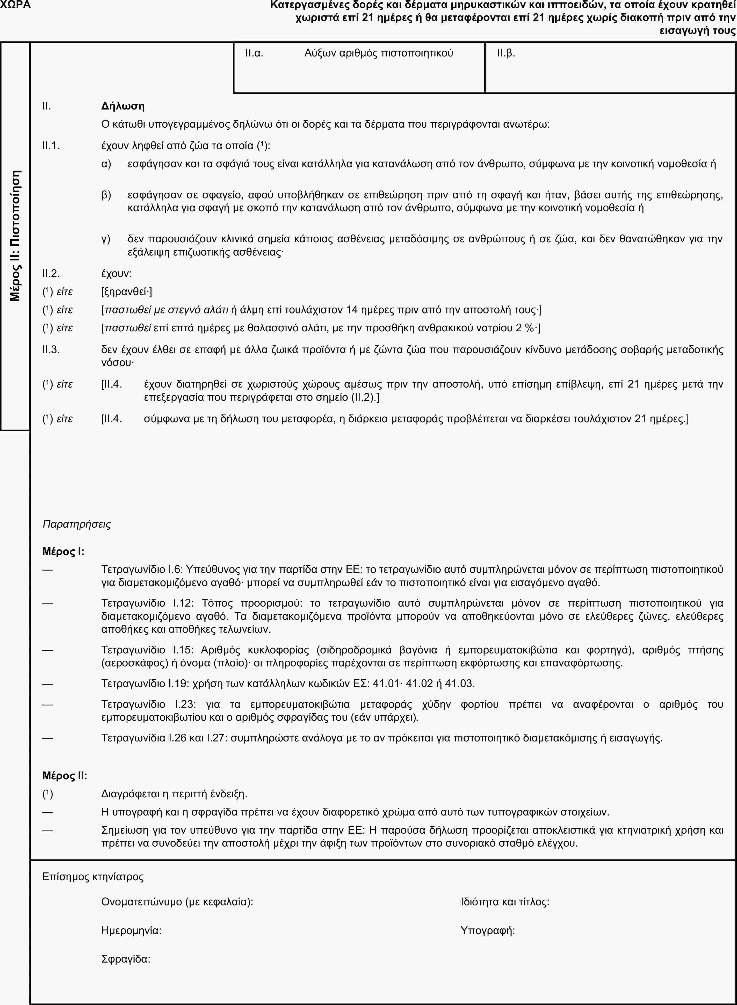 ΧΩΡΑΚατεργασμένες δορές και δέρματα μηρυκαστικών και ιπποειδών, τα οποία έχουν κρατηθεί χωριστά επί 21 ημέρες ή θα μεταφέρονται επί 21 ημέρες χωρίς διακοπή πριν από την εισαγωγή τουςΜέρος ΙΙ: ΠιστοποίησηII.α. Αύξων αριθμός πιστοποιητικούII.β.II. ΔήλωσηΟ κάτωθι υπογεγραμμένος δηλώνω ότι οι δορές και τα δέρματα που περιγράφονται ανωτέρω:II.1. έχουν ληφθεί από ζώα τα οποία (1):α) εσφάγησαν και τα σφάγιά τους είναι κατάλληλα για κατανάλωση από τον άνθρωπο, σύμφωνα με την κοινοτική νομοθεσία ήβ) εσφάγησαν σε σφαγείο, αφού υποβλήθηκαν σε επιθεώρηση πριν από τη σφαγή και ήταν, βάσει αυτής της επιθεώρησης, κατάλληλα για σφαγή με σκοπό την κατανάλωση από τον άνθρωπο, σύμφωνα με την κοινοτική νομοθεσία ήγ) δεν παρουσιάζουν κλινικά σημεία κάποιας ασθένειας μεταδόσιμης σε ανθρώπους ή σε ζώα, και δεν θανατώθηκαν για την εξάλειψη επιζωοτικής ασθένειας·II.2. έχουν:(1) είτε [ξηρανθεί·](1) είτε [παστωθεί με στεγνό αλάτι ή άλμη επί τουλάχιστον 14 ημέρες πριν από την αποστολή τους·](1) είτε [παστωθεί επί επτά ημέρες με θαλασσινό αλάτι, με την προσθήκη ανθρακικού νατρίου 2 %·]II.3. δεν έχουν έλθει σε επαφή με άλλα ζωικά προϊόντα ή με ζώντα ζώα που παρουσιάζουν κίνδυνο μετάδοσης σοβαρής μεταδοτικής νόσου·(1) είτε [II.4. έχουν διατηρηθεί σε χωριστούς χώρους αμέσως πριν την αποστολή, υπό επίσημη επίβλεψη, επί 21 ημέρες μετά την επεξεργασία που περιγράφεται στο σημείο (ΙΙ.2).](1) είτε [II.4. σύμφωνα με τη δήλωση του μεταφορέα, η διάρκεια μεταφοράς προβλέπεται να διαρκέσει τουλάχιστον 21 ημέρες.]ΠαρατηρήσειςΜέρος Ι:— Τετραγωνίδιο I.6: Υπεύθυνος για την παρτίδα στην ΕΕ: το τετραγωνίδιο αυτό συμπληρώνεται μόνον σε περίπτωση πιστοποιητικού για διαμετακομιζόμενο αγαθό· μπορεί να συμπληρωθεί εάν το πιστοποιητικό είναι για εισαγόμενο αγαθό.— Τετραγωνίδιο I.12: Τόπος προορισμού: το τετραγωνίδιο αυτό συμπληρώνεται μόνον σε περίπτωση πιστοποιητικού για διαμετακομιζόμενο αγαθό. Τα διαμετακομιζόμενα προϊόντα μπορούν να αποθηκεύονται μόνο σε ελεύθερες ζώνες, ελεύθερες αποθήκες και αποθήκες τελωνείων.— Τετραγωνίδιο I.15: Αριθμός κυκλοφορίας (σιδηροδρομικά βαγόνια ή εμπορευματοκιβώτια και φορτηγά), αριθμός πτήσης (αεροσκάφος) ή όνομα (πλοίο)· οι πληροφορίες παρέχονται σε περίπτωση εκφόρτωσης και επαναφόρτωσης.— Τετραγωνίδιο I.19: χρήση των κατάλληλων κωδικών ΕΣ: 41.01· 41.02 ή 41.03.— Τετραγωνίδιο I.23: για τα εμπορευματοκιβώτια μεταφοράς χύδην φορτίου πρέπει να αναφέρονται ο αριθμός του εμπορευματοκιβωτίου και ο αριθμός σφραγίδας του (εάν υπάρχει).— Τετραγωνίδια I.26 και I.27: συμπληρώστε ανάλογα με το αν πρόκειται για πιστοποιητικό διαμετακόμισης ή εισαγωγής.Μέρος ΙΙ:(1) Διαγράφεται η περιττή ένδειξη.— Η υπογραφή και η σφραγίδα πρέπει να έχουν διαφορετικό χρώμα από αυτό των τυπογραφικών στοιχείων.— Σημείωση για τον υπεύθυνο για την παρτίδα στην ΕΕ: Η παρούσα δήλωση προορίζεται αποκλειστικά για κτηνιατρική χρήση και πρέπει να συνοδεύει την αποστολή μέχρι την άφιξη των προϊόντων στο συνοριακό σταθμό ελέγχου.Επίσημος κτηνίατροςΟνοματεπώνυμο (με κεφαλαία):Ιδιότητα και τίτλος:Ημερομηνία:Υπογραφή:Σφραγίδα: