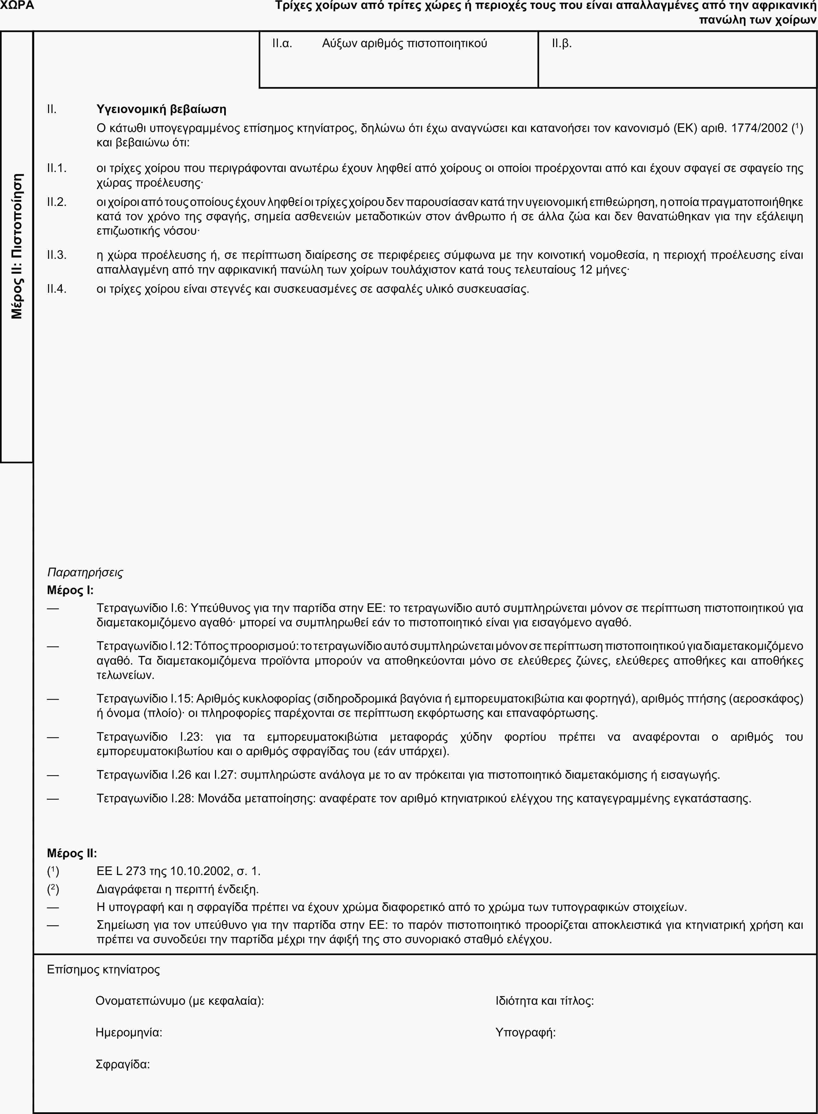 ΧΩΡΑΤρίχες χοίρων από τρίτες χώρες ή περιοχές τους που είναι απαλλαγμένες από την αφρικανική πανώλη των χοίρωνΜέρος ΙΙ: ΠιστοποίησηII.α. Αύξων αριθμός πιστοποιητικούII.β.II. Υγειονομική βεβαίωσηΟ κάτωθι υπογεγραμμένος επίσημος κτηνίατρος, δηλώνω ότι έχω αναγνώσει και κατανοήσει τον κανονισμό (ΕΚ) αριθ. 1774/2002 (1) και βεβαιώνω ότι:II.1. οι τρίχες χοίρου που περιγράφονται ανωτέρω έχουν ληφθεί από χοίρους οι οποίοι προέρχονται από και έχουν σφαγεί σε σφαγείο της χώρας προέλευσης·II.2. οι χοίροι από τους οποίους έχουν ληφθεί οι τρίχες χοίρου δεν παρουσίασαν κατά την υγειονομική επιθεώρηση, η οποία πραγματοποιήθηκε κατά τον χρόνο της σφαγής, σημεία ασθενειών μεταδοτικών στον άνθρωπο ή σε άλλα ζώα και δεν θανατώθηκαν για την εξάλειψη επιζωοτικής νόσου·II.3. η χώρα προέλευσης ή, σε περίπτωση διαίρεσης σε περιφέρειες σύμφωνα με την κοινοτική νομοθεσία, η περιοχή προέλευσης είναι απαλλαγμένη από την αφρικανική πανώλη των χοίρων τουλάχιστον κατά τους τελευταίους 12 μήνες·II.4. οι τρίχες χοίρου είναι στεγνές και συσκευασμένες σε ασφαλές υλικό συσκευασίας.ΠαρατηρήσειςΜέρος Ι:— Τετραγωνίδιο I.6: Υπεύθυνος για την παρτίδα στην ΕΕ: το τετραγωνίδιο αυτό συμπληρώνεται μόνον σε περίπτωση πιστοποιητικού για διαμετακομιζόμενο αγαθό· μπορεί να συμπληρωθεί εάν το πιστοποιητικό είναι για εισαγόμενο αγαθό.— Τετραγωνίδιο I.12: Τόπος προορισμού: το τετραγωνίδιο αυτό συμπληρώνεται μόνον σε περίπτωση πιστοποιητικού για διαμετακομιζόμενο αγαθό. Τα διαμετακομιζόμενα προϊόντα μπορούν να αποθηκεύονται μόνο σε ελεύθερες ζώνες, ελεύθερες αποθήκες και αποθήκες τελωνείων.— Τετραγωνίδιο I.15: Αριθμός κυκλοφορίας (σιδηροδρομικά βαγόνια ή εμπορευματοκιβώτια και φορτηγά), αριθμός πτήσης (αεροσκάφος) ή όνομα (πλοίο)· οι πληροφορίες παρέχονται σε περίπτωση εκφόρτωσης και επαναφόρτωσης.— Τετραγωνίδιο I.23: για τα εμπορευματοκιβώτια μεταφοράς χύδην φορτίου πρέπει να αναφέρονται ο αριθμός του εμπορευματοκιβωτίου και ο αριθμός σφραγίδας του (εάν υπάρχει).— Τετραγωνίδια I.26 και I.27: συμπληρώστε ανάλογα με το αν πρόκειται για πιστοποιητικό διαμετακόμισης ή εισαγωγής.— Τετραγωνίδιο I.28: Μονάδα μεταποίησης: αναφέρατε τον αριθμό κτηνιατρικού ελέγχου της καταγεγραμμένης εγκατάστασης.Μέρος ΙΙ:(1) ΕΕ L 273 της 10.10.2002, σ. 1.(2) Διαγράφεται η περιττή ένδειξη.— Η υπογραφή και η σφραγίδα πρέπει να έχουν χρώμα διαφορετικό από το χρώμα των τυπογραφικών στοιχείων.— Σημείωση για τον υπεύθυνο για την παρτίδα στην ΕΕ: το παρόν πιστοποιητικό προορίζεται αποκλειστικά για κτηνιατρική χρήση και πρέπει να συνοδεύει την παρτίδα μέχρι την άφιξή της στο συνοριακό σταθμό ελέγχου.Επίσημος κτηνίατροςΟνοματεπώνυμο (με κεφαλαία):Ιδιότητα και τίτλος:Ημερομηνία:Υπογραφή:Σφραγίδα: