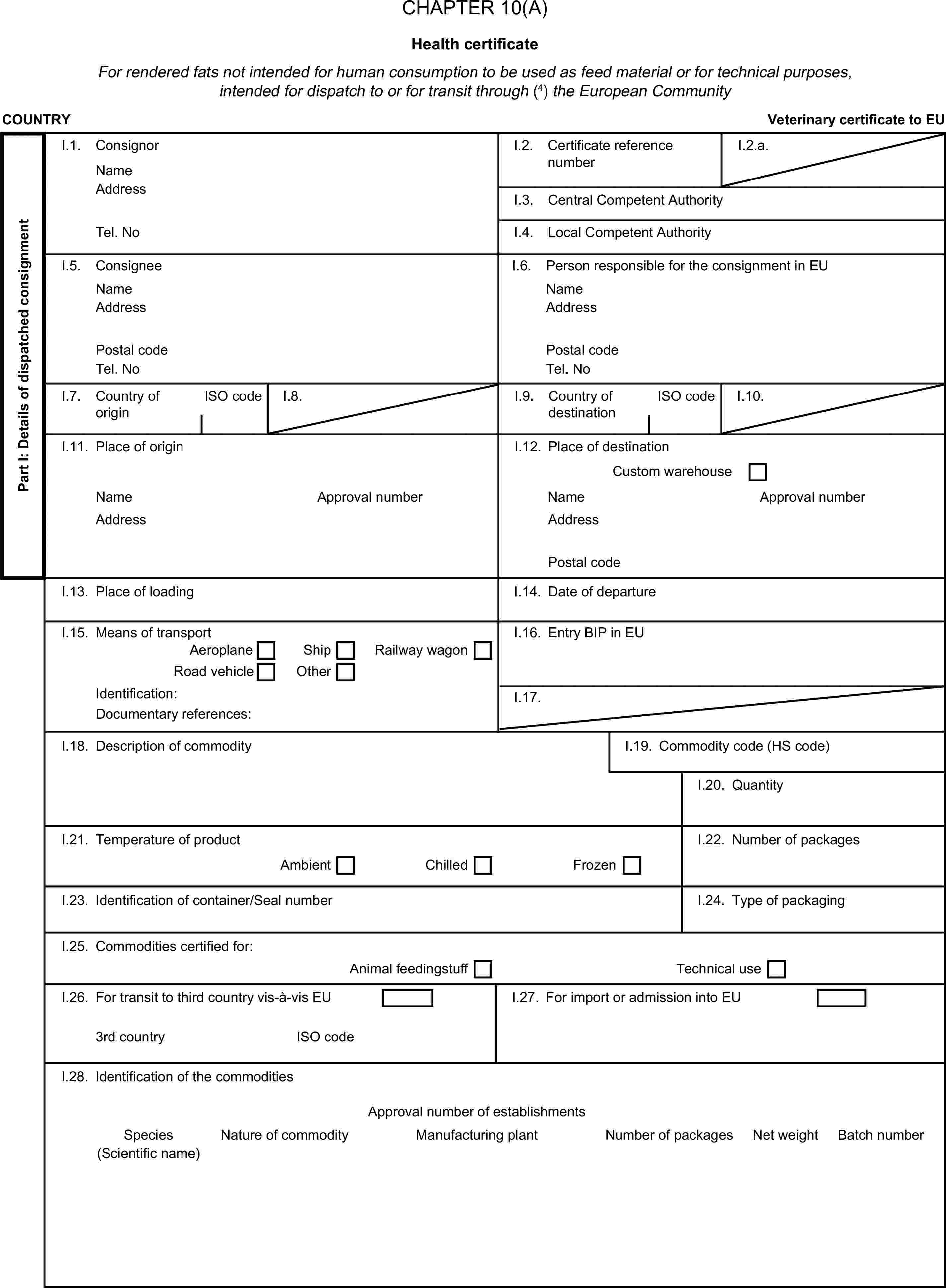 CHAPTER 10(A)Health certificateFor rendered fats not intended for human consumption to be used as feed material or for technical purposes, intended for dispatch to or for transit through (4) the European CommunityCOUNTRYVeterinary certificate to EUPart I: Details of dispatched consignmentI.1. ConsignorNameI.2. Certificate reference numberI.2.a.AddressI.3. Central Competent AuthorityTel. NoI.4. Local Competent AuthorityI.5. ConsigneeI.6. Person responsible for the consignment in EUNameNameAddressAddressPostal codePostal codeTel. NoTel. NoI.7. Country of originISO codeI.8.I.9. Country of destinationISO codeI.10.I.11. Place of originI.12. Place of destinationCustom warehouseNameApproval numberNameApproval numberAddressAddressPostal codeI.13. Place of loadingI.14. Date of departureI.15. Means of transportI.16. Entry BIP in EUAeroplaneShipRoad vehicleOtherRailway wagonIdentification:I.17.Documentary references:I.18. Description of commodityI.19. Commodity code (HS code)I.20. QuantityI.21. Temperature of productI.22. Number of packagesAmbientChilledFrozenI.23. Identification of container/Seal numberI.24. Type of packagingI.25. Commodities certified for:Animal feedingstuffTechnical useI.26. For transit to third country vis-à-vis EUI.27. For import or admission into EU3rd countryISO codeI.28. Identification of the commoditiesApproval number of establishmentsSpeciesNature of commodityManufacturing plantNumber of packagesNet weightBatch number(Scientific name)