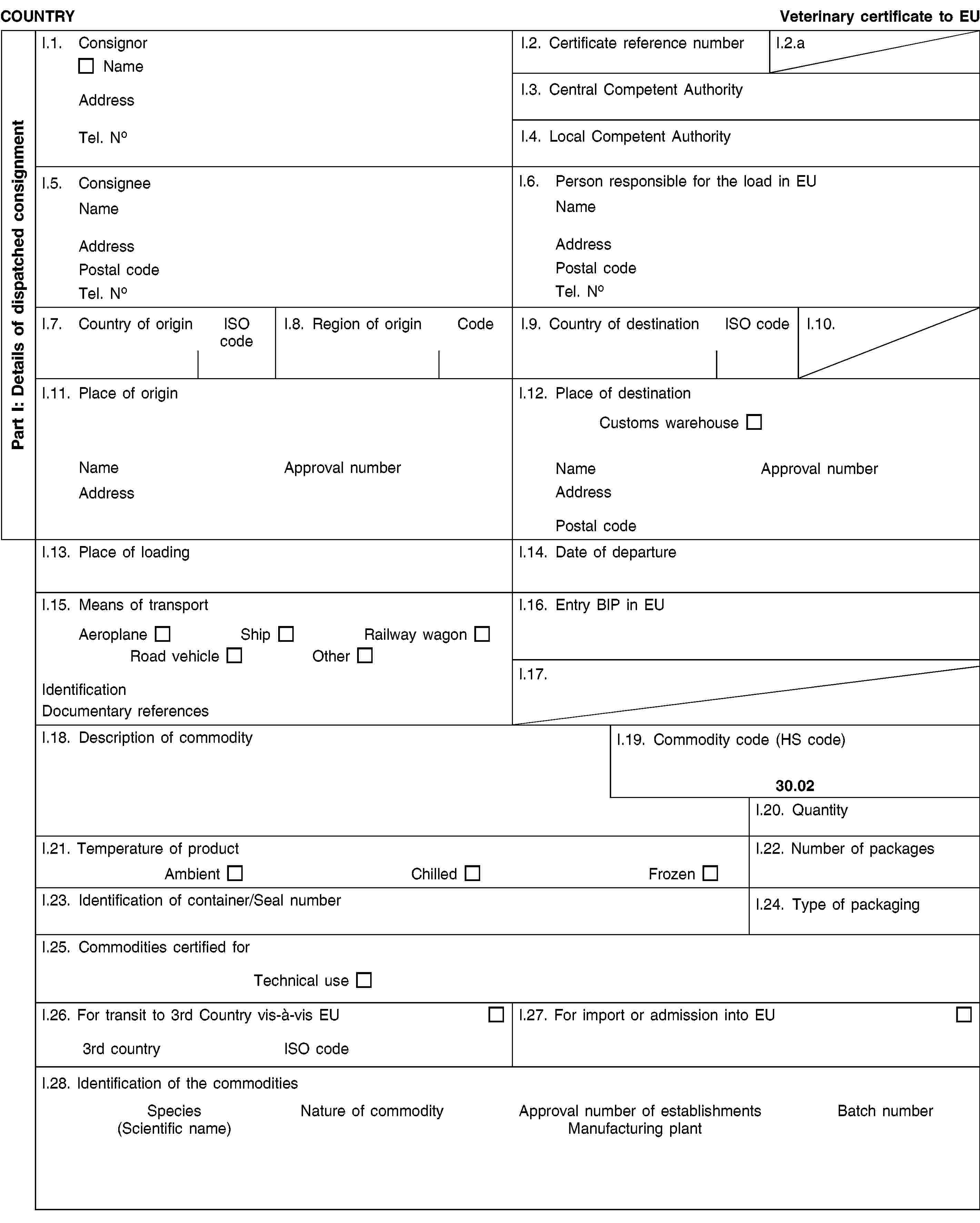 Part I: Details of dispatched consignmentCOUNTRYVeterinary certificate to EUI.1. ConsignorNameAddressTel. NoI.2. Certificate reference numberI.2.aI.3. Central Competent AuthorityI.4. Local Competent AuthorityI.5. ConsigneeNameAddressPostal codeTel. NoI.6. Person responsible for the load in EUNameAddressPostal codeTel. NoI.7. Country of originISO codeI.8. Region of originCodeI.9. Country of destinationISO codeI.10.I.11. Place of originNameApproval numberAddressI.12. Place of destinationCustoms warehouseNameApproval numberAddressPostal codeI.13. Place of loadingI.14. Date of departureI.15. Means of transportAeroplaneShipRailway wagonRoad vehicleOtherIdentificationDocumentary referencesI.16. Entry BIP in EUI.17.I.18. Description of commodityI.19. Commodity code (HS code)30.02I.20. QuantityI.21. Temperature of productAmbientChilledFrozenI.22. Number of packagesI.23. Identification of container/Seal numberI.24. Type of packagingI.25. Commodities certified forTechnical useI.26. For transit to 3rd Country vis-à-vis EU3rd countryISO codeI.27. For import or admission into EUI.28. Identification of the commoditiesSpecies(Scientific name)Nature of commodityApproval number of establishmentsManufacturing plantBatch number