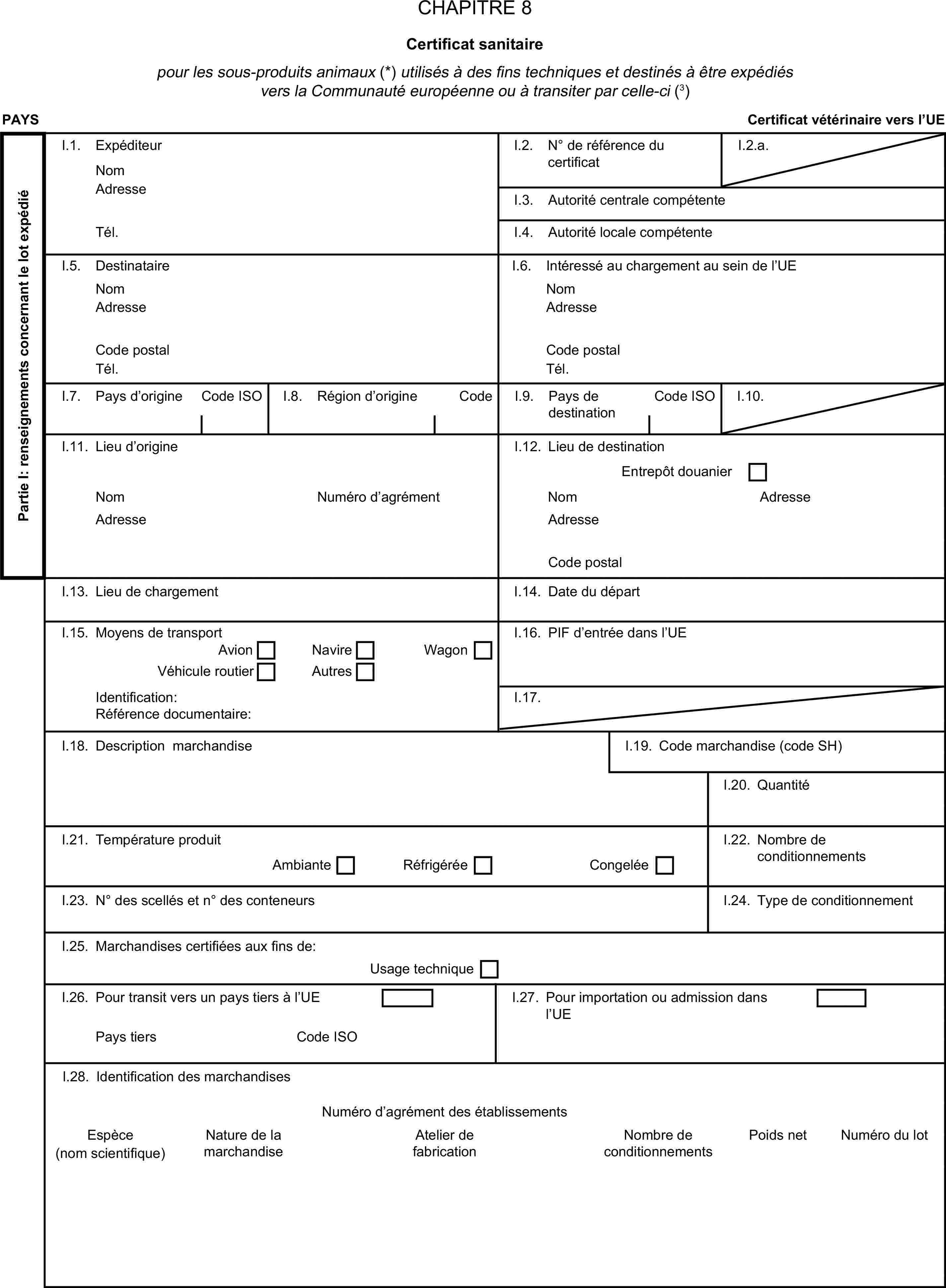 CHAPITRE 8Certificat sanitairepour les sous-produits animaux (*) utilisés à des fins techniques et destinés à être expédiés vers la Communauté européenne ou à transiter par celle-ci (3)PAYSCertificat vétérinaire vers l’UEPartie I: renseignements concernant le lot expédiéI.1. ExpéditeurNomI.2. N° de référence du certificatI.2.a.AdresseI.3. Autorité centrale compétenteTél.I.4. Autorité locale compétenteI.5. DestinataireI.6. Intéressé au chargement au sein de l’UENomNomAdresseAdresseCode postalCode postalTél.Tél.I.7. Pays d’origineCode ISOI.8. Région d’origineCodeI.9. Pays de destinationCode ISOI.10.I.11. Lieu d’origineI.12. Lieu de destinationEntrepôt douanierNomNuméro d’agrémentNomAdresseAdresseAdresseCode postalI.13. Lieu de chargementI.14. Date du départI.15. Moyens de transportI.16. PIF d’entrée dans l’UEAvionNavireWagonVéhicule routierAutresIdentification:I.17.Référence documentaire:I.18. Description marchandiseI.19. Code marchandise (code SH)I.20. QuantitéI.21. Température produitI.22. Nombre de conditionnementsAmbianteRéfrigéréeCongeléeI.23. N° des scellés et n° des conteneursI.24. Type de conditionnementI.25. Marchandises certifiées aux fins de:Usage techniqueI.26. Pour transit vers un pays tiers à l’UEI.27. Pour importation ou admission dans l’UEPays tiersCode ISOI.28. Identification des marchandisesNuméro d’agrément des établissementsEspèce(nom scientifique)Nature de la marchandiseAtelier de fabricationNombre de conditionnementsPoids netNuméro du lot