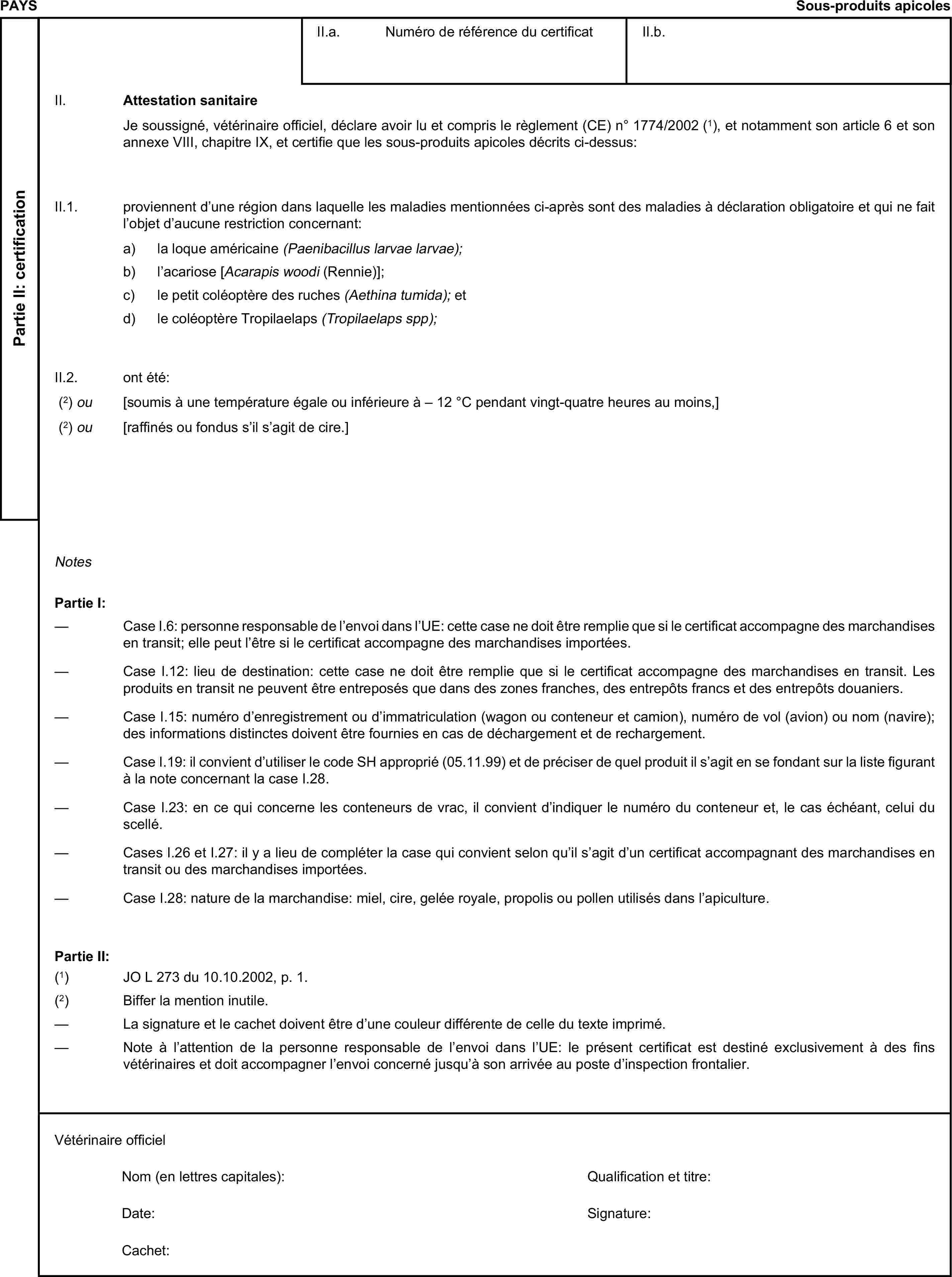 PAYSSous-produits apicolesPartie II: certificationII.a. Numéro de référence du certificatII.b.II. Attestation sanitaireJe soussigné, vétérinaire officiel, déclare avoir lu et compris le règlement (CE) n° 1774/2002 (1), et notamment son article 6 et son annexe VIII, chapitre IX, et certifie que les sous-produits apicoles décrits ci-dessus:II.1. proviennent d’une région dans laquelle les maladies mentionnées ci-après sont des maladies à déclaration obligatoire et qui ne fait l’objet d’aucune restriction concernant:a) la loque américaine (Paenibacillus larvae larvae);b) l’acariose [Acarapis woodi (Rennie)];c) le petit coléoptère des ruches (Aethina tumida); etd) le coléoptère Tropilaelaps (Tropilaelaps spp);II.2. ont été:(2) ou [soumis à une température égale ou inférieure à – 12 °C pendant vingt-quatre heures au moins,](2) ou [raffinés ou fondus s’il s’agit de cire.]NotesPartie I:— Case I.6: personne responsable de l’envoi dans l’UE: cette case ne doit être remplie que si le certificat accompagne des marchandises en transit; elle peut l’être si le certificat accompagne des marchandises importées.— Case I.12: lieu de destination: cette case ne doit être remplie que si le certificat accompagne des marchandises en transit. Les produits en transit ne peuvent être entreposés que dans des zones franches, des entrepôts francs et des entrepôts douaniers.— Case I.15: numéro d’enregistrement ou d’immatriculation (wagon ou conteneur et camion), numéro de vol (avion) ou nom (navire); des informations distinctes doivent être fournies en cas de déchargement et de rechargement.— Case I.19: il convient d’utiliser le code SH approprié (05.11.99) et de préciser de quel produit il s’agit en se fondant sur la liste figurant à la note concernant la case I.28.— Case I.23: en ce qui concerne les conteneurs de vrac, il convient d’indiquer le numéro du conteneur et, le cas échéant, celui du scellé.— Cases I.26 et I.27: il y a lieu de compléter la case qui convient selon qu’il s’agit d’un certificat accompagnant des marchandises en transit ou des marchandises importées.— Case I.28: nature de la marchandise: miel, cire, gelée royale, propolis ou pollen utilisés dans l’apiculture.Partie II:(1) JO L 273 du 10.10.2002, p. 1.(2) Biffer la mention inutile.— La signature et le cachet doivent être d’une couleur différente de celle du texte imprimé.— Note à l’attention de la personne responsable de l’envoi dans l’UE: le présent certificat est destiné exclusivement à des fins vétérinaires et doit accompagner l’envoi concerné jusqu’à son arrivée au poste d’inspection frontalier.Vétérinaire officielNom (en lettres capitales):Qualification et titre:Date:Signature:Cachet: